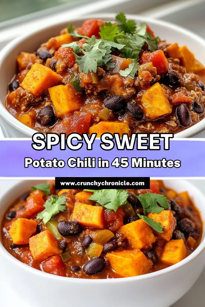 Discover the ultimate spicy sweet potato chili recipe with our healthy spicy chili featuring chipotle for an extra kick! This vegetarian chili with sweet potatoes, black beans, and zesty spices is perfect for cozy dinners. Ready in just 45 minutes, it's not only delicious but also packed with nutrients. Try this black bean sweet potato chili tonight and enjoy hearty flavors! Save this recipe for your next meal! #SpicyChili #SweetPotatoRecipe #VegetarianChili #HealthyEating