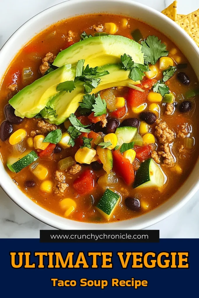 Looking for a delicious and healthy taco soup recipe? Try this veggie loaded taco soup packed with fresh vegetables and hearty beans! This easy taco soup is perfect for a quick weeknight dinner and is entirely plant-based. Enjoy a bowl of this tasty vegetarian soup recipe topped with avocado and cilantro. Save this recipe for a comforting meal that everyone will love! #VeggieLoadedTacoSoup #HealthyTacoSoup #EasyTacoSoup #PlantBasedTacoSoup