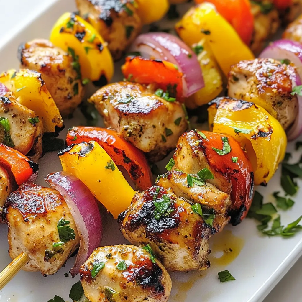 - 1 lb boneless, skinless chicken thighs, cut into 1-inch cubes - 1 cup plain Greek yogurt - 1 bell pepper, cut into 1-inch pieces - 1 medium red onion, cut into wedges - 2 tablespoons extra virgin olive oil - 3 cloves garlic, finely minced - 1 tablespoon fresh lemon juice - 1 teaspoon dried oregano - 1 teaspoon ground cumin - 1 teaspoon smoked paprika - Salt and freshly ground black pepper, to taste - Skewers (wooden or metal) - Grill or grill pan Gather these ingredients and tools for the best results. The chicken thighs provide rich flavor, while Greek yogurt adds moisture and tang. The veggies bring color and crunch. The marinade is packed with garlic, lemon, and spices, which enhance every bite. You can use either wooden or metal skewers; just soak the wooden ones in water before grilling. This will help them not burn. Trust me, these kebabs will become a favorite! {{ingredient_image_2}} To make the marinade, start by mixing one cup of plain Greek yogurt with two tablespoons of extra virgin olive oil. Add three minced garlic cloves, one tablespoon of fresh lemon juice, one teaspoon of dried oregano, one teaspoon of ground cumin, and one teaspoon of smoked paprika. Season with salt and pepper. Stir until it is smooth and well combined. This mix will tenderize and flavor the chicken. Once done, cut your chicken thighs into one-inch cubes. Carefully add them to the marinade. Make sure each piece is coated completely. This step is key for a tasty end result. Cover the bowl tightly with plastic wrap. The best marinating time is at least one hour. However, for fantastic flavor, let it sit overnight. This allows the spices to sink deep into the chicken. The yogurt helps break down the meat, making it juicy and tender. If you are using wooden skewers, soak them in water for at least 30 minutes. This stops them from burning on the grill. After soaking, it’s time to assemble the kebabs. Thread the marinated chicken cubes onto the skewers. Alternate with colorful pieces of bell pepper and onion. This not only looks great but also adds extra flavor. Aim for a mix of colors for a vibrant dish. Before grilling, preheat your grill or grill pan to medium-high heat. This ensures nice grill marks and even cooking. Place the assembled skewers on the grill. Cook for about 10 to 12 minutes. Remember to turn them every few minutes. This helps them cook evenly. Use a meat thermometer to check if the chicken is done. It should reach an internal temperature of 165°F (75°C). Once cooked, let the kebabs rest for a couple of minutes. This step is important as it helps keep the juices locked in. You can serve them with lemon wedges and tzatziki sauce for a refreshing touch. To make your marinade shine, play with flavors. You can add more garlic or lemon juice for a zesty kick. If you like it spicy, try adding a pinch of cayenne pepper. Remember, salt and acidity are key. Salt helps tenderize the chicken, while acidity from lemon juice brightens the flavor. This balance boosts your dish to a new level. You can cook these kebabs in different ways. Grilling gives a smoky flavor and great grill marks. The oven is perfect for a hands-off method. If you use the stovetop, a grill pan works wonders. To get those amazing grill marks, make sure your grill is hot before you start cooking. Give the kebabs space on the grill. This helps them sear nicely. Pair these kebabs with fresh sides. A colorful salad or grilled vegetables works well. Tzatziki sauce is a must for dipping. It cools the dish and adds creaminess. For a great presentation, arrange the kebabs on a big platter. Sprinkle chopped parsley on top for color. A drizzle of olive oil gives a nice shine. Serve with lemon wedges for a bright touch. Pro Tips Marinate Longer for Depth: For the best flavor, marinate the chicken overnight. The longer the chicken sits in the yogurt marinade, the more tender and flavorful it will become. Experiment with Veggies: Feel free to substitute or add other vegetables like zucchini, cherry tomatoes, or mushrooms to the skewers for a more colorful and nutritious dish. Check for Doneness: Always use a meat thermometer to ensure the chicken is cooked through. The internal temperature should reach 165°F (75°C) for safe consumption. Rest Before Serving: Let the kebabs rest for a few minutes after grilling. This allows the juices to redistribute, ensuring each bite is juicy and flavorful. {{image_4}} You can easily switch up the protein in these kebabs. Try using shrimp, lamb, or even tofu for a fun twist. Each option brings a unique flavor and texture. For vegetables, bell peppers and onions work great, but you can also use zucchini, mushrooms, or cherry tomatoes. These veggies add color and flavor to your dish. Adding different herbs and spices can change the whole dish. For a spicy kick, include some cayenne or chili powder. Fresh herbs like basil or cilantro can also brighten the flavor. You can explore marinades from other cuisines too. Think about adding soy sauce and ginger for an Asian twist. Or use curry powder for a taste of India. Each will give your kebabs a new life. You can serve these kebabs in fun ways. Try them in a salad with mixed greens, cucumbers, and tomatoes. A drizzle of olive oil and lemon juice makes a refreshing dressing. Another option is to make wraps. Use pita bread or flatbread, and fill it with the kebabs, veggies, and a dollop of tzatziki. This adds a delicious creaminess to every bite. Skewering with different accompaniments, like grilled corn or pineapple, can also make your meal exciting. The sweet and smoky flavors pair nicely with the chicken. After enjoying your Greek yogurt marinated chicken kebabs, you might have some left. Store them in an airtight container in the fridge. This keeps them fresh and safe. They will stay good for about 3 to 4 days. Make sure to let them cool down before sealing. This helps prevent moisture buildup and keeps them from getting soggy. When you reheat chicken kebabs, you want to keep them juicy. Use an oven or stovetop for the best results. If you use the oven, set it to 350°F (175°C). Place the kebabs on a baking sheet and cover them with foil. This keeps moisture in. Heat for about 10-15 minutes or until warm. If you use the stovetop, heat a skillet over low heat. Add a splash of water and cover the pan. This method also helps keep the chicken moist. You can freeze kebabs both before and after cooking. To freeze before cooking, marinate the chicken and then place it in a freezer bag. Make sure to remove excess air. This keeps the chicken fresh for about 3 months. To freeze after cooking, let the kebabs cool first. Then, wrap them tightly in foil or place them in a freezer-safe container. They will last about 2-3 months in the freezer. When you’re ready to eat frozen kebabs, thaw them in the fridge overnight. This helps them heat evenly and stay juicy. For the best results, I recommend marinating your chicken for at least one hour. However, marinating overnight is even better. This longer time allows the chicken to soak up all the flavors from the yogurt and spices. The yogurt helps tenderize the meat, making it juicy and tasty. Yes, you can use chicken breasts. They will cook faster than thighs. Chicken thighs have more fat, which gives them a richer flavor and keeps them juicy. Breasts can be drier if overcooked, so watch the cooking time closely. These kebabs pair well with many sides. I suggest serving them with a fresh Greek salad or fluffy rice. You can also add some warm pita bread on the side. A cooling tzatziki sauce is great for dipping, too! To check if your chicken is fully cooked, use a meat thermometer. Insert it into the thickest part of the chicken. The internal temperature should reach 165°F (75°C). Once it hits this temperature, you can be sure it’s safe to eat. This recipe for Greek yogurt marinated chicken kebabs is simple and tasty. We covered the key ingredients, including chicken, yogurt, and fresh veggies. I shared how to prepare and marinate the chicken for the best flavor. We explored tips for grilling and serving, along with fun variations and storage ideas. You can create a delicious meal that you and your loved ones will enjoy. Dive into this cooking adventure and make it your own!