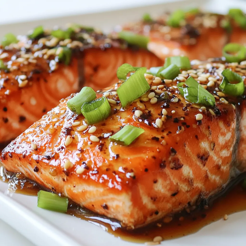 To make honey garlic glazed salmon, gather these simple ingredients: - 4 salmon fillets (approximately 6 ounces each) - 1/4 cup pure honey - 4 cloves of garlic, finely minced - 2 tablespoons soy sauce (or tamari for a gluten-free option) - 1 tablespoon extra virgin olive oil - 1 teaspoon freshly grated ginger - Juice from 1 large lemon (about 2 tablespoons) - Salt and freshly ground black pepper to taste - Chopped green onions for garnish - Toasted sesame seeds for garnish This dish is not only tasty but also offers good nutrition. Each serving has around: - Calories: 350 - Protein: 30g - Carbohydrates: 25g - Fat: 15g - Fiber: 1g The salmon provides healthy omega-3 fats. Honey adds natural sweetness, while garlic has many health benefits. Honey and garlic are not just tasty; they are also good for you. - Honey: It has antioxidants and can help soothe a sore throat. It also adds natural sweetness to dishes without refined sugars. - Garlic: This little bulb is powerful. It may help lower blood pressure and boost your immune system. Garlic can also add rich flavor to many meals. Using honey and garlic in this recipe can elevate your dish and support your health. Enjoy the tasty benefits! {{ingredient_image_2}} Start by gathering your ingredients. You need honey, garlic, soy sauce, olive oil, ginger, and lemon juice. In a medium bowl, mix together: - 1/4 cup pure honey - 4 cloves of garlic, finely minced - 2 tablespoons soy sauce - 1 tablespoon extra virgin olive oil - 1 teaspoon freshly grated ginger - Juice from 1 large lemon (about 2 tablespoons) Whisk these items until they blend well. This combination gives your salmon a sweet and savory flavor. Next, take your salmon fillets. You will use four fillets, each about 6 ounces. Place them in a large resealable plastic bag or a shallow glass dish. Pour the marinade over the salmon. Make sure each fillet gets coated. Seal the bag or cover the dish. Now, refrigerate for at least 30 minutes. If you have time, let it sit for up to 2 hours for extra flavor. Preheat your oven to 400°F (200°C). While it warms, line a baking sheet with parchment paper. This keeps the salmon from sticking. After marinating, take the salmon out. Remove the fillets from the marinade and let the extra liquid drip off. Arrange the salmon on the baking sheet. Keep the leftover marinade for later. Bake the salmon for 12-15 minutes. The fish should flake easily with a fork when done. In the last 5 minutes, brush the salmon with the reserved marinade. This step adds a glossy finish. Once cooked, let it rest for a minute. Enjoy your beautifully glazed salmon! To get the best glaze, focus on two key steps. First, marinate the salmon long enough. I recommend at least 30 minutes and up to 2 hours. This lets the flavors soak in. Second, brush the salmon with the marinade during the last 5 minutes of cooking. This adds a shiny, sticky layer that tastes amazing. Cooking time is vital for perfect salmon. Bake the salmon at 400°F (200°C) for 12 to 15 minutes. The fish should flake easily with a fork when it’s done. If you like it a bit crisp, leave it in for a minute more. But watch closely to avoid drying it out. Honey garlic glazed salmon pairs well with many sides. Here are some of my favorites: - Steamed broccoli - Garlic mashed potatoes - Quinoa salad - Roasted asparagus - Brown rice with herbs These sides complement the salmon’s sweet and savory flavor, making your meal even better! Pro Tips Marination Magic: The longer you marinate the salmon, the deeper the flavors will penetrate the fish. Aim for at least 1 hour, but 2 hours is ideal for maximum taste. Oven Thermometer: Ensure your oven is at the correct temperature by using an oven thermometer. This helps achieve perfectly cooked salmon without drying it out. Leftover Marinade: Always reserve some marinade to baste the salmon during cooking. This not only adds flavor but also gives the fish a beautiful glaze. Serving Suggestions: Pair the glazed salmon with steamed vegetables or a fresh salad for a well-rounded meal. A side of rice or quinoa also complements the dish beautifully. {{image_4}} You can make this dish gluten-free easily. Just use tamari instead of soy sauce. Tamari tastes similar but has no gluten. This small swap keeps the flavor intact while making it safe for those with gluten sensitivity. If you want to change how you cook the salmon, try grilling it. Preheat your grill and place the marinated salmon on the grates. Grill for about 4-5 minutes per side. This method gives a lovely smoky flavor. You can also pan-sear the salmon. Heat oil in a skillet and cook the fillets for 4-5 minutes on each side until golden brown. Both methods provide great texture and flavor. To kick up the flavor, use fresh herbs or spices. Try adding chopped cilantro or parsley to the marinade. You can also sprinkle some red pepper flakes for heat. Lemon zest adds brightness, while a dash of cumin gives a warm flavor. These small changes can tailor the dish to your taste. Store leftovers in an airtight container. This keeps the salmon fresh for up to three days. Place the salmon in the fridge. For best results, let it cool before sealing. To reheat, use the oven or microwave. If using the oven, preheat it to 350°F (175°C). Place the salmon on a baking sheet and cover it with foil. Heat for about 10 minutes or until warm. If using a microwave, place the salmon on a plate. Heat it in short bursts, checking often so it doesn't dry out. You can freeze honey garlic glazed salmon. Wrap each fillet tightly in plastic wrap, then place them in a freezer bag. Remove as much air as possible. This keeps the salmon safe for up to three months. To thaw, place it in the fridge overnight before reheating. You should marinate the salmon for at least 30 minutes. This time allows the flavor to seep in. For a richer taste, marinate it for up to 2 hours. Just remember not to exceed this time, as it can change the texture. Yes, you can use other fish like trout or cod. These fish can handle the honey garlic glaze well. Just adjust the cooking time based on the thickness of the fillets. Ensure they are cooked until flaky but not dry. Some great side dishes include: - Steamed broccoli - Garlic mashed potatoes - Quinoa salad - Roasted asparagus - Rice pilaf These sides complement the rich, sweet flavor of the salmon. They also add color and nutrition to your meal. This blog post shared how to make honey garlic glazed salmon. We covered the needed ingredients, from honey to garlic, and their benefits. Then, I walked you through step-by-step instructions to make the marinade, marinate, and bake the fish. I also gave tips for a perfect glaze and shared variations, like gluten-free options and cooking methods. Lastly, I discussed storage and reheating. Now, you can enjoy a tasty, healthy dish easily. Happy cooking!