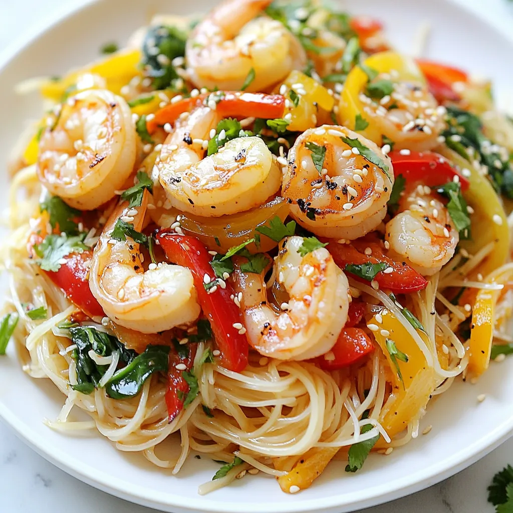 - 8 oz rice noodles - 1 lb shrimp, peeled and deveined - 2 tablespoons vegetable oil - 4 cloves garlic, minced - 1 red chili, thinly sliced (adjust for spice level) - 1 bell pepper, thinly sliced - 2 cups baby spinach leaves - 3 tablespoons soy sauce - 1 tablespoon fish sauce - 1 tablespoon freshly squeezed lime juice - 1 tablespoon brown sugar - 2 green onions, chopped - Fresh cilantro leaves, for garnish - Sesame seeds, for garnish Gathering fresh ingredients is key for this dish. Use good quality shrimp for the best flavor. The rice noodles should be firm but tender. The garlic and chili bring a punch of flavor. The bell pepper adds color and crunch. Fresh lime juice brightens the dish. Brown sugar helps balance the spice with sweetness. I recommend using baby spinach for its mild taste. When chopping, keep the pieces small for easy mixing. Green onions add a fresh note. Cilantro gives a burst of flavor and looks great. Sesame seeds are the finishing touch for crunch. Each ingredient plays a role in making this dish delicious. {{ingredient_image_2}} Start by cooking 8 oz of rice noodles. Follow the package instructions so they reach al dente. Drain the noodles in a colander and let them cool for a few minutes. This helps keep them from sticking together. In a large pan or wok, heat 2 tablespoons of vegetable oil over medium heat. When the oil is hot, add 4 cloves of minced garlic and 1 thinly sliced red chili. Stir for about 1 minute. The garlic should smell great and turn golden. Now, increase the heat to medium-high. Add 1 pound of peeled and deveined shrimp to the pan. Spread them out for even cooking. Sauté for 2-3 minutes, until the shrimp turn pink and opaque. Use a slotted spoon to remove the shrimp and set them aside. In the same pan, add 1 thinly sliced bell pepper. Stir-fry for about 2 minutes until it starts to soften and look bright. Next, add 2 cups of baby spinach leaves. Stir until the spinach wilts, which should take about 1 minute. Lower the heat a bit. Return the cooked shrimp to the pan. Add the cooled rice noodles. Drizzle in 3 tablespoons of soy sauce, 1 tablespoon of fish sauce, 1 tablespoon of lime juice, and 1 tablespoon of brown sugar. Toss everything together for about 1-2 minutes. This ensures every bite is coated in flavor. Remove the pan from heat. Garnish your dish with chopped green onions, fresh cilantro, and sesame seeds. Serve the Spicy Garlic Shrimp Noodles hot. Enjoy the vibrant colors and great taste! To get the best results, follow these cooking times: - Rice Noodles: Cook for about 5-7 minutes until al dente. - Shrimp: Sauté for 2-3 minutes. They should turn pink and opaque. Make sure the shrimp are fully cooked. If they are still gray, they need more time. Overcooked shrimp become rubbery, so watch closely. If you want to switch things up, consider these options: - Shrimp Alternatives: You can use chicken or firm tofu instead. Both options cook well with the same method. - Noodle Variations: Try egg noodles or whole-grain pasta for different flavors. You can also mix in seasonal vegetables like snap peas or broccoli. How you serve your dish can elevate the meal: - Use Shallow Bowls: This way, the colors pop and look more appealing. - Add Lime Wedges: Place a wedge on the side for a fresh, zesty touch. It adds brightness to the dish and lets everyone adjust the flavor to their liking. Pro Tips Tip Title: Use Fresh Ingredients: Fresh shrimp and vegetables will enhance the flavor and texture of your dish, making it more enjoyable. Tip Title: Adjust Spice Level: Modify the amount of red chili based on your spice preference. Start with less if you're unsure and add more as needed. Tip Title: Perfectly Cooked Noodles: Ensure your rice noodles are cooked al dente for the best texture. They will continue to cook slightly when combined with the hot ingredients. Tip Title: Garnish for Presentation: Use fresh cilantro and sesame seeds not only for flavor but also to make your dish visually appealing. {{image_4}} To change the heat of your Spicy Garlic Shrimp Noodles, you can easily adjust the chili used. If you want more heat, use two red chilis instead of one. You can also try using a hotter chili like a serrano. To decrease the heat, simply remove the seeds from the chili. This small step can make a big difference. You can make this dish more colorful and nutritious by adding more veggies. Consider using snap peas, carrots, or zucchini. These vegetables add crunch and flavor. You can also use seasonal produce, like asparagus in spring or squash in fall. Just chop them into bite-sized pieces and stir-fry them with the other veggies. If you want to switch proteins, chicken and tofu are great options. For chicken, use boneless pieces cut into bite-sized parts. Cook them for about 5-7 minutes until they are no longer pink. If you choose tofu, use firm tofu and cut it into cubes. Sauté it for about 4-5 minutes until golden. Adjust the cooking time based on the protein you choose to ensure it cooks properly. To keep your spicy garlic shrimp noodles fresh, store them in an airtight container. Let the noodles cool to room temperature before sealing. This helps prevent sogginess. You can safely refrigerate them for up to three days. Eating them within this time frame ensures great taste and quality. You can freeze spicy garlic shrimp noodles if you want to save them for later. First, separate the shrimp and noodles from the veggies. Place each in a freezer-safe bag. Remove as much air as possible to prevent freezer burn. They will stay fresh for about two months. When you’re ready to eat, thaw them overnight in the fridge. To reheat, simply warm them in a pan over medium heat until heated through. Leftovers can be a fun way to mix things up. Try adding them to a salad for a crunchy twist. You could also use them as a filling for wraps or spring rolls. To brighten the dish, serve with a side of fresh lime wedges or a sprinkle of extra cilantro. These small changes make your leftovers exciting and enjoyable. To cook rice noodles, follow these steps: - Boil water in a large pot. - Add 8 oz of rice noodles. - Cook for 4-5 minutes until tender. - Drain in a colander. - Rinse under cold water to stop cooking. Rinsing helps keep the noodles from sticking. You want them al dente, which means they have a slight bite. This texture is key for the dish. Yes, you can prep this dish in advance. Here are some tips: - Cook the rice noodles and store them in the fridge for up to two days. - You can also sauté the shrimp and vegetables ahead of time. - Keep the sauce separate until you're ready to serve. This way, you save time! Just combine everything when it's time to eat. Some great sides to pair with your noodles include: - Steamed broccoli. - Crispy spring rolls. - A fresh green salad. These sides add color and crunch. They also balance the spice in the noodles. To scale the recipe, follow these steps: - Double or triple the ingredients based on the number of servings you need. - Keep the cooking times similar, but watch for doneness. - If you increase the shrimp, ensure your pan can hold them all. This way, everyone gets to enjoy these tasty noodles! In this post, we explored how to make tasty spicy garlic shrimp noodles. We covered the key ingredients, step-by-step cooking instructions, and tips for perfecting your dish. Remember, adjusting spice levels and adding veggies can change the flavor. Don't forget to try different protein options too. With the right storage tips, you can enjoy leftovers deliciously. Cooking can be fun, so experiment and make this dish your own! Enjoy every bite of your creation.