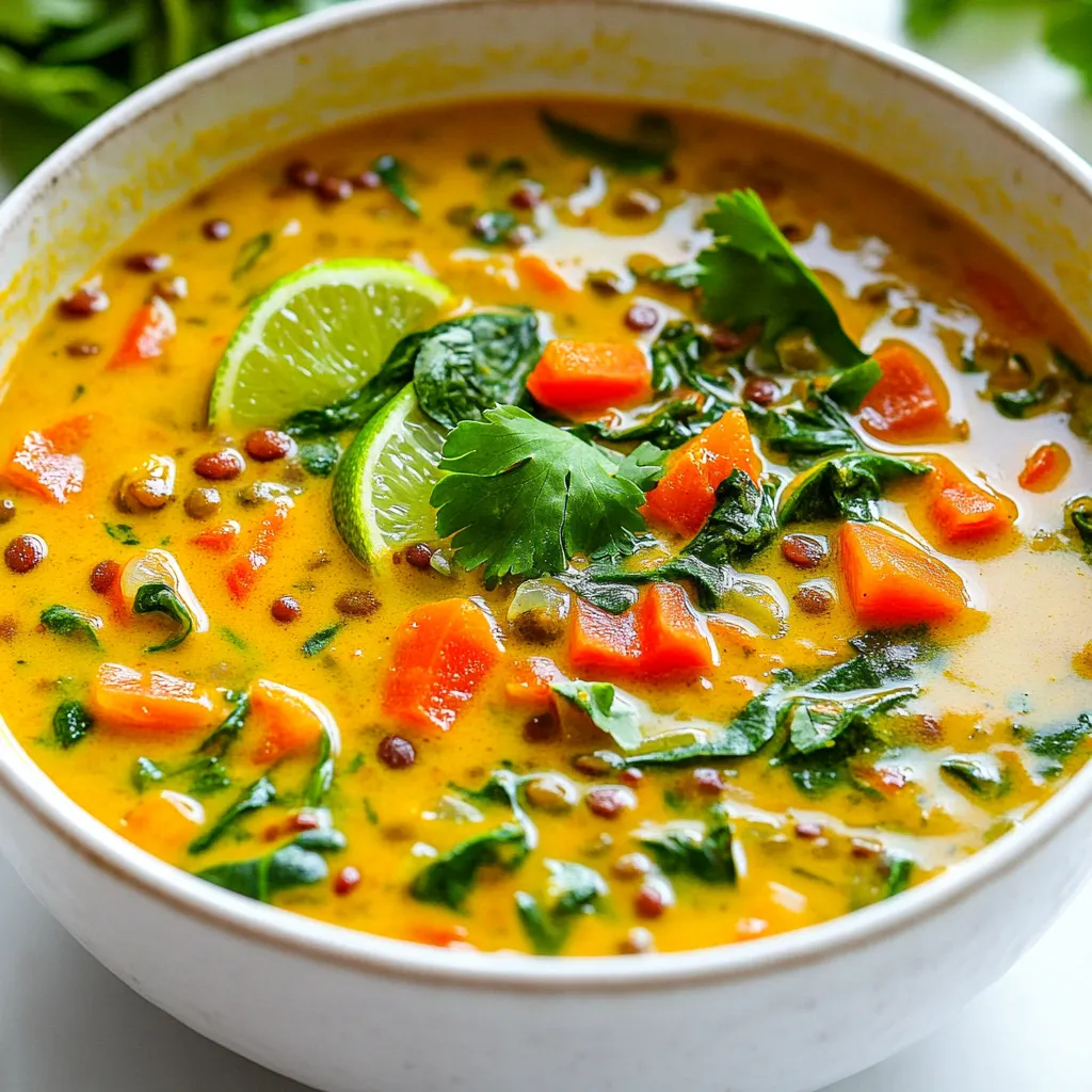 - 1 cup green or brown lentils, thoroughly rinsed - 1 can (400ml) creamy coconut milk - 4 cups rich vegetable broth - 1 medium onion, finely diced - 3 cloves garlic, minced - 1 tablespoon fresh ginger, finely grated - 1 tablespoon vibrant red curry paste - 1 teaspoon aromatic turmeric powder - 1 teaspoon earthy cumin powder - 1 cup carrots, peeled and diced into small cubes - 1 cup bell pepper, diced (choose your favorite color) - 1 cup fresh spinach leaves, roughly chopped - 2 tablespoons extra virgin olive oil - Salt and pepper, to taste - Fresh cilantro, for garnishing - Lime wedges, for serving - Large heavy-bottomed pot - Wooden spoon or spatula - Measuring cups and spoons - Knife and cutting board - Ladle Coconut curry lentil soup is not just yummy; it is also good for you. This soup is rich in fiber and protein from lentils. Each serving provides vitamins from the vegetables. The coconut milk adds healthy fats, making it filling. Here’s a simple breakdown: - Calories: About 300 per serving - Protein: 12 grams - Carbohydrates: 45 grams - Fiber: 15 grams - Fat: 10 grams - Iron: 3 mg - Vitamin A: 250% of daily value This soup is a great meal choice for a healthy diet. {{ingredient_image_2}} 1. Start by heating 2 tablespoons of extra virgin olive oil in a large pot over medium heat. 2. Once the oil is hot, add 1 medium onion, finely diced. Sauté for 3-4 minutes until it turns soft and clear. 3. Next, add 3 minced garlic cloves and 1 tablespoon of fresh ginger, grated. Cook for another 1-2 minutes. The smell should be amazing! 4. Stir in 1 tablespoon of red curry paste, 1 teaspoon of turmeric powder, and 1 teaspoon of cumin powder. Let them cook for 1 minute to blend the flavors. 5. Now, pour in 4 cups of vegetable broth and 1 can of creamy coconut milk. Stir everything together until it mixes well. 6. Add 1 cup of rinsed lentils, 1 cup of diced carrots, and 1 cup of diced bell pepper. Bring it to a boil, then lower the heat to a simmer. Cover the pot and cook for 25-30 minutes. 7. Once the lentils and veggies are soft, add 1 cup of roughly chopped spinach. Cook for an additional 2-3 minutes until the spinach wilts. 8. Finally, taste the soup and add salt and pepper as needed. Serve it hot, garnished with fresh cilantro and lime wedges on the side. - Prep Time: 10 minutes - Cook Time: 30 minutes - Total Time: 40 minutes - Use fresh spices to boost flavor. Old spices can lose their punch. - Chop veggies evenly for uniform cooking. - Don’t skip the lime wedges! They add a fresh zing. - For a creamier soup, blend a portion of it before adding spinach. When making Coconut Curry Lentil Soup, some mistakes can spoil your meal. Here are a few to watch out for: - Not rinsing lentils: Always rinse lentils before cooking. This removes dirt and debris. - Overcooking the vegetables: Cook carrots and bell peppers until tender but not mushy. - Ignoring seasoning: Taste your soup! Add salt and pepper to enhance flavors. You can boost the flavor of your soup with simple tricks. Here are some ideas: - Use fresh herbs: Add fresh cilantro, basil, or mint for a lively taste. - Add lime juice: Squeeze fresh lime juice just before serving. It brightens the soup. - Include spices: Experiment with extra spices like chili powder or coriander for depth. Presenting your soup well makes it even more enjoyable. Here are some serving tips: - Choose vibrant bowls: Bright bowls highlight the soup's colors and make it more appealing. - Garnish generously: Add extra cilantro on top for freshness and visual appeal. - Pair with bread: Serve with crusty bread or naan for a filling meal. Pro Tips Rinsing Lentils: Always rinse your lentils thoroughly before cooking to remove any debris or impurities for a cleaner taste. Enhancing Flavor: For deeper flavor, consider roasting the carrots and bell peppers before adding them to the soup. Adjusting Consistency: If you prefer a thicker soup, blend a portion of the soup and add it back to the pot before serving. Serving Suggestions: Pair the soup with crusty bread or rice for a more filling meal, and enjoy with a sprinkle of chili flakes for an added kick! {{image_4}} You can swap ingredients easily in this soup. If you don’t have green or brown lentils, use red lentils. They cook quicker and add a nice texture. Instead of coconut milk, try almond milk for a lighter taste. You can also use vegetable stock if you want a less creamy soup. If you want more heat, add more red curry paste or a pinch of chili flakes. This recipe is already vegan. It is also gluten-free if you check your curry paste. For a nut-free option, ensure you use a curry paste without nuts. You can enjoy this soup while sticking to a plant-based diet. It’s packed with nutrients, making it a great choice for everyone. You can boost the protein in this soup. Add cooked chickpeas or diced tofu for a heartier meal. You can also mix in other veggies, like zucchini or sweet potatoes. They will add more color and flavor. For a fresh crunch, sprinkle some chopped radishes on top before serving. This soup is flexible and lets you be creative! After enjoying your Coconut Curry Lentil Soup, let it cool down. Pour the soup into an airtight container. Make sure to leave some space at the top for expansion. This soup stays fresh in the fridge for up to four days. If you want to store it longer, freezing works well. Use freezer-safe containers or bags. Divide the soup into individual portions for easy meals later. It can stay frozen for up to three months. Just remember to label the container with the date and name of the soup. When you’re ready to enjoy your soup again, thaw it in the fridge overnight. For quick reheating, you can use a microwave or a pot on the stove. If the soup thickens, add a splash of vegetable broth or water to get the right consistency. Heat it until it's hot throughout, and enjoy! Yes, you can use different lentils. Green or brown lentils work best for this soup. They hold their shape and add great texture. Red lentils cook faster and may turn mushy. If you use them, reduce cooking time. Coconut Curry Lentil Soup freezes well. Once cooled, ladle it into freezer-safe containers. Leave some space at the top for expansion. It stays fresh for up to three months. To thaw, move it to the fridge overnight. You can reheat it on the stove or in the microwave. This soup pairs nicely with crusty bread or warm naan. You can also serve it with a side salad for crunch. A squeeze of lime adds a bright touch. Fresh cilantro on top enhances its flavor. Enjoy experimenting with different sides! This blog post covered all you need for Coconut Curry Lentil Soup. We explored the key ingredients, equipment, and nutritional facts. I provided step-by-step cooking instructions along with tips for great results. We also discussed common mistakes, flavor tips, and serving ideas. To adapt the soup, you can use ingredient substitutions and dietary adjustments. Finally, I shared proper storage techniques, freezing tips, and answers to common questions. Now you're ready to cook and enjoy this tasty dish!