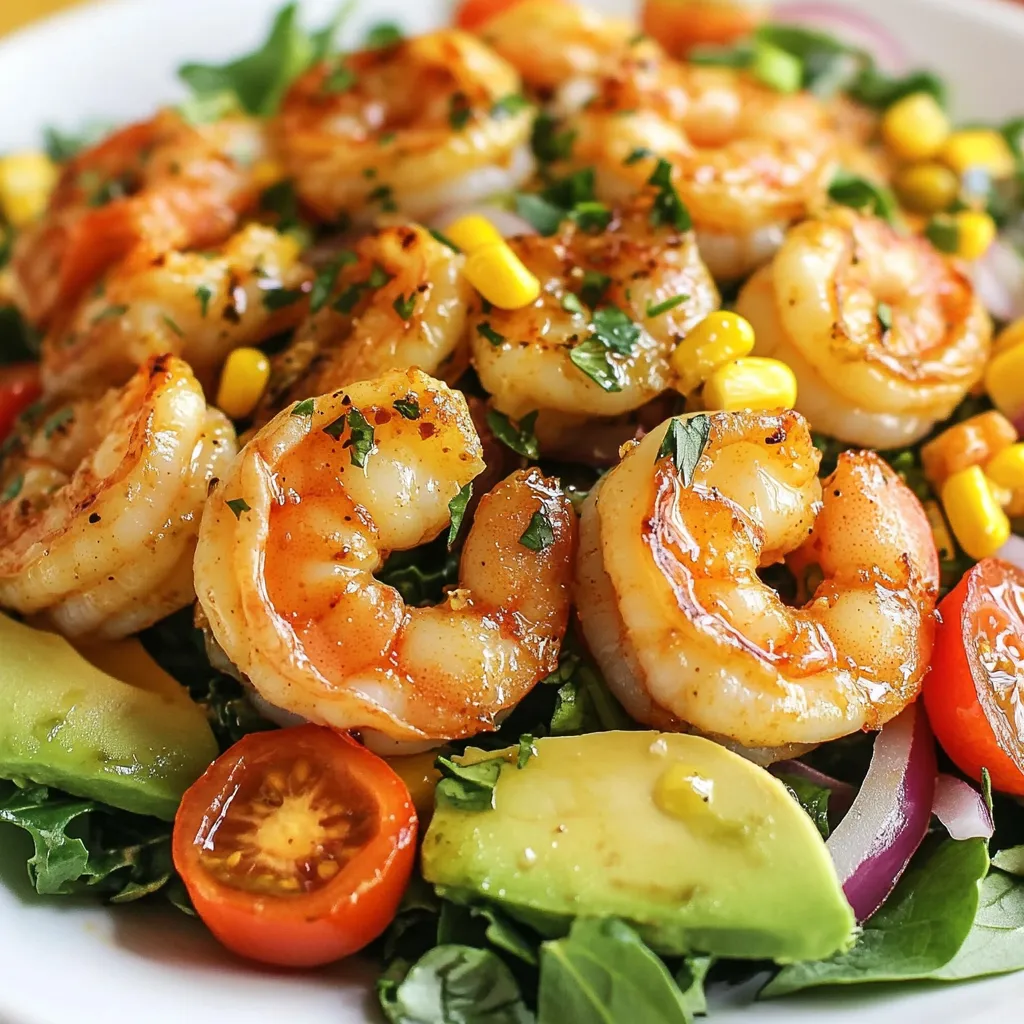 To make a Zesty Lime Shrimp Salad, you need fresh and tasty ingredients. Here’s what you'll need: - 1 lb large shrimp, peeled and deveined - 2 tablespoons extra virgin olive oil - 4 cups mixed greens (spinach, arugula, and kale) - 1 cup cherry tomatoes, halved - 1 ripe avocado, diced - 1/2 cup corn kernels - 1/4 cup red onion, sliced - 3 tablespoons lime juice - 1 tablespoon honey - 1 teaspoon ground cumin - Salt and freshly cracked pepper - Fresh cilantro for garnish Each ingredient plays a key role in creating a fresh and vibrant salad. The shrimp adds protein, while mixed greens give a nice base. Cherry tomatoes and corn add sweetness, and avocado brings creaminess. The lime juice and honey in the dressing give a zesty flavor burst. Ground cumin adds warmth and depth. Finally, cilantro adds a pop of color and freshness. This combination makes for a delightful meal that is both healthy and satisfying. {{ingredient_image_2}} - Start by mixing the shrimp with olive oil, lime juice, cumin, salt, and pepper. - Make sure all the shrimp are well coated. - Let the shrimp marinate for 15 minutes. This time helps the shrimp soak up all the flavors. - Preheat your skillet over medium-high heat. - Once hot, add the marinated shrimp in a single layer. - Cook each side for 2-3 minutes until the shrimp turn opaque. This shows they are cooked through. - In a large bowl, combine mixed greens, cherry tomatoes, diced avocado, corn, and red onion. - Gently toss these ingredients together. Be careful not to mash the avocado! - In a small bowl, whisk together the remaining lime juice, honey, salt, and pepper. - Keep whisking until everything is fully blended. Taste it and adjust as needed. - Add the cooked shrimp to the salad mixture. - Drizzle your honey-lime dressing over everything. - Toss gently until all the shrimp and salad mix well. - Serve your salad in bowls or on a large platter. - Finish with a sprinkle of chopped cilantro on top. This adds color and flavor. Enjoy your fresh and zesty meal! To cook shrimp just right, follow these simple tips. First, use large shrimp for best results. This helps keep them juicy. Always thaw frozen shrimp before cooking. For fresh shrimp, look for a slight sheen. When cooking, heat your skillet until it's hot. Add shrimp in a single layer. Cook for 2-3 minutes on each side. Stop cooking once they turn opaque. Overcooking makes shrimp rubbery, so watch them closely. Getting the dressing just right is key for flavor. If the dressing is too thick, add a bit of water or lime juice. This makes it smoother and easier to drizzle. Taste your dressing before adding it to the salad. If it needs more zing, add a pinch of salt or honey. Adjust until it fits your taste. A good dressing brings all the ingredients together. To make your salad even prettier, add bright colors. Try adding diced bell peppers or shredded carrots for crunch. You can also toss in some black beans for protein. For extra flavor, sprinkle some feta cheese or sliced olives on top. Fresh herbs, like basil or parsley, can add a nice touch. These ideas help create a salad that looks as good as it tastes. Enjoy the burst of freshness in every bite! Pro Tips Fresh Ingredients: Using fresh shrimp and ripe avocados will greatly enhance the flavor and texture of your salad. Marination Time: Allow the shrimp to marinate for at least 15 minutes to absorb the zesty lime flavor. Cooking Temperature: Ensure your skillet is hot before adding the shrimp to achieve a nice sear and prevent them from becoming rubbery. Dressing Variations: Feel free to add spices like chili powder or paprika to the dressing for an extra kick. {{image_4}} If you want to swap out the shrimp, try using chicken or tofu. These options add protein and fit well in the dish. For a veggie twist, use chickpeas or black beans. They give a nice texture and flavor. You can also switch up the greens. Try romaine or even shredded cabbage for a crunchier bite. Don’t forget to mix in your favorite veggies too! Bell peppers, cucumbers, or even radishes can add a fresh twist. While the honey-lime dressing shines here, you can try other flavors. A creamy avocado dressing brings richness. A zesty vinaigrette made with orange juice adds a nice twist. You might enjoy a spicy sriracha mayo for a kick. Play around with different herbs too. Fresh basil or mint can brighten up the salad. This salad is great served cold, but you can enjoy it warm too. After cooking the shrimp, toss them directly into the salad while they’re still warm. This makes the greens slightly wilted, enhancing the flavor. You can also serve it as a warm bowl with grains like quinoa or rice. It's a great way to make it more filling. To keep your shrimp salad fresh, place it in an airtight container. Store it in the fridge. It’s best to eat it within two days. This helps keep the flavors bright. If you have leftover dressing, store it separately to avoid soggy greens. If you want to reheat the shrimp, do it gently. Place the shrimp in a skillet over low heat. Heat for a few minutes until warm. This keeps the shrimp tender and juicy. Avoid using a microwave since it can make shrimp rubbery. I do not recommend freezing the salad. The texture of shrimp and greens changes when frozen. If you must freeze it, separate the shrimp from the salad. You can freeze the shrimp for up to three months. When ready to eat, thaw in the fridge overnight before reheating. You can tell shrimp is cooked when it turns pink and opaque. The texture should be firm but not rubbery. Another sign is when the shrimp curls into a C shape. Avoid overcooking as it makes shrimp tough. Yes, you can use frozen shrimp for this salad. Thaw it safely by placing it in the fridge overnight. If you need it faster, put the shrimp in a bowl of cold water for about 15-20 minutes. Once thawed, make sure to drain excess water before cooking. This keeps the shrimp from becoming watery. This salad pairs well with several sides. Here are a few ideas: - Garlic bread for a crunchy side. - Quinoa or rice for added texture. - A light soup like gazpacho for a refreshing touch. - Fruit salad for a sweet contrast. These dishes make a complete meal and enhance the salad's flavors. This Zesty Lime Shrimp Salad is a bright dish full of life. We marinated the shrimp in lime and spices, then cooked them to perfection. We mixed fresh greens, tomatoes, and avocado for a colorful base. The honey-lime dressing brings everything together. In the end, feel free to swap ingredients or sauces. You can make it your own. Enjoy your time in the kitchen, and share this recipe with friends. Fresh, healthy meals like this one can excite anyone's palate. Enjoy your salad!