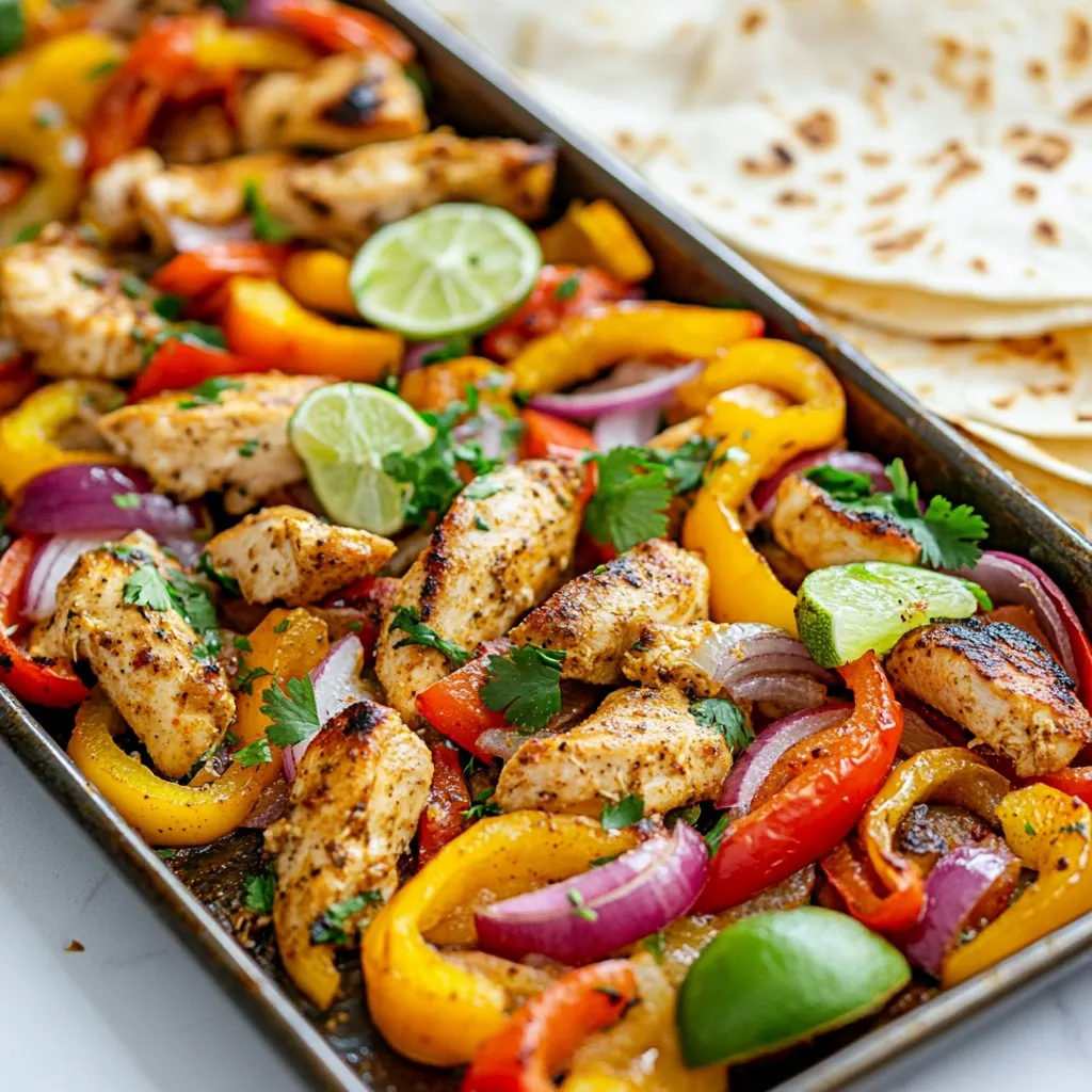 - 1.5 lbs boneless, skinless chicken breasts, sliced into thin strips - 2 bell peppers (1 red and 1 yellow), sliced into thin strips - 1 medium red onion, sliced into half-moons - 3 cloves garlic, minced - 2 tablespoons olive oil - 2 teaspoons chili powder - 1 teaspoon ground cumin - 1 teaspoon smoked paprika - ½ teaspoon sea salt - ½ teaspoon freshly ground black pepper - Juice of ½ lime The main ingredients are simple yet packed with flavor. The chicken breasts serve as the base protein, while bell peppers and red onion add sweetness and color. Garlic brings a lovely aroma, and spices like chili powder and cumin give that authentic fajita taste. The olive oil helps everything roast well and keeps the dish juicy. - Tortillas (flour or corn) for serving - Fresh cilantro, chopped, for garnish For serving, you can use warm tortillas to wrap the fajita mix. Fresh cilantro adds a vibrant touch and a burst of flavor. You can also add your favorite toppings like sour cream, guacamole, or salsa to personalize your meal. These extras make the dish even more fun and tasty! {{ingredient_image_2}} First, you need to preheat your oven to 425°F (220°C). This step is key to getting nice, crispy edges on the chicken and veggies. While the oven heats up, grab a large baking sheet. Line it with parchment paper or lightly grease it with olive oil or cooking spray. This makes cleanup a breeze later. In a big mixing bowl, combine the sliced chicken, bell peppers, red onion, and minced garlic. Make sure to cut the veggies into similar sizes for even cooking. Next, drizzle 2 tablespoons of olive oil over the mixture. This helps the spices stick. Then, sprinkle in 2 teaspoons of chili powder, 1 teaspoon of ground cumin, 1 teaspoon of smoked paprika, ½ teaspoon of sea salt, and ½ teaspoon of black pepper. Squeeze the juice of ½ lime into the bowl. Toss everything well so the flavors mix together and coat the chicken and veggies. Now, transfer the chicken and vegetable mixture onto your prepared baking sheet. Spread it out into a single layer. This helps it roast instead of steam. Bake it in your preheated oven for 20-25 minutes. Halfway through, stir the mixture gently. This ensures even cooking. The chicken should reach an internal temperature of 165°F (75°C), and the veggies should be soft and slightly caramelized. Once you take the baking sheet out of the oven, let the mixture rest for about 5 minutes. This helps the flavors blend. For a fresh kick, add a final squeeze of lime juice and sprinkle chopped cilantro on top. Serve the hot fajita mix in warm tortillas. Top with sour cream, guacamole, or salsa for extra flavor. Enjoy your meal! To make great fajitas, ensure even cooking. Cut the chicken and veggies into similar sizes. This helps them cook at the same rate. Use a big bowl to mix everything well. A good mix means each piece gets flavor. Avoid overcrowding the pan. Spread the chicken and veggies out in a single layer. If you pile them up, they will steam instead of roast. This can lead to soggy fajitas. Use two pans if you need more space. Store leftovers in airtight containers. This keeps them fresh and tasty. You can put them in the fridge for up to three days. If you want to keep them longer, freeze them for up to three months. To reheat, bake them in the oven at 350°F (175°C) for about 10-15 minutes. If you prefer the microwave, heat them in short bursts. Stir in between to avoid hot spots. You can swap out the chicken if you like. Try shrimp or steak for a different taste. If you want a veggie option, use mushrooms or tofu instead. For the veggies, you can change the bell peppers. Use zucchini or corn for a new texture. Adjust the spices too. Add more chili powder for heat or lime for brightness. This keeps your fajitas fresh and fun! Pro Tips Uniform Slicing: Ensure that all chicken and vegetable pieces are sliced to a similar thickness for even cooking and consistent texture. Marinate for Flavor: If you have extra time, marinate the chicken and vegetables for 30 minutes to enhance the flavor profile. Roasting Temperature: Keep an eye on your oven temperature; higher heat promotes better caramelization and a slight char on the veggies for added depth. Serving Suggestions: Complement the fajitas with a variety of toppings such as diced avocado, salsa, or shredded cheese for a personalized touch. {{image_4}} You can easily switch proteins in this recipe. Shrimp makes a great choice. The shrimp cooks fast and adds a nice taste. Just toss it in with the veggies and spices. Steak is another option. Use flank or sirloin for the best flavor. Slice it thin, and it will cook well on the sheet pan. If you want to skip meat, try a veggie mix. Use beans or tofu for a hearty meal. Feel free to change the veggies based on the season. Use zucchini or corn in summer. In fall, add butternut squash or sweet potatoes. Adding more colors makes the meal fun and healthy. Use green bell peppers, carrots, or even purple cabbage. Each veggie adds different nutrients and flavors, making your fajitas even better. You can make your fajitas more exciting with spices. Try adding cayenne pepper for heat. Or, add oregano for a fresh taste. Sauces can also add zing. Drizzle some hot sauce or a tangy dressing on top before serving. This extra touch makes your dish pop with flavor! A serving of sheet pan chicken fajitas packs a tasty punch with about 350 calories. Each serving has around 30 grams of protein, which helps build strong muscles. The meal also contains about 15 grams of fat, mostly from healthy olive oil. You get around 30 grams of carbs, which provide energy. - Calories: 350 - Protein: 30g - Fat: 15g - Carbohydrates: 30g This dish is rich in vitamins and minerals. You get a good amount of vitamin C from the bell peppers and onions. It also has potassium, which is great for heart health. The garlic adds antioxidants, which help fight off illness. Chicken is a lean protein source. It helps keep you full and supports muscle growth. Pairing it with bell peppers and onions adds fiber and vitamins. - Chicken: Low in fat, high in protein - Bell Peppers: Rich in vitamin C, good for skin health - Onions: Packed with antioxidants, supports heart health The spices in this dish also offer health perks. Chili powder may boost metabolism. Cumin can aid digestion, while smoked paprika adds flavor and contains vitamins. These spices enhance taste while providing health benefits. To make your fajitas crispy, follow these tips: - Use thin strips of chicken and vegetables. This helps them cook faster and crisp up. - Spread the mixture on the baking sheet in a single layer. This prevents steaming. - Bake at 425°F (220°C) for the best results. High heat gives a nice char. - Stir halfway through cooking to ensure even browning. Yes, you can make chicken fajitas ahead of time. Here’s how: - Prepare the chicken and veggies as directed. - Store them in an airtight container in the fridge for up to 24 hours. - When ready, bake them as per the recipe. - If you have leftovers, cool them down before storing. You can serve chicken fajitas with: - Warm tortillas, either flour or corn. - Side dishes like rice or beans for added protein. - Fresh toppings such as sour cream, guacamole, and salsa. - A side salad for some crunch and freshness. Leftovers last about 3 to 4 days in the fridge. To store them safely: - Place leftovers in an airtight container. - Reheat them in the oven or microwave before serving. - Always check for signs of spoilage before eating. Making sheet pan chicken fajitas is simple and fun. You learned about the key ingredients, like chicken, colorful veggies, and spices. I shared easy steps for prepping, baking, and serving. Tips for perfecting your fajitas and storing leftovers make cooking even easier. In the end, you can enjoy different flavors and variations. Use what you have and make it your own. Now, gather your family and friends, and enjoy a delicious meal together!