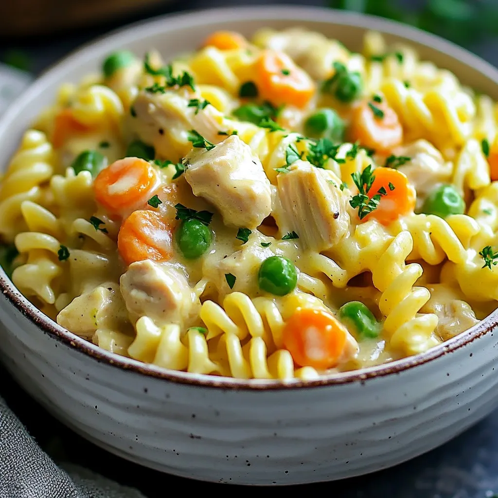 - 1 lb boneless, skinless chicken breasts, diced - 2 tablespoons olive oil - 1 medium onion, diced - 2 cloves garlic, minced - 3 cups chicken broth - 1 teaspoon dried thyme - 1 teaspoon dried parsley - 1 cup carrots, sliced - 1 cup peas (fresh or frozen) - 8 oz pasta (fusilli or penne) - 1 cup heavy cream - 1/4 cup all-purpose flour - Salt and pepper to taste In this dish, chicken serves as the main protein. I like using boneless, skinless chicken breasts because they cook quickly and stay tender. Adding vegetables like carrots and peas makes the dish colorful and nutritious. Pasta adds heartiness, while the broth and cream create a rich sauce. - 1 teaspoon dried thyme - 1 teaspoon dried parsley - Salt and pepper to taste - Fresh parsley, chopped (for garnish) Seasonings like thyme and parsley bring warmth and depth to the dish. I always add salt and pepper to enhance flavors. Finally, a sprinkle of fresh parsley on top brightens the meal and gives it a fresh look. Using these ingredients makes the Instant Pot Chicken Pot Pie Pasta simple, tasty, and satisfying. You get a cozy meal that captures the essence of classic chicken pot pie, all in a pasta form. {{ingredient_image_2}} To start, set your Instant Pot to 'Sauté' mode. Add 2 tablespoons of olive oil. Then, place 1 pound of diced chicken into the pot. Sprinkle with salt and pepper to season. Cook for about 5 minutes, stirring often. The chicken should brown nicely but not cook fully. Once browned, take the chicken out and set it aside. In the same pot, add the diced onion. Sauté for 2 to 3 minutes until it turns clear. Next, add 2 cloves of minced garlic. Cook for 30 seconds, making sure it does not burn. This will bring out a wonderful aroma in your kitchen. Now, pour in 3 cups of chicken broth. Add 1 teaspoon of dried thyme and 1 teaspoon of dried parsley. Use a wooden spoon to scrape the pot's bottom. This helps lift any tasty bits that stick. Next, add 1 cup of sliced carrots and 8 ounces of uncooked pasta. Stir everything well to combine. Return the browned chicken to the pot evenly. Secure the lid on your Instant Pot. Select 'Manual' or 'Pressure Cook' and set it for 5 minutes. Once the time is up, do a quick release of the pressure. Be careful and follow safety steps for this part. In a small bowl, whisk together 1 cup of heavy cream and 1/4 cup of flour. Make sure it is smooth and lump-free. Open the Instant Pot and stir in the cream mixture. Switch back to 'Sauté' mode for a few minutes. Stir constantly for 2 to 3 minutes until the sauce thickens. Finally, fold in 1 cup of peas and heat for 2 minutes. Taste and add more salt and pepper if needed. - Cooking times for chicken and pasta: Cook the chicken for 5 minutes to get it browned. Then, pressure cook the dish for 5 minutes. The pasta cooks right in the broth. It absorbs flavors while cooking. - Adjusting seasoning for personal taste: Always taste as you go. If you like more flavor, add extra thyme or parsley. A little more salt or pepper can also enhance the dish. - Avoiding the "burn" notice: To prevent this, scrape the pot bottom after sautéing. Make sure nothing sticks before adding broth. Always use enough liquid to cover all ingredients. - Tips for thickening the sauce: If your sauce is thin, mix flour with cream before adding it to the pot. Stir well and let it cook on 'Sauté' for a few minutes. This will help create a rich, creamy texture. - Best presentation methods: Serve the pasta in deep bowls. Drizzle extra cream sauce over each serving. Top with fresh parsley for color. This makes it look inviting and tasty. - Recommended sides to serve: Pair this pasta with a simple green salad or crusty bread. These sides balance the meal and add freshness. Pro Tips Brown the Chicken Well: Ensure the chicken pieces are well-browned during the sautéing step for enhanced flavor and depth in your dish. Use Fresh Herbs: For a more vibrant taste, consider using fresh thyme and parsley instead of dried. Add them towards the end of cooking for maximum flavor. Adjust Creaminess: You can modify the amount of heavy cream to your preference, adding more for a richer sauce or less for a lighter version. Leftover Adaptation: This dish is great for using up leftover vegetables. Feel free to throw in any veggies you have on hand, such as green beans or corn. {{image_4}} You can change proteins in this dish. Turkey works well, and so does tofu. Both will give a different taste. You can use any pasta too. Fusilli or penne are great, but feel free to try others. Bowtie or rotini pasta can add fun shapes to your meal. Adding more veggies can make the dish better. Try mushrooms or corn for extra texture and taste. They blend well with the sauce. You can also spice things up! Adding paprika or cayenne gives warmth and depth. Just a pinch can make it special. Want a healthier meal? Use whole grain pasta! It adds fiber and nutrients. You can also swap heavy cream for low-fat options. Almond or coconut milk can work too. These swaps keep the dish creamy but lighter. To store leftovers, first let the dish cool to room temperature. Then, place the pasta in an airtight container. It will keep well in the fridge for up to three days. When you are ready to eat, you can reheat it on the stove or in the microwave. Add a splash of chicken broth or cream to keep it moist while reheating. If you want to freeze the dish, first cool it completely. Then, use freezer-safe containers or bags. Make sure to remove as much air as possible to avoid freezer burn. Label the bags with the date. You can freeze it for up to three months. For reheating, thaw the pasta overnight in the fridge. Then, heat it gently on the stove or in the microwave. Again, adding a little broth or cream will help bring it back to life. Enjoy your meal! Cooking Instant Pot Chicken Pot Pie Pasta takes about 30 minutes. This includes prep and cook time. You spend around 10 minutes getting everything ready and 20 minutes cooking in the Instant Pot. Yes, you can make this dish dairy-free. Replace heavy cream with coconut milk or a dairy-free cream. Use almond milk mixed with cornstarch for a similar texture. You can serve Chicken Pot Pie Pasta with fresh salad or garlic bread. Steamed vegetables also pair well. A light soup can start the meal too. Yes, frozen chicken works great in this recipe. Just add a few extra minutes to the cooking time. Ensure the chicken is fully cooked before serving. To prevent overcooking, stick to the recipe’s cook time. Quick release the pressure after cooking. Stir gently after adding the cream sauce and avoid long cooking times. In this blog post, we explored how to make Instant Pot Chicken Pot Pie Pasta. We covered key ingredients, like chicken, veggies, and pasta, along with seasonings to enhance flavor. You learned step-by-step instructions and tips to ensure great results. Remember, you can adapt this dish with different ingredients or flavors. Feel confident in storing leftovers and trying variations. Cooking this meal can be fun and creative. Enjoy every delicious bite you make!