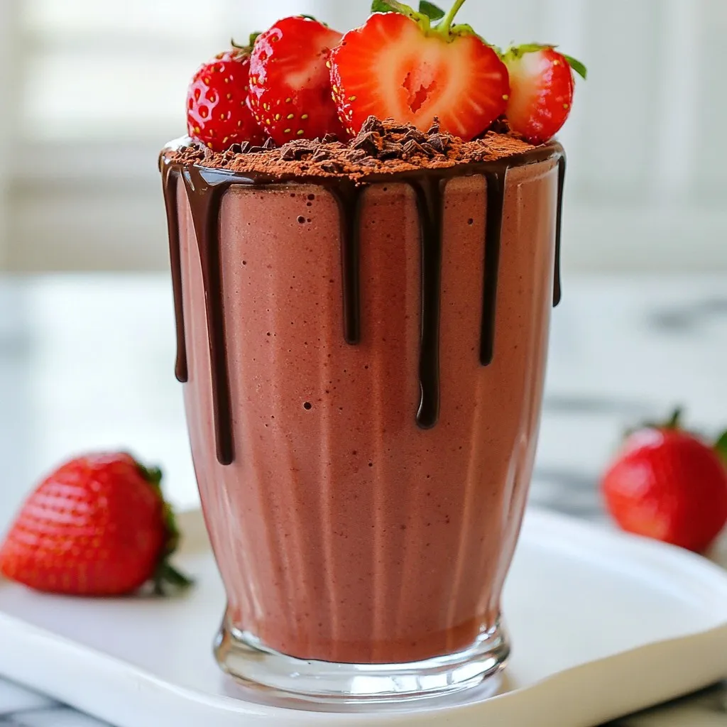 To make a delicious Chocolate Covered Strawberry Smoothie, you need a few simple ingredients. Here’s what you will need: - 1 cup fresh strawberries, hulled - 1 medium frozen banana - 1 cup almond milk (or regular milk for a creamier texture) - 2 tablespoons unsweetened cocoa powder - 1 tablespoon honey (or maple syrup for a vegan option) - 1/2 teaspoon pure vanilla extract - 1 tablespoon chia seeds (optional for added nutrition) - Ice cubes (optional for a chilled smoothie) These ingredients create a rich and creamy smoothie. Fresh strawberries give a sweet and tangy taste. The frozen banana adds a nice thickness and sweetness. Cocoa powder brings in that chocolate flavor we love. Honey or maple syrup can sweeten it to your liking. Almond milk keeps it light and smooth. Chia seeds boost nutrition, while ice cubes make it cold and refreshing. {{ingredient_image_2}} First, we need to prepare our fresh strawberries. Hulling removes the green tops and leaves the sweet fruit. This step is quick and easy. Just use a small knife or a hull remover. Next, grab your frozen banana. Peel it carefully. The banana adds creaminess and sweetness to the smoothie. Now it's time to blend! In your high-powered blender, combine the hulled strawberries, frozen banana, and almond milk. Almond milk makes it light, but regular milk gives a creamier texture. Add the unsweetened cocoa powder, honey, and pure vanilla extract. If you're using chia seeds, toss them in, too. Blend everything on high speed. Watch for a smooth, creamy consistency. If it feels too thick, add a splash more almond milk until it’s just right. Take a moment to taste your smoothie. If it needs more sweetness, add a little honey or maple syrup. Blend again to mix it well. If you want a chilled smoothie, add a few ice cubes. Blend until the ice breaks down. Pour the smoothie into two glasses. For a pretty finish, garnish with fresh strawberry slices on top. To make it even better, drizzle some melted dark chocolate over each glass. Enjoy each sip of this delightful treat! A high-powered blender is key for this smoothie. It helps blend everything smoothly. If your smoothie is too thick, add more almond milk. Just a splash will do! Blend again until you reach your desired texture. You can swap honey for other sweeteners. Try agave syrup or stevia. Each option changes the flavor a bit. Taste your smoothie before serving. You can always add more sweetener if you want it sweeter. Garnish your smoothie with fresh strawberry slices. A drizzle of melted chocolate on top looks great too! For added crunch, serve with yogurt or granola on the side. These pair well and enhance the experience. Enjoy your beautiful creation! Pro Tips Use Ripe Bananas: For the best flavor and sweetness, ensure your frozen banana is fully ripe before freezing. This will enhance the overall taste of your smoothie. Chill Your Ingredients: For a colder smoothie, consider chilling your strawberries and almond milk in advance. This reduces the need for ice and keeps the flavor concentrated. Experiment with Milk Alternatives: While almond milk is great, try using oat milk or coconut milk for different flavor profiles and creaminess in your smoothie. Garnish Creatively: Enhance presentation by adding toppings like crushed nuts, shredded coconut, or a sprinkle of sea salt along with the chocolate drizzle. {{image_4}} You can easily make this smoothie vegan. Just switch to plant-based milk, like almond or oat milk. Use maple syrup instead of honey for sweetness. This keeps the creamy taste while being fully vegan. Want to add more protein? Try mixing in protein powder or Greek yogurt. This makes the smoothie filling. It also gives you extra energy and keeps you satisfied longer. You can get creative with flavors. Add other fruits like bananas or cherries to mix it up. Nut butters like almond or peanut can also add a nice touch. They bring a rich flavor and extra creaminess. Don't be afraid to experiment with your favorites! To keep your smoothie fresh, store it in a sealed jar. Use a glass jar for the best results. Make sure to fill it to the top, leaving little air space. This helps prevent oxidation. Keep the jar in the fridge. Enjoy your smoothie within one day for the best taste. You can freeze your smoothie for later. Pour it into ice cube trays or freezer-safe bags. This way, you can grab a portion when you need it. For thawing, place the cubes in the fridge overnight. You can also blend frozen cubes with a splash of milk for a quick treat. If you have a busy morning, prep your ingredients ahead. Wash and hull the strawberries the night before. Peel the banana and freeze it in slices. Store everything in a bag in the fridge. In the morning, just blend and enjoy your smoothie! This saves time and keeps your routine easy. You can use several options to replace almond milk. Here are some great choices: - Regular milk: For a creamier texture, use whole milk or skim milk. - Soy milk: A good plant-based option with a similar taste. - Oat milk: Creamy and slightly sweet, perfect for smoothies. - Coconut milk: Adds a tropical flavor and is very rich. Each choice may change the taste and texture a bit, so pick what you like best! Yes, you can prepare this smoothie in advance. Here are some tips to keep it fresh: - Store in the fridge: Put the smoothie in an airtight container. It stays good for about one day. - Separate the layers: If you notice the smoothie separates, just shake it before drinking. - Freezing: You can freeze the smoothie in ice cube trays. Blend them later for a quick treat. Making it ahead can save you time on busy mornings! Absolutely! This smoothie is great for kids. Here are some benefits: - Nutritious ingredients: Strawberries and bananas provide vitamins and minerals. - Natural sweetness: Honey or maple syrup adds sweetness without refined sugar. - Fun to drink: Kids love the chocolate flavor and colorful look. Just be mindful of any allergies. Overall, it’s a yummy and healthy choice for little ones! In this post, we covered how to make a delicious smoothie with fresh strawberries and frozen bananas. You learned to prepare the ingredients, blend them for the perfect texture, and add final touches for a tasty treat. We explored tips for a smooth blend, sweetness choices, and creative variations. Remember, you can store and freeze smoothies for convenience. Enjoy personalizing your recipe to suit your taste. With these steps, you'll make smoothies that everyone will love, any time of the day.