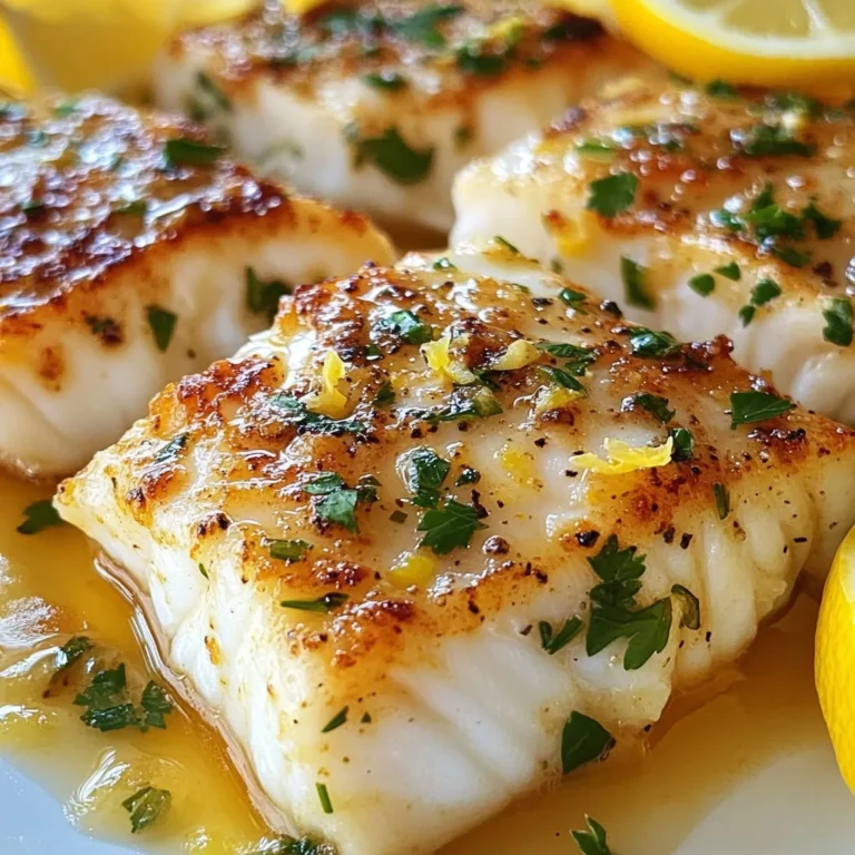 - 4 cod fillets (approximately 6 oz each) - 4 tablespoons unsalted butter - 4 cloves garlic, finely minced - Juice from 1 large lemon - Zest from 1 lemon - 1 teaspoon dried thyme - 1 teaspoon smoked paprika - Sea salt and freshly ground black pepper to taste - Fresh parsley, finely chopped (for garnish) - Lemon wedges (for serving) Each ingredient plays a key role in this dish. The cod fillets are the star, providing a mild flavor and flaky texture. Use fresh cod for the best taste. The unsalted butter adds richness and helps the garlic flavor shine. Minced garlic brings a wonderful aroma and depth. Lemon juice and zest offer brightness, making the dish lively. Dried thyme adds an earthy note, while smoked paprika gives a warm, smoky flavor. A sprinkle of sea salt and black pepper finishes the dish perfectly. Fresh ingredients make a big difference in cooking. Fresh cod tastes better and cooks more evenly. Fresh lemon juice brightens the dish and balances the butter's richness. Fresh herbs like parsley not only add flavor but also color to your plate. Always choose fresh ingredients when you can to boost your meals. You will notice the difference right away! {{ingredient_image_2}} First, set your oven to 400°F (200°C). This heat will help cook the cod evenly. While the oven heats, gather your ingredients. You will need: - 4 cod fillets (about 6 oz each) - 4 tablespoons unsalted butter - 4 cloves garlic, finely minced - Juice and zest from 1 large lemon - 1 teaspoon dried thyme - 1 teaspoon smoked paprika - Sea salt and freshly ground black pepper - Fresh parsley, finely chopped (for garnish) - Lemon wedges (for serving) Place the cod fillets in a baking dish. Lay them in a single layer so they cook evenly. Next, grab a small saucepan and melt 4 tablespoons of unsalted butter over medium heat. Once the butter is melted, add the minced garlic. Sauté it for 1-2 minutes until it smells great and turns golden. Be careful not to burn it. Now, take the pan off the heat. Pour in the fresh lemon juice and lemon zest. Then, add the dried thyme, smoked paprika, sea salt, and black pepper. Stir well to mix all the flavors together. Set this tasty sauce aside for now. Pour the garlic lemon butter sauce over the cod fillets. Make sure each piece is well-coated to soak up all that delicious flavor. Move the dish into your preheated oven. Bake the cod for 12-15 minutes. Check if it's done by using a fork. The fish should flake easily and look opaque. When the cod is ready, take the dish out of the oven. Let it rest for a couple of minutes. This helps keep the fish moist. Finally, sprinkle fresh parsley on top for color. Serve your cod with lemon wedges on the side. Enjoy this simple and tasty dish! When picking cod, look for fillets that are firm and moist. The skin should be shiny. If you can, buy wild-caught cod for better taste and texture. Fresh fish has a mild smell, not a strong fishy odor. If buying frozen, ensure it is well-packaged and not freezer burned. To keep your cod flaky and moist, do not overcook it. Bake it until it is opaque and flakes easily with a fork. Use a meat thermometer if needed; the fish should reach 145°F (63°C). Adding the garlic lemon butter sauce also helps keep the fish moist. Let it rest for a few minutes after baking to lock in moisture. You can enhance the flavor of your cod in many ways. Try adding fresh herbs like dill or basil for a twist. A pinch of red pepper flakes can bring some heat. For a citrusy zing, add lime juice along with the lemon. Experiment with different spices like cumin or coriander to create your unique flavor profile. Pro Tips Choose Fresh Cod: Always opt for fresh cod fillets for the best flavor and texture. Look for fillets that are moist and have a clean, ocean-like smell. Don’t Overcook: Keep an eye on the cod as it bakes. Overcooking can lead to a dry texture. The fish is done when it flakes easily with a fork. Enhance with Herbs: Feel free to add other herbs like dill or basil to the garlic lemon butter for an extra layer of flavor that complements the cod. Perfect Pairings: Serve the cod with a light side like a mixed green salad or roasted vegetables to balance the richness of the butter sauce. {{image_4}} You can use other fish if you want a twist. I love using halibut or tilapia. Both are mild and cook well. Salmon is also a great choice, adding a richer flavor. Just adjust cooking times based on the fish thickness. Thinner fillets cook faster, while thicker ones need more time. Enjoy exploring with different types of fish. Herbs can change the dish's taste a lot. Try adding fresh dill or basil for a new vibe. You can also use oregano for a more earthy flavor. Want some heat? Add red pepper flakes for a kick. Always taste as you go to find what you like best. Mixing herbs can create a fun flavor profile. Pairing sides can enhance your meal. Steamed veggies, like broccoli or asparagus, work well. A light salad can add freshness. You might enjoy a bed of rice or quinoa too. These sides soak up the lemon butter sauce nicely. Serve with lemon wedges to boost flavor. Each bite will be a burst of joy. To keep your leftover cod fresh, let it cool first. Wrap the fillets tightly in plastic wrap or foil. You can also place them in an airtight container. This helps keep the moisture in. Store the cod in the fridge for up to three days. When you’re ready to eat the leftover cod, you can reheat it easily. Preheat your oven to 350°F (175°C). Place the cod on a baking sheet. Cover it with foil to prevent drying out. Heat for about 10 to 15 minutes, or until warm. You can also use the microwave. Just place the cod on a microwave-safe plate. Heat in 30-second intervals until warmed through. If you want to save the cod for later, you can freeze it. First, let the fillets cool completely. Wrap each piece tightly in plastic wrap, then place them in a freezer bag. Be sure to remove as much air as possible. Label the bag with the date. You can freeze the cod for up to three months. When ready to use, thaw it in the fridge overnight for the best results. Yes, you can use frozen cod fillets. Just make sure to thaw them first. Place the frozen fillets in the fridge overnight or run them under cold water. This helps the cod cook evenly. When you bake the thawed fish, follow the same steps for the garlic lemon butter sauce and baking time. You can pair this cod with many sides. I recommend steamed vegetables or a light salad. If you want carbs, try rice or quinoa. These options balance the meal and complement the flavors. For a fresh touch, add lemon wedges on the side. They add a nice zing to each bite. Yes, you can make the garlic lemon butter sauce ahead of time. Just store it in the fridge for up to two days. When you're ready to cook, gently reheat it in a small pot. This will help bring back the flavors. Pour it over the cod fillets just before baking. This blog post covered making delicious Garlic Lemon Butter Cod. We started with key ingredients and tips for freshness. I shared step-by-step instructions for cooking it just right. You learned how to select the best cod and enhance flavors. In the end, cooking is about joy and exploration. Use this recipe to impress others or enjoy a simple meal. Keep experimenting with different fish and flavors. Happy cooking!