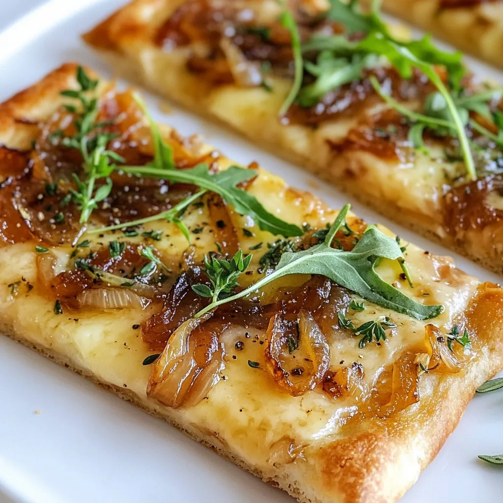 - 1 large store-bought flatbread or 1 pound of pizza dough - 2 medium onions, thinly sliced - 2 tablespoons extra virgin olive oil - 1 teaspoon granulated sugar - 1 teaspoon balsamic vinegar - 1 cup Gruyère cheese, freshly grated - 1/2 teaspoon dried or fresh thyme leaves - Salt and pepper, to taste - Fresh arugula, for garnish (optional) To make this flatbread, you need just a few simple ingredients. Start with flatbread or pizza dough as your base. I like using store-bought flatbread for speed. If you prefer, you can use homemade pizza dough. Next, you’ll need two medium onions. Slice them thinly so they caramelize well. The onions are the heart of this dish, bringing sweetness and depth. Extra virgin olive oil is key for cooking the onions. It adds flavor and helps them cook evenly. You will also need granulated sugar to enhance the caramelization. This helps the onions turn golden brown and sweet. Balsamic vinegar adds a nice tang to balance the sweetness. Gruyère cheese is a must. Its nutty and creamy texture makes every bite divine. Don’t forget the thyme leaves! They add a lovely aroma to the flatbread. You can adjust the salt and pepper to your taste. Lastly, fresh arugula makes the perfect garnish. It adds color and freshness to your dish. Gather these ingredients, and you’re ready to create a delicious caramelized onion Gruyère flatbread! {{ingredient_image_2}} Initial Cooking Process To start, heat 2 tablespoons of olive oil in a large skillet over medium heat. Once the oil is hot, add 2 thinly sliced medium onions. Stir them often for about 10 minutes. You want the onions to get soft and clear. Adding Sugar and Balsamic Next, sprinkle 1 teaspoon of granulated sugar over the onions. Then, drizzle in 1 teaspoon of balsamic vinegar. Keep cooking for another 15 to 20 minutes. Stir frequently. You want the onions to turn a deep golden brown. They should smell sweet and rich. When they are done, add salt and pepper to taste. Set them aside to cool. Rolling Out the Dough If you use pizza dough, roll it out on a floured surface. Shape it into a round or rectangular form. This dough will make a great base for your toppings. Transferring to Baking Sheet Once rolled out, move the dough to a baking sheet lined with parchment paper. This will help prevent sticking and make cleanup easier. Distributing Ingredients Evenly spread the caramelized onions over the flatbread. Leave a small border around the edges for the crust. Now, sprinkle 1 cup of freshly grated Gruyère cheese on top. Finally, add a light sprinkle of thyme leaves for extra flavor. Baking Time and Temperature Preheat your oven to 400°F (200°C). Place the flatbread in the oven and bake for about 12 to 15 minutes. Watch closely until the cheese bubbles and turns golden brown. Remove from the oven and let it cool for a few minutes before slicing. Enjoy! Cooking Time for Ideal Flavor To get the best flavor, cook onions low and slow. Start with medium heat. Cook them for about 10 minutes until soft. Then, add sugar and balsamic vinegar. Cook for 15 to 20 more minutes. Look for a rich, golden brown color. This deep color means they are sweet and full of flavor. Seasoning Suggestions Seasonings can elevate your onions. I like to add salt and pepper. A pinch of thyme adds a lovely herbal note. You can also try a bit of garlic powder for extra depth. Taste as you go. Adjust seasonings to your liking. Ensuring the Right Texture For a great flatbread, keep an eye on the dough. If using pizza dough, roll it thin. Thin dough cooks better and gets crispier. Make sure to leave a small border around the edges for a nice crust. How to Achieve a Crispy Crust To get a crispy crust, preheat your oven to 400°F (200°C). Bake the flatbread for 12 to 15 minutes. Check that the cheese bubbles and turns golden. If the edges brown too fast, cover them with foil. This will keep the crust from burning while the rest cooks. Pro Tips Choose the Right Onions: For the best flavor, use sweet onions like Vidalia or Walla Walla, as they caramelize beautifully and add a natural sweetness to the dish. Don’t Rush the Caramelization: Allow the onions to cook slowly over medium heat to develop a deep color and rich flavor. Patience is key to achieving perfect caramelization. Use Freshly Grated Cheese: Freshly grating your Gruyère cheese results in better melting and flavor compared to pre-packaged shredded cheese, which often contains anti-caking agents. Add a Zesty Twist: For an extra kick, consider adding a sprinkle of red pepper flakes or a drizzle of chili oil after baking to complement the sweetness of the caramelized onions. {{image_4}} What other cheeses can I use? You can try different cheeses for your flatbread. Here are some options: - Mozzarella: A classic choice for a stretchy melt. - Fontina: Creamy and rich, it pairs well with caramelized onions. - Goat cheese: Offers a tangy flavor that complements sweetness. Combining flavors can also enhance your dish. Mix Gruyère with a bit of blue cheese for a bold taste. This adds depth and surprises your palate. What vegetables and herbs can I add? You can get creative with toppings. Consider these options: - Spinach: Adds freshness and a pop of green. - Roasted bell peppers: Sweet and colorful, they add crunch. - Mushrooms: Earthy and hearty, they bring umami. For meat additions, think about these choices: - Prosciutto: Thin slices add a salty contrast. - Cooked chicken: Shredded chicken can make it more filling. - Bacon: Crispy bacon bits can add a smoky flavor. Feel free to mix and match these toppings. This way, you can make your flatbread unique each time! After enjoying your flatbread, store any leftovers properly. Place the flatbread in an airtight container. This keeps it fresh and tasty. If you don't have a container, wrap it tightly in plastic wrap. - Best Practices for Refrigeration: Keep the flatbread in the fridge. It stays good for about three days. Make sure it cools down before you store it. This prevents moisture build-up. - How Long It Lasts: The caramelized onion Gruyère flatbread lasts up to three days in the fridge. After that, it may lose flavor and texture. When you're ready to enjoy your leftovers, reheating is key. You have two good options: the microwave or the oven. - Microwave vs. Oven Methods: The microwave is quick but can make the flatbread soggy. Instead, use the oven for best results. Preheat the oven to 350°F (175°C) and place the flatbread on a baking sheet. Heat it for about 10 minutes. - Tips for Maintaining Crispiness: To keep it crispy, avoid covering the flatbread while reheating. You can place a piece of parchment paper under it to absorb moisture. This simple tip helps maintain that nice crunch. You can use several cheeses in place of Gruyère. Good options include Swiss cheese, fontina, or even cheddar. These cheeses melt well and have a nice taste. Each will give a slightly different flavor but will still work great in your flatbread. Yes, you can use homemade pizza dough for this recipe. It gives you more control over the thickness and flavor. Just roll it out to your desired shape and follow the same steps for assembling and baking. Your flatbread will still turn out tasty! Serve your flatbread warm for the best flavor. You can cut it into slices and enjoy it as an appetizer or snack. Adding fresh arugula on top adds a nice color and flavor. Pair it with a light salad or a glass of wine for a complete meal. To make Caramelized Onion Gruyère Flatbread, you need few simple ingredients. You start by caramelizing onions and preparing the dough. Then, you assemble it with cheese and bake. This process yields a savory treat with endless variations. Remember, the key is to cook the onions well for great flavor. Enjoy experimenting with different cheeses and toppings. Whether you have leftovers or want to reheat, follow storage tips to keep it fresh. Now, you can impress your friends and family with your tasty flatbread!