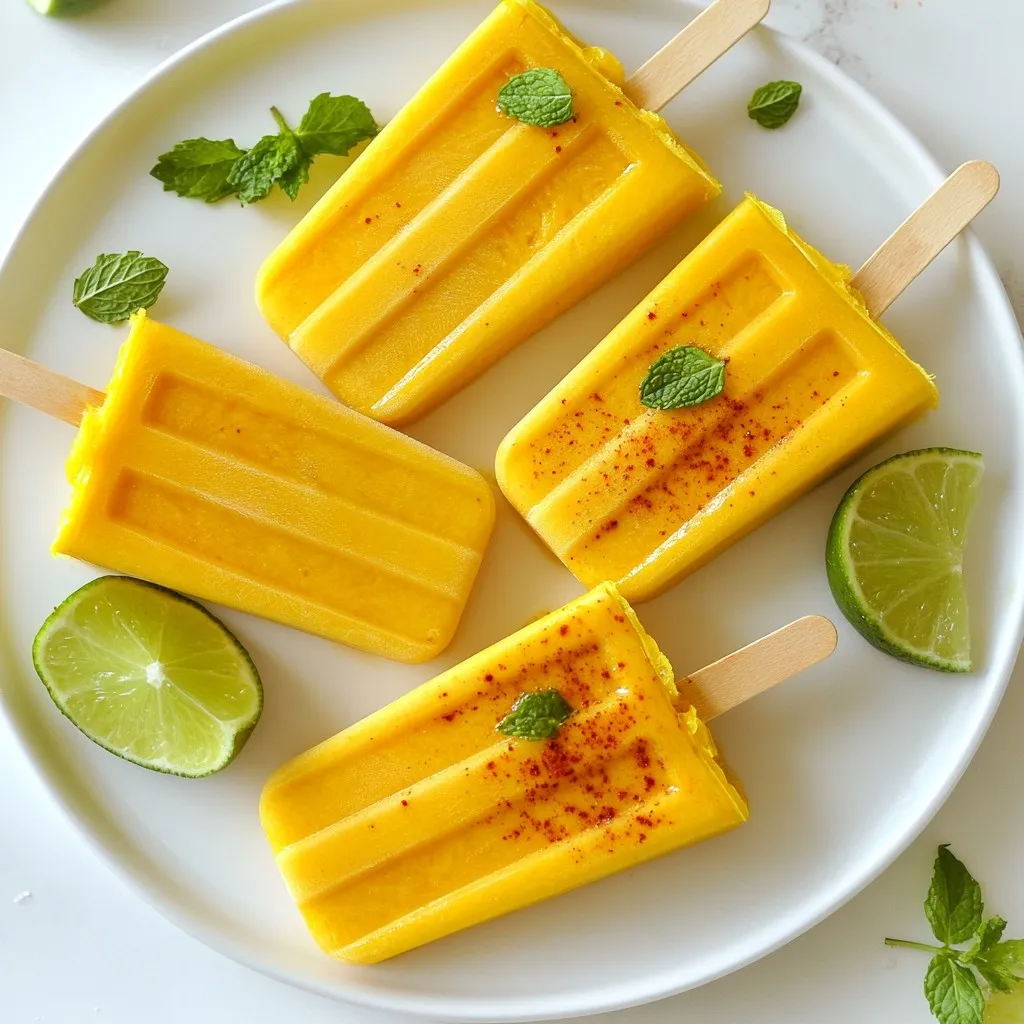 To make Mango Chili Lime Popsicles, you need fresh and simple ingredients. Each one adds a special touch to the final treat. Here’s what you’ll need: - Ripe mangos (2, peeled and diced) - Coconut water (1/2 cup) - Fresh lime juice (2 tablespoons) - Honey or agave syrup (1-2 tablespoons, adjustable) - Chili powder (1 teaspoon, adjustable) - Lime zest (of 1 lime) - Pinch of salt Choosing ripe mangos is key. They should feel soft but not mushy. Sweet mangos give your popsicles a bright flavor. Coconut water adds a nice twist and keeps them refreshing. Fresh lime juice brings a zesty kick, while honey or agave syrup sweetens the mix. Adjust the amount based on your taste. Chili powder gives these popsicles their unique flair. You can also change how spicy they are. A pinch of salt enhances all the flavors. {{ingredient_image_2}} Start by placing the diced mangos into a blender. Add 1/2 cup of coconut water and 2 tablespoons of fresh lime juice. Next, pour in 1-2 tablespoons of honey or agave syrup. This sweetener is key, so adjust it to your taste. Add 1 teaspoon of chili powder and the zest of 1 lime. A pinch of salt will boost the flavors. Blend everything until it is smooth and creamy. If you want some texture, set aside a few mango pieces. Fold them in after blending. After blending, taste the mixture. If it needs more sweetness or spice, add more honey or chili powder and blend again. Carefully pour the mango mixture into your popsicle molds. Make sure to leave a little space at the top. This space allows the liquid to expand as it freezes. Once filled, insert popsicle sticks into the molds. Place them in the freezer, making sure they are upright. Let the popsicles freeze for at least 4-6 hours. You want them to be fully solid. For even freezing, avoid opening the freezer door too often. If you want to remove the popsicles easily, run warm water over the outside of the molds for a few seconds. This helps them slide out without breaking. Enjoy your refreshing treat! Using ripe mangos is key for better flavor. Ripe mangos taste sweet and juicy. Look for mangos that are slightly soft to the touch. They will blend well and give a rich flavor. Adjusting consistency is easy with coconut water. If you want a creamier popsicle, use less coconut water. For a lighter feel, add a bit more. The right balance makes a perfect treat. Garnishing your popsicles can make them even more fun. Add lime slices on top for a fresh look. Sprigs of mint also add color and a nice smell. You can even sprinkle a dash of chili powder for a pop of color. Presenting popsicles attractively makes them more appealing. Use a wooden platter for a rustic feel. Arrange the popsicles in a circle or a line. This will catch the eye and make them stand out. Properly storing leftover popsicles is important. Wrap them in plastic wrap or place them in a sealed bag. This keeps them fresh and tasty. Make sure to label them with the date, too. Preventing freezer burn is simple. Store popsicles away from the freezer door. This helps keep them cold and prevents ice crystals. Enjoy your tasty treats later without worry! Pro Tips Choose Ripe Mangos: Ensure your mangos are fully ripe for the best sweetness and flavor. Look for slightly soft fruit with a sweet aroma. Adjust Spice Levels: Feel free to play around with the amount of chili powder to suit your heat preference. Start with a small amount and increase gradually. Add Fresh Herbs: For a refreshing twist, consider adding fresh mint or basil leaves to the mixture before blending for an aromatic flavor boost. Flavor Variations: Experiment with different fruit combinations, such as pineapple or peach, to create unique popsicle flavors that complement the mango. {{image_4}} If you're looking for ways to make these popsicles even better for you, there are great options. You can swap out honey or agave syrup for stevia or monk fruit. These sweeteners add sweetness without the calories. If you want a creamier texture, try adding a bit of yogurt. It gives a nice, rich taste while keeping it refreshing. Want to mix it up? You can add other fruits like pineapple or berries. These fruits not only change the taste but also add different colors to your popsicles. For a spicier kick, add a pinch of cayenne pepper or use flavored chili powder. This twist can surprise your taste buds and make your popsicles even more exciting. If you follow a vegan diet, you can still enjoy these popsicles. Just make sure all your ingredients are plant-based. You can replace coconut water with almond or soy milk. This substitution keeps the popsicles creamy and delicious while fitting your vegan lifestyle. Mangos are not just tasty; they are packed with nutrients. They are rich in vitamins A and C. Vitamin A helps your vision, while vitamin C boosts your immune system. Mangos also contain fiber, which aids digestion. Eating fiber-rich foods like mangos can help keep your gut healthy. Coconut water is another star ingredient. It is low in calories and high in potassium. Potassium helps maintain healthy blood pressure levels. Coconut water also hydrates, making it perfect for hot days. This refreshing drink supports heart health too. Together, these ingredients make a nutritious treat. Each popsicle contains about 70 calories. This number can change based on how much sweetener you add. The macro-nutritional breakdown is as follows: - Carbohydrates: 18 grams - Fats: 0.5 grams - Proteins: 1 gram This makes Mango Chili Lime Popsicles a guilt-free snack to enjoy on a hot day. These popsicles fit many dietary needs. They are gluten-free, which is great for those with gluten sensitivities. They are also dairy-free, making them suitable for people who are lactose intolerant. Vegans can enjoy these popsicles too. You can use agave syrup instead of honey to keep it plant-based. If you want to lower sugar intake, reduce the amount of sweetener. This makes them a great option for various diets! The popsicles last about two months in the freezer. Store them in an airtight container to keep them fresh. If they have a strong smell or frost, it's best to toss them. Yes, you can use frozen mangos. They work well and save prep time. Just make sure to let them thaw slightly before blending. This helps achieve a smooth texture. You can use almond milk or regular water as substitutes. They will change the flavor a bit, but the popsicles will still taste great. Try using fruit juice for an extra kick. To remove popsicles, run warm water over the outside of the molds for a few seconds. This helps loosen them. You can also wiggle the popsicle stick gently to release it. Yes, all the ingredients in this recipe are non-dairy. Coconut water is a great base. You can switch honey for agave syrup for a vegan option. This keeps everything plant-based. In this article, we explored a fun and easy popsicle recipe that combines ripe mangos, coconut water, and a dash of spice. You learned how to blend the ingredients and freeze them perfectly. I shared tips to enhance flavor and make lovely presentations. You can customize your popsicles with different fruits or sweeteners too. Enjoy creating these refreshing treats while knowing they are healthy and suitable for many diets. Get creative and have fun with your popsicle-making adventures!