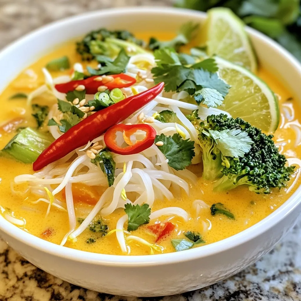 - 200g rice noodles - 1 tablespoon coconut oil - 2 cloves of garlic, minced - 1 tablespoon fresh ginger, finely grated - 1 red chili, thinly sliced - 1 medium onion, finely chopped - 2 cups vegetable broth - 1 can (400ml) coconut milk - 1 tablespoon red curry paste - 1 tablespoon soy sauce - 1 tablespoon freshly squeezed lime juice - 1 cup broccoli florets - 1 bell pepper, thinly sliced - 1 cup bean sprouts - Large pot - Colander for draining noodles - Wooden spoon for stirring - Knife and cutting board for chopping - Fresh cilantro leaves - Lime wedges for serving {{ingredient_image_2}} First, cook the rice noodles. Follow the package instructions. Use a pot of boiling water. Once they are soft, drain them in a colander. Let them cool a bit while you prepare the soup. Now, heat coconut oil in a large pot over medium heat. When the oil gets hot, add minced garlic, grated ginger, and sliced red chili. Sauté this mix for 1-2 minutes. Stir it often until it smells great. Next, add the finely chopped onion to the pot. Cook the onion for about 3-4 minutes. It should turn soft and clear. This step adds a lot of flavor to your soup. Pour in the vegetable broth and coconut milk. Use a wooden spoon to mix well. Make sure everything blends together. Then, add red curry paste and soy sauce. Stir until the paste is fully mixed in. Let the soup simmer gently. Now, it’s time for the veggies. Add broccoli florets and sliced bell pepper. Let the vegetables cook for 5-7 minutes. They should be tender but still bright and colorful. Once cooked, stir in freshly squeezed lime juice. Taste the soup and adjust the seasoning if needed. You can add more soy sauce for extra flavor. To serve, place some cooked rice noodles in each bowl. Pour the hot soup over the noodles. Top each bowl with fresh bean sprouts and cilantro leaves. Don’t forget to add lime wedges on the side. This adds a nice citrus touch! To change the spice level, start with the red chili. If you want it milder, use less chili or remove the seeds. If you love heat, add more chili. You can also use chili paste. Taste as you go. This method helps you find your perfect balance. Cook the rice noodles just until tender. Do not overcook them! Follow the package instructions closely. Once cooked, drain and rinse them with cold water. This stops the cooking process and keeps them from sticking. Keep them separate until you serve the soup. To make the soup even better, add fresh lime juice right before serving. This adds brightness. You can also include a splash of soy sauce for an umami kick. Fresh cilantro on top brings a lovely aroma and taste. Don’t forget to serve with lime wedges for extra zest! Pro Tips Balance Your Spice: Adjust the amount of red chili based on your spice tolerance. Start with a small amount and add more if needed. Fresh Ingredients Matter: Use fresh garlic and ginger for the best flavor. Dried or powdered versions will not provide the same aromatic quality. Texture is Key: Ensure your vegetables are tender but still vibrant in color. This adds both visual appeal and a satisfying crunch. Garnish for Flavor: Don’t skip the garnishes! Fresh cilantro and lime wedges elevate the dish, adding freshness and brightness to the soup. {{image_4}} You can add various proteins to your soup. Tofu is a great choice for a vegan option. Just cut firm tofu into cubes and sauté it until golden. Add it towards the end of cooking. Chicken is another good option. Use cooked, shredded chicken for a quick addition. Simply stir it in before serving. Shrimp cooks fast and adds a nice touch. Add peeled shrimp during the last few minutes of cooking. It only takes a few minutes to become tender. Feel free to swap out veggies based on your taste. Snow peas or snap peas work well instead of broccoli. Carrots add sweetness and color. Thinly slice them and add them when you add the bell peppers. You can also use bok choy or spinach for a leafy green option. Just toss them in at the end, letting them wilt gently. If you want to mix up the flavor, try different sauces. Green curry paste gives a fresh twist. You can also use yellow curry paste for a milder taste. If you like a little heat, chili paste adds a kick. For a different flavor, try adding peanut sauce. This will give your soup a creamy, nutty taste. Just stir it in with the coconut milk for a rich blend. To store your spicy Thai coconut noodle soup, let it cool first. Place the soup in an airtight container. This keeps it fresh and safe. Make sure to store it in the fridge. It will last about 3-4 days. If you have leftover noodles, store them separately. This helps them stay firm and not mushy. When you want to enjoy your soup again, reheat it gently. Use a pot over low heat for even warming. If the soup seems thick, add a splash of vegetable broth. Stir well to mix everything together. You can also microwave it. Use a microwave-safe bowl and heat in 30-second bursts. Stir in between to avoid hot spots. If you want to keep your soup longer, freezing is a good option. Pour the cooled soup into freezer-safe containers. Leave some space at the top, as liquids expand when frozen. You can also freeze the noodles separately. When ready to eat, thaw it in the fridge overnight. Reheat as mentioned above for best results. Enjoy your soup later without losing flavor! To make this soup gluten-free, use gluten-free soy sauce. You can find this in most stores. Also, check the rice noodles. They are usually gluten-free, but confirm on the package. If you need a substitute for coconut milk, try almond milk or cashew cream. These options keep the soup creamy. Add a bit of coconut extract for extra flavor. Yes, you can make this soup in advance. Cook the soup, let it cool, and store it in the fridge. When ready, reheat on the stove. Add fresh noodles just before serving. Spicy Thai Coconut Noodle Soup comes from Thailand. Thai cooks use coconut milk often in many dishes. This soup blends local herbs and spices with rice noodles. It reflects the rich flavors of Thai cuisine. You learned about the key ingredients, tools, and garnishes for Spicy Thai Coconut Noodle Soup. Each step took you through making the dish, from preparing noodles to serving suggestions. I shared tips on adjusting spice, cooking perfect noodles, and enhancing flavors. We explored protein options and variations, plus how to store leftovers properly. This soup can be a delicious highlight of any meal. Enjoy experimenting with flavors and make it your own. Happy cooking!