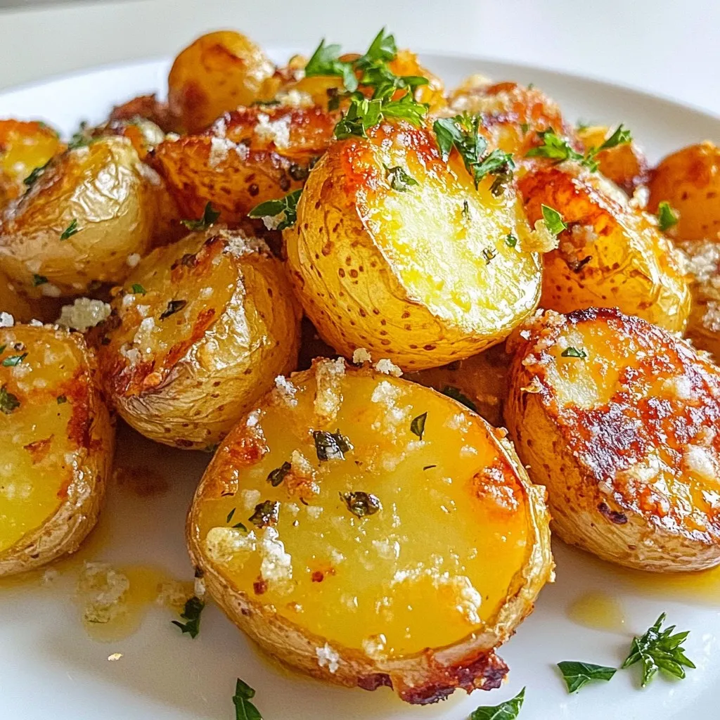 To make Garlic Parmesan Roasted Potatoes, gather these ingredients: - 1.5 lbs baby potatoes, halved - 4 tablespoons extra virgin olive oil - 4 cloves garlic, finely minced - 1/2 cup freshly grated Parmesan cheese - 1 teaspoon dried oregano - 1 teaspoon smoked paprika - Salt and freshly ground black pepper, to taste - Fresh parsley, finely chopped (for garnish) If you need to convert measurements, here are a few quick tips: - 1 tablespoon equals 3 teaspoons. - 1 cup equals 16 tablespoons. - To convert 1 pound to grams, multiply by 454. - 1 teaspoon is about 5 milliliters. Using fresh ingredients can make a big difference in flavor. Fresh garlic gives a strong taste, while dried oregano is more subtle. - Fresh garlic: Stronger flavor, more aroma. - Dried oregano: Convenient, can be stored longer, but less vibrant. - Fresh parsley adds color and freshness, while dried is handy for quick fixes. Choose fresh when you can, but don't worry if you only have dried. The dish will still taste great! {{ingredient_image_2}} First, start by preheating your oven to 425°F (220°C). This step is key for perfect roasting. While the oven heats, grab 1.5 pounds of baby potatoes. Cut them in half to help them cook evenly. I like to use baby potatoes for their tender skin and creamy texture. They roast nicely and look great on the plate. Next, take a large mixing bowl. Add the halved potatoes and 4 tablespoons of extra virgin olive oil. This oil helps the potatoes get crispy. Now, add 4 cloves of finely minced garlic. Garlic adds a wonderful aroma and flavor. Then, toss in 1 teaspoon of dried oregano and 1 teaspoon of smoked paprika. These spices give depth to your dish. Finally, season with salt and freshly ground black pepper. Toss everything together well. Make sure each potato half is coated in this tasty mix. Now, prepare a baking sheet by lining it with parchment paper. This helps with cleanup and prevents sticking. Spread the coated potatoes on the baking sheet in a single layer. Make sure they’re not crowded. Place the baking sheet in the preheated oven. Roast for 25 minutes, stirring halfway through to promote even browning. After 25 minutes, carefully remove the baking sheet. Sprinkle 1/2 cup of freshly grated Parmesan cheese over the hot potatoes. This cheese will melt and create a delicious crust. Return the baking sheet to the oven and roast for another 10-15 minutes. Watch closely for a golden brown color and melted cheese. Once done, take them out and let them cool for a couple of minutes. Garnish with finely chopped fresh parsley before serving. Enjoy! To get that perfect crispy texture, start with dry potatoes. After washing, pat them dry with a towel. The less moisture, the crispier they get. Use a hot oven at 425°F (220°C). This high heat helps create a nice crust. Spread the potatoes out on the baking sheet. If they touch, they won't roast well. Stir them halfway through cooking. This helps all sides get that golden brown color. You can boost the flavor of your Garlic Parmesan Roasted Potatoes in many ways. Add fresh herbs like rosemary or thyme for a fragrant touch. A squeeze of lemon juice right before serving adds brightness. Want more heat? Try a pinch of red pepper flakes. Mixing in other cheeses, like cheddar or feta, can also add a fun twist. One common mistake is overcrowding the baking sheet. This leads to steaming instead of roasting. Another mistake is not using enough oil. A good amount ensures the potatoes get crispy. Also, avoid skipping the stirring step. It helps achieve an even cook. Lastly, don’t forget the cheese until the last few minutes. This timing is key for a crispy topping. Pro Tips Choose the Right Potatoes: For the best texture and flavor, use waxy baby potatoes like Yukon Gold or red potatoes as they hold their shape well during roasting. Enhance the Flavor: Experiment with additional herbs like thyme or rosemary for an aromatic twist that complements the garlic and Parmesan beautifully. Achieve Crispiness: Make sure the potatoes are spread out in a single layer on the baking sheet to allow for even roasting and maximum crispiness. Perfect Cheese Melting: To prevent the Parmesan from burning, add it toward the end of the roasting process, allowing it to melt without overcooking. {{image_4}} You can swap out some ingredients for your taste. Try using different cheeses. Instead of Parmesan, use aged cheddar or Gruyere. Both add a nice twist. You can also change the oils. For a nutty flavor, use walnut oil. If you want a bit more zing, try adding lemon zest. If you follow a vegan diet, you can still enjoy these potatoes. Replace the Parmesan with nutritional yeast. It gives a cheesy flavor without dairy. For gluten-free options, this recipe is safe as it doesn’t use gluten. Just make sure your other ingredients are gluten-free. Want to spice it up? Add some red pepper flakes for heat. If you prefer a herbaceous taste, add rosemary or thyme. These herbs pair well with garlic and potatoes. For a smoky flavor, increase the smoked paprika. You can mix and match flavors to suit your taste. Enjoy exploring these variations! To store leftover Garlic Parmesan Roasted Potatoes, let them cool first. Place them in an airtight container. Make sure to cover the container tightly. This keeps them fresh and prevents moisture loss. You can store them in the fridge for best results. When you want to enjoy your leftover potatoes, heat them up in the oven. Preheat your oven to 350°F (175°C). Spread the potatoes on a baking sheet. Bake them for about 10-15 minutes. This helps keep them crispy. You can also use a microwave if you're in a hurry. Just heat them in short intervals until warm. These roasted potatoes will stay good for about 3-5 days in the fridge. If you want to keep them longer, consider freezing them. They can last up to 3 months in the freezer. Just remember to store them in a freezer-safe container. Yes, you can use many types of potatoes. Baby potatoes are great, but you can also try red or Yukon Gold potatoes. Each type gives a different taste and texture. Make sure to cut larger potatoes into smaller pieces. This helps them cook evenly with the rest. Garlic Parmesan Roasted Potatoes pair well with many dishes. They are perfect with grilled chicken or steak. You can also serve them with fish or roasted veggies. For a light meal, add a fresh salad on the side. This way, you get a balanced plate. You can prep the potatoes a few hours before cooking. Just mix them with the olive oil and spices. Store them in the fridge until you are ready to roast. This saves time and keeps the flavors fresh. Cook them right before your meal for the best taste. You learned about the key ingredients and their measurements. You now know how to prep, mix, and roast the potatoes for a perfect dish. We explored tips to make them crispy and delicious while avoiding common mistakes. Variations offer choices for different diets and taste profiles. Plus, you received valuable storage tips to keep leftovers fresh. With this guide, you can create fantastic Garlic Parmesan Roasted Potatoes. Enjoy making them your own, and happy cooking!