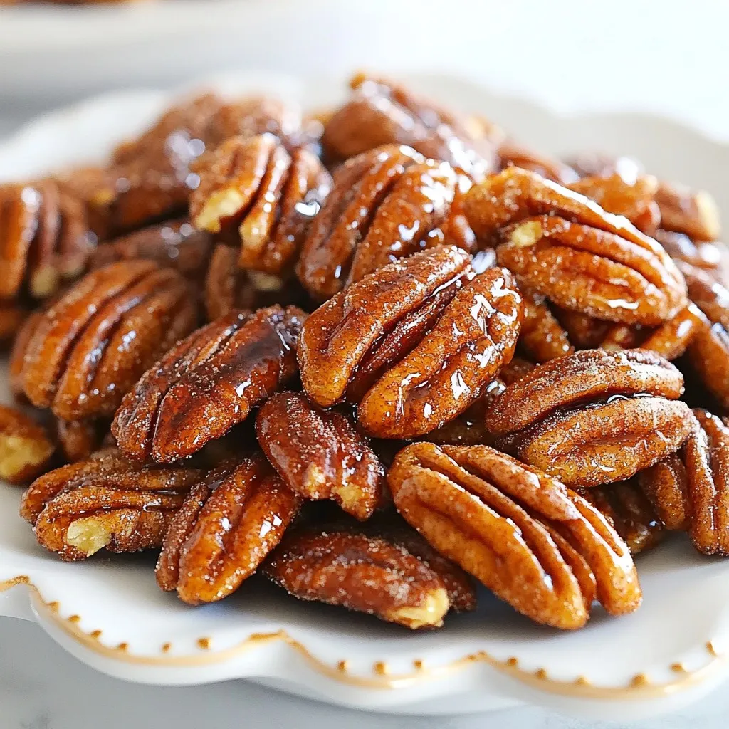 - 2 cups pecan halves - 1/4 cup pure maple syrup - 1 teaspoon ground cinnamon - 1/4 teaspoon freshly grated nutmeg - 1/4 teaspoon fine sea salt - 1 tablespoon coconut oil or unsalted butter, melted - 1/4 cup packed brown sugar (optional) - Baking sheet - Parchment paper - Medium mixing bowl - Whisk - Spatula or wooden spoon Gathering the right ingredients is key for tasty maple cinnamon roasted pecans. You need pecan halves to give that great crunch. Pure maple syrup adds sweetness and depth. Ground cinnamon brings warmth, while nutmeg adds a hint of spice. Sea salt gives a nice contrast. For richness, melt coconut oil or unsalted butter. Brown sugar is optional but can make your pecans sweeter. Next, you’ll need some tools. A baking sheet lined with parchment paper helps with easy cleanup. A medium mixing bowl is perfect for blending all the ingredients. A whisk helps mix everything well, and a spatula or wooden spoon is great for coating the pecans evenly. With these ingredients and tools ready, you're all set for a fun cooking session! {{ingredient_image_2}} - Set to 350°F (175°C) - Prepare the baking sheet First, I set my oven to 350°F (175°C). This is the perfect temperature for roasting. I line a baking sheet with parchment paper. This helps with easy cleanup later. - Combine maple syrup, spices, and oil - Whisk until smooth and well combined Next, I grab a medium mixing bowl. I pour in 1/4 cup of pure maple syrup. Then, I add 1 teaspoon of ground cinnamon, 1/4 teaspoon of freshly grated nutmeg, and 1/4 teaspoon of fine sea salt. I also add 1 tablespoon of melted coconut oil or unsalted butter. Using a whisk, I mix until smooth and well combined. - Gently add pecans to the mixture - Mix until evenly coated - Add brown sugar if desired Now, I gently add 2 cups of pecan halves to the mixture. I use a spatula to stir until every pecan is evenly coated. If I want more sweetness, I sprinkle in 1/4 cup of packed brown sugar. I mix again until the sugar sticks to the nuts. - Spread pecans on the baking sheet - Bake and stir every 5 minutes I spread the coated pecans onto the prepared baking sheet. It’s best if they are in a single layer. I then place the sheet in the preheated oven. I set a timer for 15-20 minutes. Every 5 minutes, I stir the pecans. This keeps them from burning and helps them roast evenly. - Let cool on the sheet - Transfer to an airtight container When the pecans smell great and look slightly darker, I take them out. I let them cool completely on the sheet. This helps them get nice and crispy. Once cool, I break apart any clusters. I then transfer them to an airtight container. These tasty treats are ready to enjoy! Stirring is key when roasting pecans. It helps heat spread evenly. Stir every five minutes. This step prevents burning and gives a nice color. The nuts are done when they smell great and look golden. You can adjust the spice levels to suit your taste. Want more cinnamon? Add a bit more! You can also use different sweeteners. Try honey or agave syrup as a tasty swap. For a healthier twist, swap coconut oil for olive oil or avocado oil. Both options add good fats. You can also cut the sugar. Use less maple syrup or leave out the brown sugar altogether. Pro Tips Use Fresh Spices: Freshly grated nutmeg will provide a more intense flavor compared to pre-ground spices. Consider investing in a microplane grater for the best results. Watch the Roasting Time: Ovens can vary in temperature, so keep an eye on your pecans. Check them a few minutes early to prevent burning. Cool for Crispiness: Allow the pecans to cool completely on the baking sheet to ensure they become crispy instead of chewy. Storage Tips: Store your roasted pecans in an airtight container at room temperature for up to two weeks to maintain their crunchiness. {{image_4}} You can mix pecans with almonds or walnuts. These nuts add different textures and flavors. For almonds, slice them thinly before mixing. Walnuts can be added whole. Adjust the baking time slightly. Keep an eye on them to avoid burning. Almonds may need just a few extra minutes. Walnuts often roast in the same time as pecans. Try adding vanilla or ginger for a new twist. A splash of vanilla extract enhances the sweet flavor. Grate a small piece of fresh ginger for a spicy kick. You can also explore savory options. Adding a pinch of cayenne gives a nice heat. Mixing herbs like rosemary can create a unique taste too. Honey or agave syrup work well instead of maple syrup. They give a similar sweetness but with their own flavor. If using honey, remember it is stickier. You may need to adjust some of the other wet ingredients. For low-sugar diets, reduce the sweetener amount. You can also skip the brown sugar entirely. This keeps it tasty while lowering the sugar content. Store your maple cinnamon roasted pecans in an airtight container. This keeps them fresh and crunchy. I recommend using a glass jar or a plastic container with a tight lid. Avoid metal containers, as they can affect flavor. Keep the container in a cool, dark place like a pantry. These pecans will last about two weeks at room temperature. If you want them to last longer, store them in the fridge. In the fridge, they can last up to a month. Check for signs of spoilage. If they smell off or taste bitter, it's time to toss them out. Yes, you can freeze maple cinnamon roasted pecans! To freeze, place them in a freezer-safe bag or container. Remove as much air as you can before sealing. When you want to enjoy them, thaw them in the fridge or at room temperature. This way, they stay tasty and crunchy. Yes, you can use other nuts. Almonds, walnuts, and cashews work well. Almonds give a light crunch. Walnuts have a rich taste. Cashews add creaminess. Each nut brings its own flavor, so feel free to mix them. To reduce sweetness, cut back on maple syrup. Use only 2 tablespoons instead of 1/4 cup. You can also skip the brown sugar. If you want a spicier taste, add more cinnamon or nutmeg. This will balance the flavors without the extra sweetness. These pecans make a great snack on their own. They also top salads or yogurt nicely. Try them with oatmeal or ice cream. They add crunch and flavor to many dishes. You can even use them in baking for a fun twist. Yes, this recipe is easy to make vegan. Just use coconut oil instead of butter. Make sure your maple syrup is pure and not mixed with animal products. Skip the brown sugar if you prefer. This way, you can enjoy a tasty vegan treat! This recipe for maple cinnamon roasted pecans is easy and fun. You learned about the ingredients you need, the tools required, and how to roast pecans to perfection. Adding custom flavors and healthier options can make it your own. Enjoy these tasty nuts as a snack or topping. They are simple to store and last long if kept right. Now, it’s time to try making your batch and share them with friends.