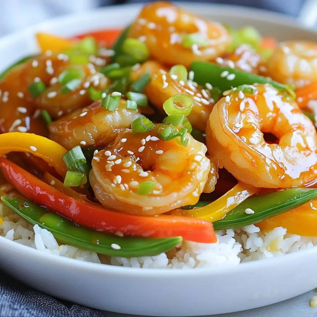 - 1 pound large shrimp, peeled and deveined - 2 tablespoons honey - 3 cloves garlic, minced - 1 tablespoon soy sauce or tamari - 1 tablespoon cornstarch - 2 tablespoons vegetable oil - 1 bell pepper, sliced into strips - 1 cup snap peas, ends trimmed - 1 medium carrot, julienned - 2 green onions, chopped (green and white parts separated) For this honey garlic shrimp stir fry, I love to focus on fresh and vibrant ingredients. The shrimp are the star here, so I always pick large, juicy ones. You want to peel and devein them first. This makes them clean and ready to soak up all the flavors. Honey gives a nice sweetness that balances the savory garlic. I use fresh garlic, minced finely, to add depth to the dish. A splash of soy sauce or tamari brings in umami. I often choose tamari for a gluten-free option. To thicken the sauce, cornstarch works wonders. It helps coat the shrimp and veggies nicely. Vegetable oil is perfect for frying since it has a high smoke point. Now for the colorful veggies! I like red or yellow bell peppers for crunch and sweetness. Snap peas add a nice snap, while carrots bring color and texture. Green onions not only add flavor but also a fresh touch on top. These ingredients come together to create a simple yet delicious meal that looks as good as it tastes! {{ingredient_image_2}} - In a medium bowl, mix shrimp with honey, minced garlic, soy sauce, and cornstarch. - Add a pinch of salt and pepper. Toss well to coat the shrimp. - Let the shrimp sit for about 15 minutes. This helps the flavors sink in. - First, slice the bell pepper into thin strips. - Next, julienne the carrot into thin matchsticks. - Trim the ends off the snap peas. - Finally, chop the green onions, keeping the green and white parts separate. - Heat 1 tablespoon of vegetable oil in a large pan over medium-high heat. - Once hot, add the marinated shrimp in a single layer. Cook for 2-3 minutes on each side until pink and opaque. - Remove the shrimp from the pan and set aside. - In the same pan, add the other tablespoon of oil. - Toss in the bell pepper, snap peas, and carrot. Stir-fry for about 4-5 minutes. The veggies should be bright and tender-crisp. - Return the shrimp to the pan. Toss everything together for 1-2 minutes to heat through. - Taste and add more salt and pepper if needed. - Remove from heat and sprinkle with green onion tops and sesame seeds. Using high heat is key for stir-frying. It helps the shrimp cook fast and keeps them juicy. If the heat is too low, the shrimp can get rubbery. I recommend preheating your pan until it's very hot. This way, you can cook the shrimp quickly, just 2-3 minutes on each side. Be careful not to overcook the shrimp. They should turn pink and opaque. If they cook too long, they will become tough. Keep an eye on them while they cook. To boost the flavor, try adding spices like red pepper flakes or black pepper. A splash of lime juice can also brighten the dish. You could mix in a bit of ginger for a new twist. Using fresh herbs makes a big difference. Chopped cilantro or parsley adds freshness. You can sprinkle them on top for a burst of color. Serve your stir fry over warm jasmine rice or fluffy quinoa. This not only looks great but also makes the meal filling. Use a large serving dish or individual bowls to make it special. For a final touch, sprinkle sesame seeds over the top. They add a nice crunch. You can also drizzle a little honey for a shiny finish. Adding fresh herbs like cilantro makes it pop with color. Pro Tips Marinate for Maximum Flavor: Allowing the shrimp to marinate for at least 15 minutes not only enhances the flavor but also helps to tenderize the meat. High Heat for Quick Cooking: Cooking the shrimp and vegetables over medium-high heat ensures they cook quickly while retaining their texture and color. Customize Your Veggies: Feel free to swap in your favorite vegetables, such as broccoli or zucchini, to suit your taste or what's in season. Garnish for Presentation: A sprinkle of toasted sesame seeds and fresh herbs not only adds flavor but also elevates the dish's visual appeal. {{image_4}} You can switch shrimp for chicken or tofu. Chicken adds a hearty bite and cooks well in this dish. Tofu is great for a vegetarian version. Choose firm tofu for the best texture. Cut it into cubes and marinate just like the shrimp. This way, it absorbs all the tasty flavors. Feel free to swap in other veggies. Broccoli, bell peppers, and zucchini all work well. You can also use seasonal vegetables like asparagus in spring or squash in fall. Just make sure to cut them into similar sizes for even cooking. This keeps everything tender and colorful. Want a kick? Add red pepper flakes to your stir fry. A pinch can really boost the flavor. You can also play with different sauces. Try teriyaki or sweet chili sauce for a twist. Each will change the taste and keep your meal exciting. Don’t be afraid to experiment and find your favorite combo! To keep your honey garlic shrimp stir fry fresh, store it in an airtight container. Place it in the fridge within two hours of cooking. This way, it stays safe to eat. You can keep it in the fridge for up to three days. Just make sure to eat it within that time for the best taste. When reheating your stir fry, use a pan over medium heat. This method helps keep the shrimp juicy. Stir it gently to avoid burning. If you notice it getting dry, add a splash of water or soy sauce. This will help avoid sogginess and keep it flavorful. Yes, you can freeze honey garlic shrimp stir fry! To do this, let it cool completely. Then, place it in a freezer-safe bag or container. Make sure to remove as much air as possible. This helps prevent freezer burn. You can freeze it for up to three months. When ready to eat, thaw it in the fridge overnight before reheating. - First, rinse the shrimp under cold water. - Use a small knife to cut along the back. - Remove the dark vein you see inside. - Rinse the shrimp again to clean off any dirt. - Pat the shrimp dry with paper towels before cooking. Cleaning shrimp is easy and quick. This step is key for great flavor. Yes, you can use frozen shrimp. Here’s how: - Take the shrimp out of the freezer. - Place them in the fridge overnight to thaw. - If you are short on time, put the shrimp in a bowl of cold water for 10-15 minutes. - Make sure to drain and pat them dry before cooking. Using frozen shrimp can save time. Just ensure they are fully thawed for best results. To make this recipe gluten-free, swap out a few ingredients: - Use tamari instead of soy sauce. - Make sure the cornstarch is gluten-free. - Check all labels to ensure no hidden gluten. These simple swaps keep the dish tasty and safe for gluten-free diets. This article outlined a simple way to make a delicious honey garlic shrimp stir fry. We covered main ingredients like shrimp, honey, and garlic, and how to prepare them. I shared step-by-step cooking instructions and important tips to enhance your dish. You can adjust flavors and substitute proteins or vegetables as desired. Finally, knowing how to store and reheat leftovers ensures nothing goes to waste. Enjoy making this dish with ease and feel confident in your cooking skills!