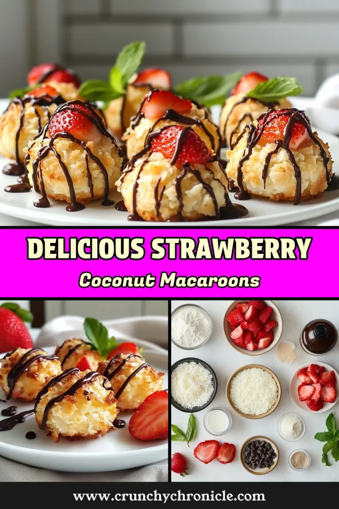 Indulge in these delicious Strawberry Coconut Macaroons, an easy macaroon recipe that's perfect for warm days! This no bake strawberry dessert combines shredded coconut and fresh strawberries, drizzled with dark chocolate for a fruity macaroon treat. Ideal for gatherings or a simple weeknight delight. Discover how to create this delightful dessert and elevate your snack game today! Don’t forget to save and share! #DessertRecipe #Macros #NoBake #StrawberryTreats