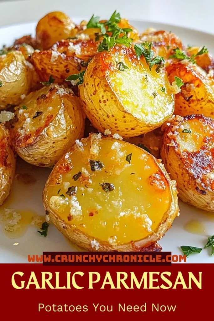 Looking for a flavorful side dish? Try these Garlic Parmesan Roasted Potatoes! This easy roasted potato side dish features crispy garlic potatoes that are perfectly seasoned and topped with gooey Parmesan. Discover the ultimate roasted baby potatoes recipe that complements any meal. Perfect for weeknight dinners or special occasions. Save this delicious recipe for Garlic Parmesan potatoes and impress your guests! #GarlicParmesanPotatoes #CrispyGarlicPotatoes #EasyRoastedPotatoSideDish #RoastedBabyPotatoes