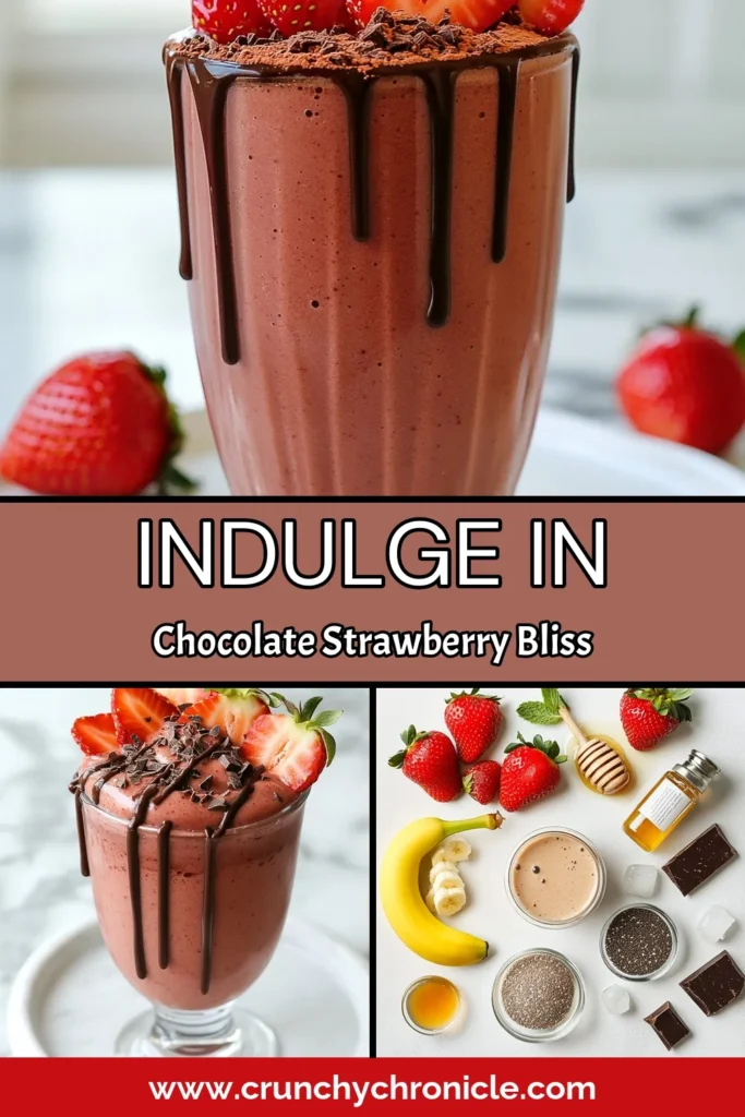 Indulge in this delicious chocolate covered strawberry smoothie that combines fresh strawberries, frozen banana, and almond milk for a healthy strawberry smoothie recipe. Perfect as a vegan chocolate smoothie, this easy recipe uses unsweetened cocoa powder and sweeteners like honey or maple syrup. Discover the rich flavors from your chocolate strawberry smoothie ingredients and treat yourself to a nutritious delight. Try it now and enjoy the refreshing taste! #SmoothieRecipes #HealthyLiving #VeganRecipes #ChocolateLovers