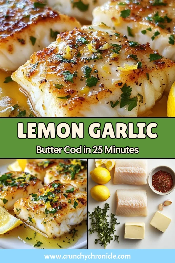 Elevate your dinner with this Garlic Lemon Butter Cod, a delicious baked cod recipe that's both quick and healthy! Packed with flavor from garlic butter, lemon zest, and thyme, this dish is perfect for busy weeknights. In just 25 minutes, enjoy flaky cod fillets with garlic butter that will impress your family. Save this healthy cod dish for your next meal idea! #GarlicLemonButterCod #QuickFishRecipes #HealthyCodDishes #BakedCodRecipe