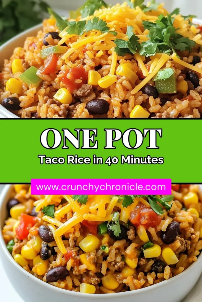 Looking for an easy taco rice recipe? This spicy one-pot taco rice is perfect for quick weeknight meals! Made with hearty ground beef, black beans, and rice, it’s a delicious way to satisfy your taco cravings. In just 40 minutes, you can enjoy a comforting dish that’s family-friendly and full of flavor. Save this spicy taco rice recipe for your next dinner! #TacoRice #OnePotDinner #WeeknightMeals #EasyRecipes