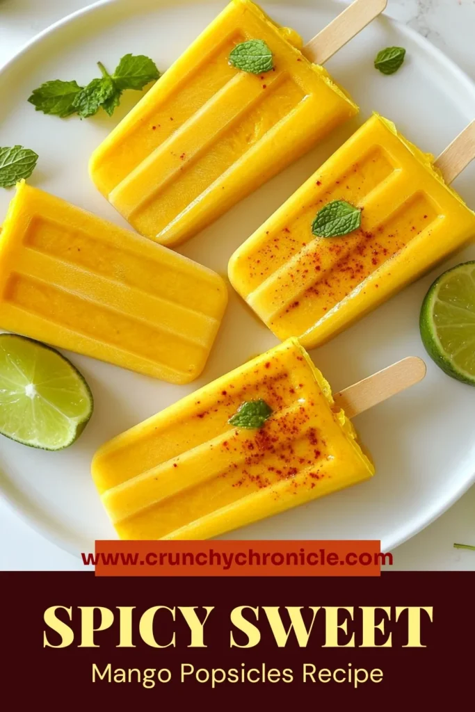 Satisfy your cravings with these refreshing Mango Chili Lime Popsicles! Perfect for a hot day, these Healthy Mango Popsicles are made with fresh ingredients like ripe mangos and coconut water. This homemade fruit popsicle recipe combines sweet mango with a spicy twist, making them irresistible. Try this spicy popsicle recipe today and enjoy a burst of tropical flavor! Don't forget to save this recipe for later! #MangoChiliLimePopsicles #HealthyPopsicles #SpicyPopsicleRecipe #CoconutWaterPopsicles