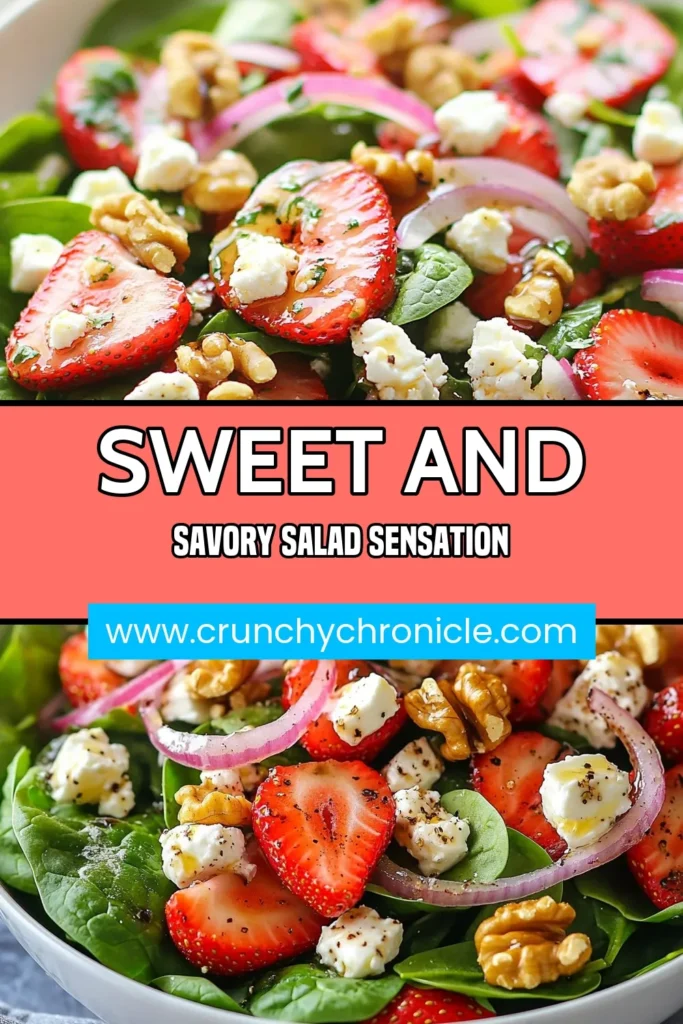 Looking for a delicious and nutritious meal? Try this Spinach Strawberry Feta Salad! This feta cheese salad recipe features fresh baby spinach, juicy strawberries, and crunchy walnuts, all drizzled with a homemade balsamic vinaigrette. Perfect for healthy spinach recipes and fresh fruit salad ideas, it’s a dish everyone will love. Make this salad today and enjoy a burst of flavors! Save it for later! #SpinachStrawberrySalad #FetaCheeseRecipe #HealthySalad #BalsamicVinaigrette