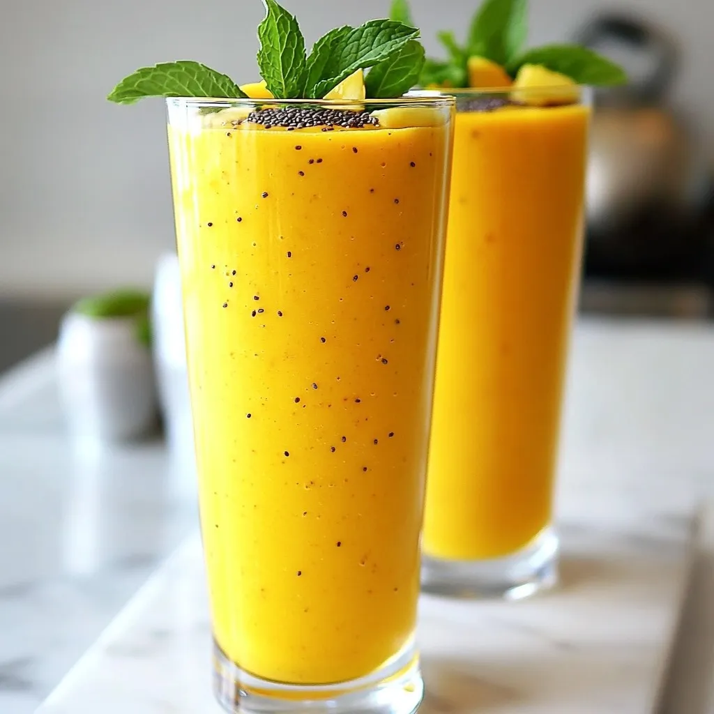 To make a Tropical Sunrise Smoothie, gather these simple ingredients. They give this drink its bright flavor and fun texture. - Ripe banana - Frozen pineapple chunks - Coconut milk (or almond milk) - Freshly squeezed orange juice - Honey or agave syrup (optional) - Chia seeds - Fresh mint leaves for garnish This smoothie shines with ripe bananas. They add creaminess and natural sweetness. Frozen pineapple chunks bring a taste of the tropics. They also keep the smoothie cold and refreshing. You can use coconut milk for a rich, smooth base. If you prefer, almond milk works just as well. Freshly squeezed orange juice adds a zesty kick. You can adjust sweetness with honey or agave syrup if you like it sweeter. Chia seeds pack a nutritional punch. They add fiber and a slight crunch. Finally, fresh mint leaves make your drink look pretty and add a burst of freshness. With these ingredients, you are ready to blend a delicious Tropical Sunrise Smoothie. Enjoy the flavors of summer in every sip! {{ingredient_image_2}} - Preparing the ingredients Start by gathering your ingredients. You need a ripe banana, frozen pineapple chunks, coconut milk, freshly squeezed orange juice, honey or agave syrup, chia seeds, and fresh mint leaves. - Blending the smoothie Add the frozen banana and pineapple to the blender. Next, pour in the coconut milk and orange juice. If you want it sweeter, add honey or agave syrup. - Finalizing the texture Blend the mix on high speed. Keep blending until it is smooth and creamy. If it feels thick, add a splash more coconut milk to get the right texture. - Pouring and garnishing Carefully pour the smoothie into tall glasses. Fill them to your liking. Finish by adding fresh mint leaves on top for a nice touch. To make your Tropical Sunrise Smoothie sweeter, try adding honey or agave syrup. Start with one tablespoon. Blend and taste it. You can always add more if needed. For extra flavor, consider add-ins like a scoop of vanilla protein powder or a handful of spinach. These mix well without changing the taste. For a smooth and creamy texture, use frozen fruit. Frozen bananas and pineapples make the smoothie thick. If your smoothie is too thick, add a little coconut milk. Blend until you reach your perfect consistency. Ice works too, but frozen fruit gives better flavor. Choose tall, clear glasses for serving. This shows off the bright colors. Garnish with fresh mint leaves for a pop of green. You can also add a slice of orange on the rim for extra flair. This makes your smoothie look just as great as it tastes! Pro Tips Frozen Fruits for Creaminess: Using frozen fruits like banana and pineapple not only chills the smoothie but also gives it a creamy texture without needing to add ice. Customize Your Sweetness: Adjust the sweetness by adding honey or agave syrup according to your taste preference, or opt for ripe fruits for natural sweetness. Chia Seeds Boost: Chia seeds are a great addition for extra fiber and omega-3s. Be sure to blend them in briefly to avoid clumping. Garnish for Flavor: Fresh mint leaves not only add a beautiful touch but also enhance the refreshing flavor of your smoothie. {{image_4}} You can change the fruits in your Tropical Sunrise Smoothie. If you want a new taste, try mango. It adds a sweet and creamy flavor. Strawberries bring a tangy note that brightens the smoothie. Blueberries offer a burst of antioxidants and a nice color. Each fruit gives a fun twist to the classic recipe. If you want a dairy-free smoothie, swap the coconut milk for almond milk. Almond milk has a light taste that mixes well with fruits. You can also use oat milk for its creamy texture. These options keep your smoothie rich without dairy. They are great for all diets. Want more nutrients? Add protein powders or superfoods to your smoothie. A scoop of protein powder gives you energy and makes the smoothie filling. Superfoods like spirulina or acai powder boost health benefits. You can easily mix them into your smoothie for extra goodness. You can store your Tropical Sunrise Smoothie in the fridge. Use an airtight container. This keeps the smoothie fresh for one day. Give it a good shake before you drink it again. If you want to save some for later, freezing is a great option. Pour the smoothie into ice cube trays or freezer-safe bags. Make sure to leave space for expansion. You can blend these frozen cubes later with a splash of coconut milk. This makes a quick smoothie anytime! If you need to swap out ingredients, do it carefully. For example, you can use almond milk instead of coconut milk. This keeps the flavor bright. If you change fruits, pick ones that blend well. Berries or mango can work nicely in this recipe. You can use almond milk as a great choice. Almond milk gives a nice flavor. Other options include soy milk or oat milk. These alternatives keep the smoothie tasty and creamy. Yes, you can! Just blend the smoothie and store it in the fridge. It stays fresh for up to 24 hours. If it thickens, stir it well before drinking. This smoothie has about 200 to 250 calories per serving. The total depends on your choices, like using honey or agave. You can skip the banana if you want. Try adding more frozen pineapple instead. You can also use mango for a sweet taste. This blog post shared a simple way to make a delicious Tropical Sunrise Smoothie. You learned about the right ingredients, step-by-step preparation, and tips for perfecting flavor and texture. I also discussed fun variations and storage tips. Smoothies can be easy, tasty, and healthy. Experiment with the ingredients to find your favorite blend. Now, go create your smoothie and enjoy every sip!