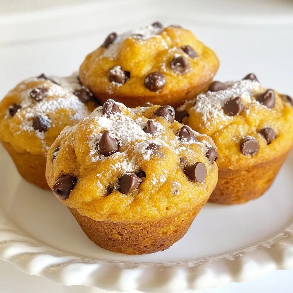 To make delicious chocolate chip pumpkin muffins, gather these simple ingredients: - 1 cup canned pumpkin puree - 1/2 cup packed brown sugar - 1/4 cup granulated sugar - 1/2 cup vegetable oil - 2 large eggs - 1 teaspoon vanilla extract - 1 1/2 cups all-purpose flour - 1 teaspoon baking soda - 1/2 teaspoon baking powder - 1 teaspoon ground cinnamon - 1/2 teaspoon ground nutmeg - 1/2 teaspoon salt - 1 cup semi-sweet chocolate chips - 1/4 cup chopped pecans (optional) These ingredients mix to create a moist and flavorful muffin. The pumpkin adds a rich texture, while the chocolate chips bring sweetness. If you like a crunch, add pecans for extra flavor. Each ingredient plays a key role in making your muffins a tasty fall treat. {{ingredient_image_2}} 1. Preheat your oven to 350°F (175°C). This step is key for even baking. 2. Prepare a muffin tin by lining it with paper liners. You can also grease it lightly with cooking spray. This helps the muffins release easily. 3. In a large mixing bowl, combine the canned pumpkin puree, brown sugar, granulated sugar, and vegetable oil. Use a whisk to mix these ingredients until smooth. This creates a flavorful base for your muffins. 4. Crack the eggs into the pumpkin mixture. Pour in the vanilla extract. Whisk everything together until it blends well and looks creamy. 5. In a separate bowl, measure out the all-purpose flour, baking soda, baking powder, ground cinnamon, ground nutmeg, and salt. Whisk these dry ingredients together. This ensures they mix evenly. 6. Gradually add the dry ingredients into the pumpkin mixture. Use a spatula or wooden spoon to gently stir until just combined. Be careful not to overmix. This keeps the muffins light and fluffy. 7. Fold in the semi-sweet chocolate chips. If you like, add chopped pecans for extra crunch and flavor. 8. Use a spoon or ice cream scoop to fill each muffin cup about 3/4 full with the batter. This allows the muffins to rise without overflowing. 9. Place the muffin tin in the preheated oven. Bake for 18-22 minutes. The muffins are done when a toothpick inserted in the center comes out clean or with a few moist crumbs. 10. After baking, let the muffins cool in the pan for about 5 minutes. Then, transfer them to a wire rack to cool completely. A precise oven temperature is key for great muffins. I always preheat my oven to 350°F (175°C). This ensures even baking. If you live at a higher altitude, you might need to adjust your baking time. Muffins may rise faster, so check them a few minutes early. Want to boost flavor? Add spices! Consider a pinch of ginger or allspice. You can also swap regular sugar for coconut sugar for a deeper taste. If you want a lighter muffin, try using applesauce instead of oil. This gives moisture without added fat. After cooling, dust your muffins with powdered sugar. This adds a nice touch. You can also serve them on a colorful plate or a rustic wooden board. For fun, place extra chocolate chips on top before serving. It makes them look fancy and tempting. Pro Tips Use Fresh Spices: Ensure your ground spices like cinnamon and nutmeg are fresh for the best flavor. Old spices can lose their potency and affect the overall taste of your muffins. Check Doneness Carefully: Avoid overbaking by checking the muffins a minute or two before the recommended time. A toothpick should come out clean or with a few moist crumbs, ensuring a moist texture. Experiment with Mix-ins: Feel free to customize your muffins by adding other mix-ins such as dried cranberries, walnuts, or white chocolate chips for a unique twist. Store Properly: To keep muffins fresh, store them in an airtight container at room temperature for up to 3 days or freeze them for longer storage, ensuring they stay moist and delicious. {{image_4}} You can make these muffins healthier. Use whole wheat flour instead of all-purpose flour. This change adds fiber and nutrients. You can also try gluten-free flour if you need that option. For sweeteners, swap white sugar with honey or maple syrup. These natural sweeteners give a rich taste. Get creative with mix-ins! You can add nuts like walnuts or pecans for crunch. Try other fruits too, like dried cranberries or blueberries. Different types of chocolate can also change the flavor. Use dark chocolate chips for a richer taste or white chocolate for a sweeter twist. Adjust the pumpkin spice blend to your liking. Add more cinnamon or nutmeg for a stronger flavor. Make your muffins festive! For Halloween, decorate them with spooky designs. Use icing or edible glitter to create fun faces. For Thanksgiving, add toppings like a sprinkle of cinnamon or chopped nuts. You can also stuff them with cream cheese for a special treat. These variations let you enjoy the flavors of the season while keeping the recipe fresh! To keep your chocolate chip pumpkin muffins fresh, store them properly. You can store them at room temperature. Place them in an airtight container. This method keeps them soft and tasty for a few days. If you live in a humid area, refrigerating them is a smart choice. Wrap the muffins in plastic wrap before placing them in the fridge. This helps prevent them from drying out. Freezing your muffins is a great way to enjoy them later. First, let the muffins cool completely. Then, wrap each one in plastic wrap. After that, place them in a freezer-safe bag or container. This keeps them fresh for up to three months. When you're ready to eat them, just take one out. Thaw it in the fridge overnight or warm it in the microwave for a few seconds. This method helps maintain their texture and flavor. Chocolate chip pumpkin muffins can last a bit longer with proper storage. At room temperature, they stay good for about 2-3 days. If you refrigerate them, they can last up to a week. When frozen, they can remain tasty for up to three months. Always check for any signs of spoilage before eating. Keeping an eye on their condition ensures you enjoy them at their best! Can I use fresh pumpkin instead of canned? Yes, you can use fresh pumpkin. Roast it, scoop out the flesh, and mash it. Use the same amount as the canned pumpkin. This brings a fresh flavor and texture to your muffins. What can I substitute for eggs? You can use applesauce or mashed bananas. Each egg equals 1/4 cup of applesauce or 1/2 a banana. This keeps the muffins moist and adds a hint of sweetness. How can I make these muffins vegan? To make these muffins vegan, use plant-based oil and replace eggs with applesauce or flaxseed. Mix one tablespoon of flaxseed with three tablespoons of water and let it sit for five minutes. This creates a great egg substitute. Why are my muffins dense? Dense muffins often come from overmixing the batter. Mix just until combined. Also, check your baking powder and baking soda for freshness. Old leavening agents can lead to flat, heavy muffins. Can I make mini muffins with this recipe? Yes, you can! Just adjust the baking time. Mini muffins typically bake for about 10-15 minutes. Keep an eye on them and check for doneness with a toothpick. How can I adjust the recipe for higher altitude? At higher altitudes, decrease sugar by 1-2 tablespoons. Increase liquid by 1-2 tablespoons and add an extra egg. These changes help the muffins rise better in thinner air. In this post, I walked you through making delicious pumpkin muffins. We covered ingredients, step-by-step instructions, and baking tips. I offered ways to swap ingredients for healthier choices and shared storage pointers to keep your muffins fresh. Now, it’s time to bake. Experiment with flavors, enjoy the process, and savor the results. You’ll create wonderful treats that brighten up any day. Enjoy your baking adventure!