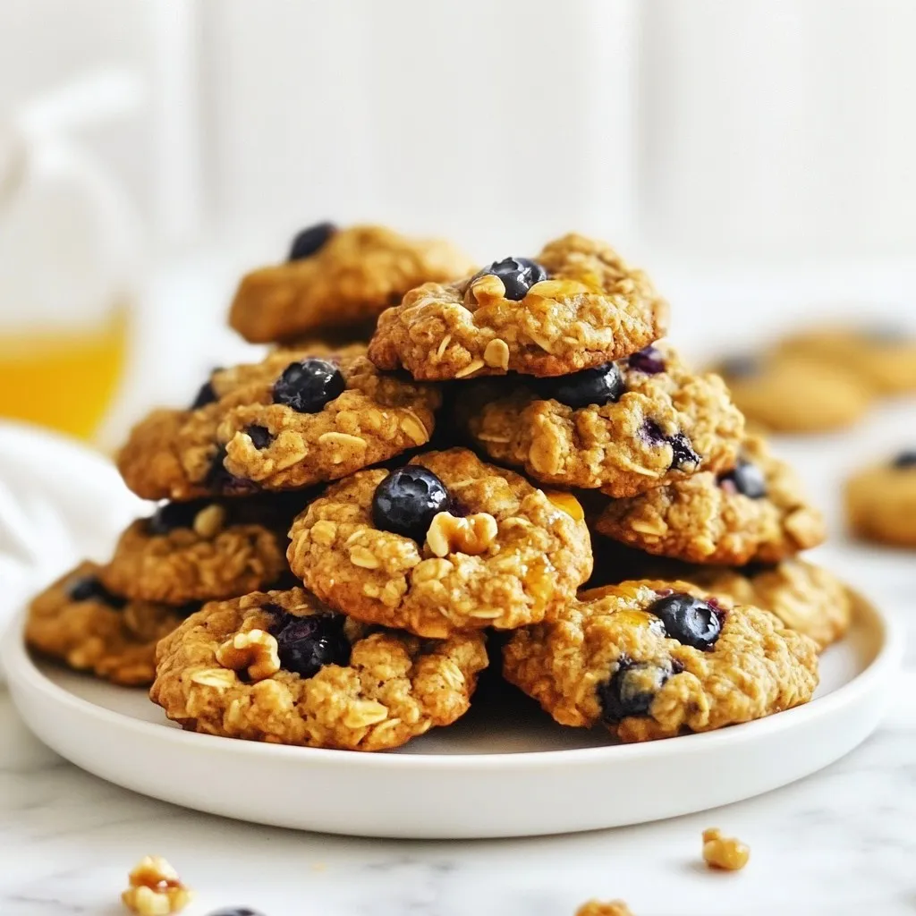 For these Blueberry Oatmeal Breakfast Cookies, you will need a few simple yet wholesome ingredients. Here’s the list: - 1 cup rolled oats - 1 cup whole wheat flour - 1/2 cup brown sugar, firmly packed - 1/4 cup honey or maple syrup - 1/3 cup coconut oil, melted - 1/2 teaspoon baking powder - 1/2 teaspoon baking soda - 1/2 teaspoon ground cinnamon - 1/4 teaspoon sea salt - 1/2 cup fresh blueberries, rinsed and drained - 1/4 cup chopped walnuts (optional for a crunchy texture) - 1 teaspoon pure vanilla extract Each ingredient plays a role in making these cookies delicious and healthy. The rolled oats provide fiber, while whole wheat flour adds more nutrients. Brown sugar gives a hint of caramel flavor. Honey or maple syrup offers natural sweetness. Coconut oil keeps the cookies moist and adds a subtle flavor. The baking powder and baking soda help the cookies rise. Cinnamon adds warmth, and sea salt enhances all the flavors. Fresh blueberries burst with juicy goodness, and walnuts bring in a nice crunch. These ingredients come together to create a tasty treat that energizes your morning! {{ingredient_image_2}} Start by preheating your oven to 350°F (175°C). This step ensures even baking. Line a baking sheet with parchment paper. This keeps cookies from sticking and makes cleanup easy. In a large bowl, combine the rolled oats, whole wheat flour, baking powder, baking soda, ground cinnamon, and sea salt. Stir the mix well until all dry ingredients blend evenly. This step adds flavor and texture to your cookies. In a separate bowl, whisk together melted coconut oil, packed brown sugar, honey or maple syrup, and pure vanilla extract. Mix until smooth. This mixture adds moisture and sweetness, making your cookies soft. Now, pour the wet mixture into the dry ingredients. Gently stir until just combined. Be careful not to over-mix, as this can change the cookie's texture. You want them to be chewy and soft. Take a spatula and gently fold in the fresh blueberries and optional chopped walnuts. Spread them evenly through the dough. This adds a burst of flavor and a bit of crunch to each bite. Use a tablespoon or cookie scoop to drop dough onto the prepared baking sheet. Leave about 2 inches between each mound. Lightly press down on each mound to flatten them a bit. Bake in the preheated oven for 12-15 minutes. The edges should turn golden brown, while the centers stay soft. After baking, let the cookies sit on the baking sheet for 5 minutes. This helps them firm up. Then, transfer them to a wire rack to cool completely. This step is key for getting the right texture. Enjoy! To get the right texture, make sure to mix the wet and dry ingredients well. Avoid over-mixing, as this can make cookies tough. When shaping the cookies, lightly flatten them. This helps them bake evenly. Bake until the edges are golden brown, while the center stays soft. Let them cool to firm up. You can swap whole wheat flour with almond or oat flour for a different taste. If you want to cut sugar, use applesauce instead of honey or maple syrup. For a nut-free option, leave out the walnuts or use sunflower seeds. This way, you can customize the cookies to fit your taste. To keep cookies fresh, store them in an airtight container at room temperature. They can last up to a week. If you want to freeze them, wrap each cookie in plastic wrap and place them in a freezer bag. To reheat, pop them in the microwave for about 10-15 seconds. Enjoy them warm for a soft treat! Pro Tips Choose the Right Sweetener: If you prefer a lighter taste, use maple syrup instead of honey. It will give your cookies a subtle sweetness without overpowering the blueberry flavor. Don’t Overmix the Dough: When combining the wet and dry ingredients, mix just until everything is incorporated. Overmixing can lead to dense cookies. Use Fresh Blueberries: For the best flavor and texture, opt for fresh blueberries. If using frozen, make sure they are thawed and drained to prevent excess moisture in the dough. Experiment with Add-ins: Feel free to customize your cookies! Consider adding dark chocolate chips, shredded coconut, or dried fruit for additional flavor and texture. {{image_4}} To make these cookies dairy-free, swap out the coconut oil for a plant-based butter. You can also use almond or cashew milk instead of any dairy milk. This keeps the cookies moist and tasty without dairy. You won’t miss the cream! You can add fun extras to customize your cookies. Consider adding: - Chopped pecans or almonds for crunch - A handful of dark chocolate chips for sweetness - Dried cranberries for a fruity twist - Chia seeds for added fiber These add-ins boost flavor and texture, making every bite special. If you need a gluten-free recipe, use gluten-free oats and flour. Many brands offer good options that work well in cookies. You may need to check for cross-contamination. This ensures a safe treat for everyone to enjoy. Each Blueberry Oatmeal Breakfast Cookie has about 120 calories. Here’s a quick breakdown: - Carbs: 18g - Protein: 2g - Fat: 5g - Fiber: 2g These cookies are not just tasty; they also provide a good balance of nutrients. - Rolled Oats: Great for heart health and digestion. They help keep you full. - Whole Wheat Flour: It has more fiber than white flour. This helps with weight control. - Blueberries: They are full of antioxidants. These help fight free radicals. - Coconut Oil: It offers healthy fats that can boost energy. - Walnuts: Optional but great for omega-3 fatty acids, which support brain health. Using these ingredients helps you start the day strong. Enjoy these cookies with a glass of almond milk or your favorite tea. They also pair well with yogurt and fresh fruit. You can stack them in a tall glass for a nice look. Drizzle some honey on top for extra sweetness! Yes, you can use frozen blueberries. They add great flavor, but thaw them first. This helps keep your dough from getting too wet. Plus, they won’t break apart as much when you mix them in. Look for the edges to turn golden brown. The center should be soft but not wet. If you press lightly, it should spring back. Remember, they will firm up as they cool. Absolutely! Just double all the ingredients. Make sure you have enough space on your baking sheets. You may need to bake in batches to avoid crowding. Yes, these cookies freeze well! Just let them cool completely. Then, place them in an airtight container. They can last for up to three months in the freezer. These cookies taste great with almond milk or a cup of coffee. You can also serve them with yogurt and fresh fruit. They’re perfect for a quick, filling breakfast option! This blog post covered the simple ingredients and steps to make healthy cookies. You learned how to mix dry and wet ingredients, fold in blueberries and walnuts, and bake them to perfection. Remember, you can enjoy fun variations like gluten-free options or dairy-free versions. With these tips and a little creativity, your cookie game will shine. Enjoy making these delicious treats, and share them with friends or family!