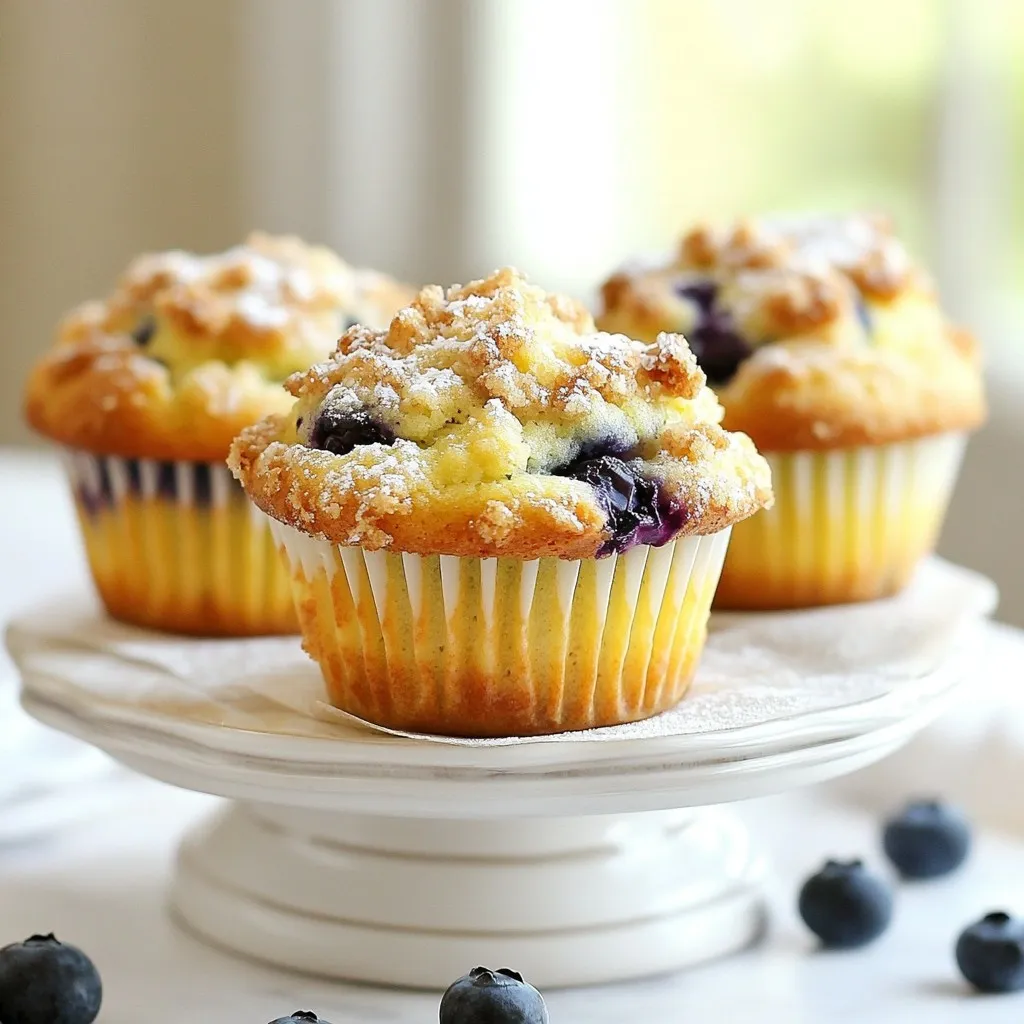 To make blueberry streusel muffins, you will need the following items: - 2 cups all-purpose flour - 1 cup fresh blueberries (or frozen blueberries, thawed) - 3/4 cup granulated sugar - 1/2 cup unsalted butter, melted - 2 large eggs - 1/2 cup buttermilk (or substitute with milk mixed with 1 teaspoon of vinegar) - 1 teaspoon vanilla extract - 2 teaspoons baking powder - 1/2 teaspoon baking soda - 1/4 teaspoon salt - For the streusel topping: - 1/2 cup all-purpose flour - 1/3 cup packed brown sugar - 1/4 cup unsalted butter, cold and cubed - 1/2 teaspoon ground cinnamon You can swap some ingredients for different flavors or needs: - Use whole wheat flour for added nutrition. - Replace granulated sugar with coconut sugar for a richer taste. - Try almond milk or oat milk instead of buttermilk for a dairy-free option. - Swap the blueberries for raspberries or chopped apples for a twist. Gather these items to help you bake: - Muffin tin - Paper liners or cooking spray - Mixing bowls - Whisk - Spatula or wooden spoon - Fork (for streusel topping) - Toothpick (to test muffins) - Wire rack (for cooling) These ingredients and tools will help you create tasty blueberry streusel muffins with ease. Enjoy mixing and baking! {{ingredient_image_2}} First, you need to preheat your oven to 375°F (190°C). This helps the muffins bake evenly. Next, get your muffin tin ready. You can either line it with paper liners or grease it with butter or cooking spray. This step ensures that your muffins come out easily after baking. In a large mixing bowl, combine the following dry ingredients: - 2 cups all-purpose flour - 3/4 cup granulated sugar - 2 teaspoons baking powder - 1/2 teaspoon baking soda - 1/4 teaspoon salt Whisk these ingredients together until they blend well. Make sure there are no lumps left. This mix forms the base of your muffins. Now, grab another bowl for the wet ingredients. Add these items: - 1/2 cup unsalted butter, melted - 2 large eggs - 1/2 cup buttermilk (or milk mixed with vinegar) - 1 teaspoon vanilla extract Whisk these together until smooth. This mixture adds moisture and flavor to your muffins. Pour the wet mixture into the bowl with the dry ingredients. Stir gently using a spatula or wooden spoon. Mix until just combined. It’s fine if some lumps remain; this keeps the muffins soft. Next, carefully fold in 1 cup of fresh or thawed blueberries. Ensure they are evenly spread in the batter without breaking them apart. For the streusel topping, take another bowl and mix: - 1/2 cup all-purpose flour - 1/3 cup packed brown sugar - 1/2 teaspoon ground cinnamon Add 1/4 cup of cold, cubed butter. Use a fork or your fingers to combine everything until you get a crumbly texture. This will add a sweet crunch on top of your muffins. Now, fill each muffin cup about two-thirds full with the batter. Sprinkle the streusel topping generously over each. Place the muffin tin in your preheated oven. Bake for 18-20 minutes. Check if they are done by inserting a toothpick into the center. If it comes out clean or with a few moist crumbs, they are ready! Once baked, let the muffins cool in the pan for 5 minutes before moving them to a wire rack. Enjoy the delightful aroma! To get soft, fluffy muffins, mix your batter gently. Overmixing can make them tough. You want some small lumps in the batter; this keeps the muffins light. Also, use room-temperature eggs and buttermilk for the best rise. Remember, the blueberries should be folded in carefully. This prevents them from breaking apart and coloring the batter. If you have leftover muffins, let them cool fully first. Store them in an airtight container at room temperature. They stay fresh for about two days. For longer storage, freeze them. Wrap each muffin in plastic wrap and place them in a freezer bag. They can last for up to three months. Avoid these common pitfalls: - Skipping the oven preheat: This step is key for proper baking. - Not measuring flour correctly: Use the spoon-and-level method for accuracy. - Opening the oven too soon: This can cause muffins to sink. Wait until they are close to done. By following these tips, you’ll make perfect blueberry streusel muffins every time! Pro Tips Use Fresh Blueberries: For the best flavor and texture, opt for fresh blueberries whenever possible. If using frozen, ensure they are fully thawed and patted dry to prevent excess moisture in the batter. Don’t Overmix: Mix the batter until just combined. Overmixing can lead to dense muffins. A few lumps are perfectly fine! Chill the Butter: When making the streusel topping, using cold butter helps achieve that perfect crumbly texture. It creates a delightful contrast to the soft muffins. Check for Doneness: To ensure your muffins are perfectly baked, insert a toothpick into the center. It should come out clean or with a few moist crumbs, but not wet batter. {{image_4}} You can make gluten-free blueberry streusel muffins by using a gluten-free flour blend. Look for one that works well in baking. Replace the all-purpose flour with this blend in equal amounts. You may need to add extra baking powder to ensure they rise well. Enjoy the same blueberry flavors without the gluten! To make vegan blueberry muffins, swap the eggs for flaxseed meal. Mix one tablespoon of flaxseed meal with three tablespoons of water. Let it sit for five minutes. Use plant-based milk instead of buttermilk. Coconut, almond, or soy milk works great. Replace butter with coconut oil or vegan butter. These muffins will be just as tasty! You can add other flavors to your muffins. Consider mixing in lemon zest for a fresh twist. A dash of almond extract can enhance the flavor. You can also fold in nuts, like walnuts or pecans, for a crunch. If you love spices, try adding a pinch of nutmeg. Each tweak makes the muffins unique! To keep your blueberry streusel muffins fresh, store them in an airtight container. This helps keep moisture in and prevents them from drying out. If you plan to eat them within two days, you can leave them at room temperature. For longer storage, place them in the fridge. Just make sure they are fully cooled before you store them. Freezing muffins is an easy way to enjoy them later. First, let the muffins cool completely. Then, wrap each muffin in plastic wrap. After that, place them in a freezer-safe bag or container. They can last up to three months in the freezer. When you are ready to eat one, just take it out and let it thaw at room temperature. To reheat your blueberry streusel muffins, you have a few options. For a quick method, microwave one muffin for about 15-20 seconds. If you prefer a crispy top, heat your oven to 350°F (175°C). Place the muffins on a baking sheet and warm them for about 5-8 minutes. This will give you that fresh-baked taste again! Yes, you can use frozen blueberries. Just make sure to thaw and drain them first. This helps prevent extra moisture in the muffins. If you use them straight from the freezer, they may turn the batter blue. To check if your muffins are done, insert a toothpick into the center. If it comes out clean or with a few moist crumbs, they are ready. The tops should also look golden brown. Absolutely! You can add nuts like walnuts or pecans for crunch. You can also mix in other fruits like raspberries or chopped apples. Just keep the total fruit amount similar to the blueberries. If you don't have buttermilk, mix 1/2 cup of milk with 1 teaspoon of vinegar. Let it sit for five minutes. This will mimic buttermilk's tangy flavor and help your muffins rise. To keep your muffins moist, store them in an airtight container. You can also wrap them in plastic wrap. If they start to dry out, you can microwave them for a few seconds to refresh their softness. You learned about making tasty blueberry streusel muffins from scratch. We covered the key ingredients, simple steps, and useful tips. Baking should be fun, so remember to experiment with flavors and substitutions. Aim for the right texture, and store your muffins well to keep them fresh. With this guide, you can avoid common mistakes and create delicious treats. Enjoy your baking journey and share these muffins with friends and family!
