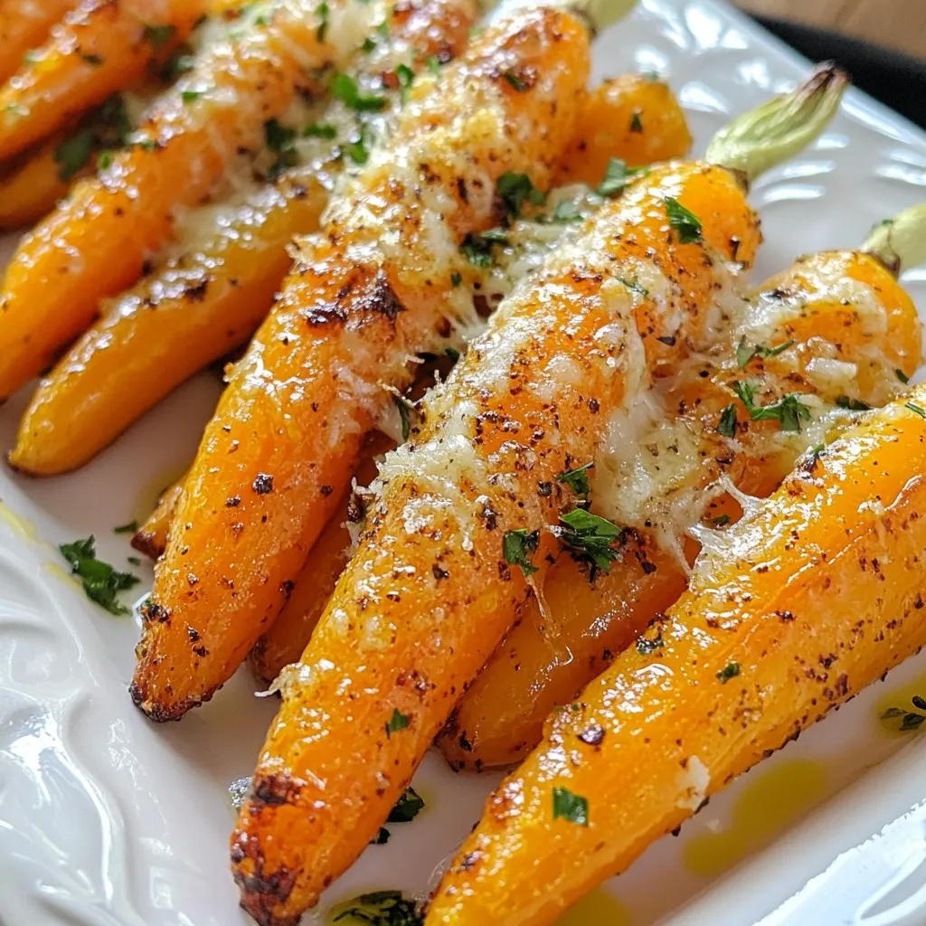 To make Garlic Parmesan Roasted Carrots, gather these simple ingredients: - 1 pound baby carrots - 3 tablespoons extra virgin olive oil - 4 cloves garlic, finely minced - 1 teaspoon dried thyme - 1 teaspoon coarse sea salt - ½ teaspoon freshly ground black pepper - ½ cup freshly grated Parmesan cheese - 2 tablespoons fresh parsley, finely chopped (for garnish) These ingredients work together to create a dish that is both savory and satisfying. The baby carrots add a natural sweetness, while the garlic provides depth. The olive oil helps the carrots roast perfectly, giving them a nice, tender texture. The Parmesan cheese adds a rich flavor that makes this side dish truly special. And don’t forget the parsley! It adds a fresh touch that brightens the dish when you serve it. With this simple list, you can easily prepare a delicious and healthy side dish. Whether you’re serving it at dinner or for a special occasion, these Garlic Parmesan Roasted Carrots will impress everyone at the table. {{ingredient_image_2}} Set your oven to 425°F (220°C). Preheating is key for roasting. This ensures the carrots cook evenly and get that nice caramelization. In a big bowl, mix the baby carrots with: - 3 tablespoons extra virgin olive oil - 4 cloves garlic, finely minced - 1 teaspoon dried thyme - 1 teaspoon coarse sea salt - ½ teaspoon freshly ground black pepper Use your hands or a spatula to toss well. Make sure each carrot gets coated with the mix. This adds flavor to every bite. Line a baking sheet with parchment paper. Spread the carrots in a single layer. This helps them roast well without steaming. Roast the carrots in the oven for about 20-25 minutes. Halfway through, stir them. This step helps them brown nicely and become tender. Once the carrots are done, remove them from the oven. Right away, sprinkle ½ cup freshly grated Parmesan cheese on top. Let it sit for 2-3 minutes. This gives the cheese time to melt. For a bubbly finish, pop the baking sheet back in the oven for another 2-3 minutes. Keep a close eye on it to prevent burning. After this, gently toss the carrots to mix in the cheese. To make your garlic Parmesan roasted carrots even tastier, you can add spices. Try adding a pinch of smoked paprika for a nice kick. Red pepper flakes also work well if you like heat. Fresh herbs like rosemary or basil can boost the taste too. Pair your carrots with meats like chicken or fish for a balanced meal. They also go great with grains like quinoa or rice. When serving your roasted carrots, think about the plate. A bright, white platter makes the colors pop. Drizzle a bit more olive oil on top for shine. Sprinkle extra Parmesan and parsley over the carrots for a nice touch. You can also add a lemon wedge on the side for a burst of freshness. This adds a lovely visual element to the dish. Using the right tools can make cooking easier. Choose a sturdy baking sheet for even heat distribution. I recommend one with a rim to catch any drips. Parchment paper helps with easy cleanup and prevents sticking. For preparation, keep a good knife and a cutting board handy. Having a mixing bowl makes tossing the carrots with the olive oil and spices easy. Pro Tips Choose the Right Carrots: Opt for fresh, bright-orange baby carrots for the best flavor and texture. If using larger carrots, cut them into uniform pieces to ensure even cooking. Don’t Skimp on Seasoning: Ensure all carrots are well-coated with olive oil and seasoning. This enhances the flavor and promotes a deliciously crispy exterior. Use Parchment Paper: Lining your baking sheet with parchment paper helps prevent sticking and makes for easier cleanup after roasting. Experiment with Cheese: While Parmesan is delicious, feel free to mix in other cheeses like Pecorino Romano or a sprinkle of feta for a unique twist on flavor. {{image_4}} You can swap baby carrots for other veggies. Try using asparagus, Brussels sprouts, or bell peppers. Each veggie brings its own unique flavor. Cooking times may change based on what you choose. For example, asparagus needs about 15 minutes, while Brussels sprouts take about 25 minutes. Always check for tenderness to know when they are ready. If you're vegan, replace Parmesan with nutritional yeast. This gives you a cheesy flavor without dairy. Also, you can use any plant-based oil instead of olive oil. For gluten-free eaters, this recipe is already gluten-free. Just ensure your Parmesan or any substitutes are gluten-free too. To change up the flavor, add spices like paprika or cumin. You can also toss in some red pepper flakes for heat. Seasonal veggies can add freshness. In spring, use fresh peas or in fall, consider adding butternut squash. Each season brings new tastes to explore! To keep your Garlic Parmesan Roasted Carrots fresh, use an airtight container. Glass or plastic containers work well. Store in the fridge for up to four days. After that, they may lose flavor and texture. When reheating, use the oven or a skillet. The oven helps keep them crispy. Heat at 350°F (175°C) for about 10 minutes. Stir them halfway through to warm evenly. If you use a skillet, heat on medium and add a splash of water. This keeps them moist but watch for sogginess. You can freeze these carrots if you have leftovers. Flash freeze them first by spreading them on a baking sheet. Once frozen, place them in a freezer bag. They stay good for about three months. To thaw, move them to the fridge overnight. Reheat them in the oven for the best texture. Yes, you can use regular carrots. Just keep in mind they take longer to cook. Cut them into smaller pieces to match the size of baby carrots. This helps them roast evenly. If you cut them too large, they may need an extra 10 minutes of roasting time. These carrots pair well with many dishes. Try them with roasted chicken or grilled steak. They also go great with pasta or a fresh salad. For a vegetarian meal, serve them alongside quinoa or rice. The flavors mix well, making each bite tasty. To avoid burning the cheese, watch it closely while it bakes. After adding the Parmesan, you can turn on the broiler for a minute. This helps it melt without burning. You can also take the carrots out just as the cheese starts to bubble. Yes, you can prepare the carrots in advance. Toss the carrots with oil and seasonings, then store them in the fridge. When ready to cook, just roast them as directed. You can also reheat them in the oven at 350°F for about 10 minutes. This makes it easy to enjoy them later! You now know how to make delicious Garlic Parmesan Roasted Carrots. We covered the ingredients and steps to ensure they taste great every time. Don’t forget helpful tips for flavor and easy storage. These carrots are not just tasty; they're easy to customize for any meal. Try different veggies or flavors based on your taste. Enjoy cooking, and make these carrots a regular part of your meals!