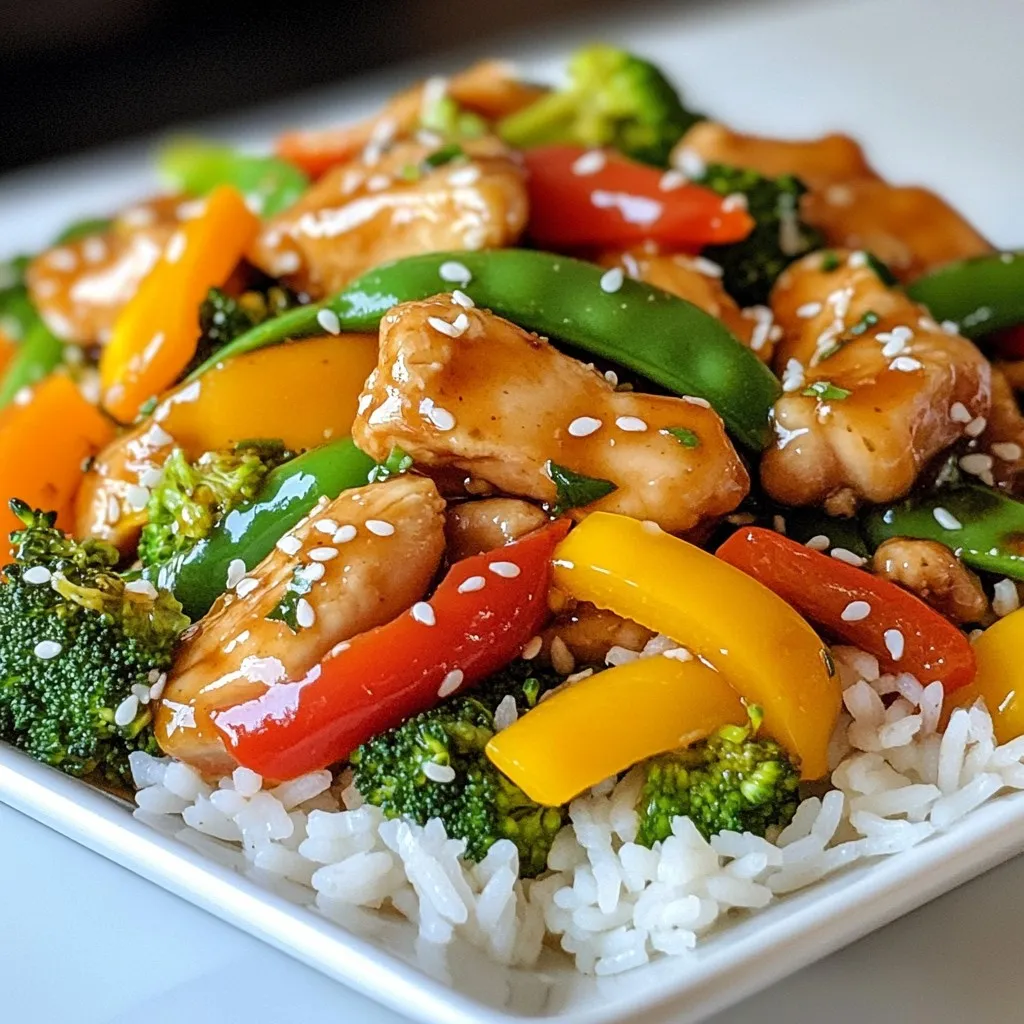 - 1 lb boneless, skinless chicken breasts, thinly sliced - 2 tablespoons honey - 3 tablespoons soy sauce - 2 cloves garlic, minced - 1 tablespoon fresh ginger, grated - 1 cup assorted bell peppers (red, yellow, green), sliced into thin strips - 1 cup broccoli florets, cut into bite-sized pieces - 1 cup snap peas, trimmed - 2 tablespoons vegetable oil (or sesame oil for added flavor) - Salt and pepper to taste - 1 teaspoon sesame seeds, for garnish - Cooked jasmine rice or quinoa, for serving - Choosing Fresh Produce: Always pick bright and firm vegetables. Fresh produce adds great flavor and texture. Look for bell peppers with smooth skin and vibrant colors. Broccoli should be deep green and firm. - Selecting the Best Chicken: Choose chicken that is pink and moist. Avoid chicken with any discoloration or a foul smell. Fresh chicken cooks better and tastes great. - Opting for Low-Sodium Soy Sauce: Low-sodium soy sauce is a smart choice. It allows you to control salt levels while keeping flavor. This option helps avoid overpowering the honey's sweetness. {{ingredient_image_2}} - In a small bowl, whisk together: - 2 tablespoons honey - 3 tablespoons soy sauce - 2 cloves garlic, minced - 1 tablespoon fresh ginger, grated - Mix until smooth and well combined. Set it aside to let the flavors blend. - Heat 2 tablespoons vegetable oil in a large skillet over medium-high heat. - Season 1 pound of sliced chicken with salt and pepper. - Carefully add the chicken to the hot skillet. Cook for 5-7 minutes. - Stir often until the chicken is golden brown and cooked through. It should reach 165°F or 75°C. - Once done, remove the chicken and set it aside on a plate. - In the same skillet, add: - 1 cup assorted bell peppers, sliced - 1 cup broccoli florets - 1 cup snap peas - Stir-fry these vegetables for 3-4 minutes. Cook until they are tender-crisp. - Return the cooked chicken to the skillet. Pour the honey garlic sauce over everything. - Gently toss all ingredients to coat them in the sauce. - Continue cooking for another 2-3 minutes. Allow the sauce to heat through and thicken. - Remove from heat and sprinkle with 1 teaspoon sesame seeds for a nice crunch. - High Heat Cooking For the best stir-fry, always use high heat. This helps the chicken cook fast and keeps it juicy. A hot skillet sears the meat quickly, locking in the flavor. Make sure your oil is hot before adding any food. You can test the heat by splashing a drop of water in the pan. If it sizzles, it’s ready! - Importance of Stirring Stirring is key to a great stir-fry. Move the food around in the pan often. This ensures even cooking and prevents burning. Use a spatula to lift and toss the food. Keep it moving for that perfect stir-fry texture. - Adding More Sweetness or Saltiness You can tweak the flavors to match your taste. If you like it sweeter, add a bit more honey. For saltiness, drizzle in extra soy sauce. Just remember to taste as you go. This way, you won’t overpower the dish. - Spice Options for Heat Want some spice? Add chili flakes or a splash of hot sauce. You can also use fresh chopped chilies for a bold kick. Start with a little and add more if you want it spicier. - Rice vs. Quinoa Serve your stir-fry over jasmine rice for a classic combo. It soaks up the sauce well. If you want something different, try quinoa. It adds a nutty flavor and extra protein. - Garnishing Techniques Garnishing makes your dish look great. Sprinkle sesame seeds on top for crunch. Finely chopped green onions add color and fresh taste. For a fancy touch, use a drizzle of extra honey or soy sauce around the plate. Pro Tips Marinate for Extra Flavor: Let the chicken marinate in the honey garlic sauce for at least 30 minutes (or overnight) before cooking. This will enhance the flavor profile and make the chicken even more delicious. Use Fresh Vegetables: For the best texture and flavor, opt for fresh, seasonal vegetables. This not only makes the dish more vibrant but also adds nutritional value. High Heat for Stir-Frying: Ensure your skillet or wok is very hot before adding ingredients. This helps to achieve that desirable stir-fry char and keeps the vegetables crisp. Customize Your Sauce: Feel free to adjust the sweetness or saltiness of the sauce by adding more honey or soy sauce according to your taste. You can also add a splash of rice vinegar for a tangy twist. {{image_4}} You can change the protein in this dish for a new twist. - Tofu or Tempeh: Both work well in this stir-fry. Use firm tofu, cubed, or tempeh, sliced thin. They soak up the honey garlic sauce nicely. - Other Meats: Try shrimp, beef, or pork. Just adjust cooking times. Shrimp cooks fast, while beef and pork may need a bit longer. Mix and match vegetables for variety. You can use what you have or what's in season. - Seasonal Produce Options: In spring, add asparagus or snap peas. In summer, zucchini and corn are great. Fall brings squash and carrots. Winter is perfect for hearty greens like kale. - Frozen Vegetable Substitutes: Frozen veggies save time. They are just as healthy. Look for stir-fry blends with bell peppers, broccoli, and carrots. You can switch up the sauce for different flavors. - Teriyaki or Peanut Sauce Options: Teriyaki sauce adds a sweet and savory touch. Peanut sauce brings creaminess. Just use the same amount as the honey garlic sauce. - Low-FODMAP Alternatives: If you need a low-FODMAP sauce, use coconut aminos instead of soy sauce. It’s milder and safe for sensitive stomachs. - Refrigeration Tips: Place leftover Honey Garlic Chicken Stir-Fry in an airtight container. Store it in the fridge for up to three days. Make sure to cool the dish to room temperature before sealing. This keeps the flavors fresh and the chicken safe to eat. - Freezing Instructions: If you want to keep leftovers longer, freeze them. Use a freezer-safe container or bag. This dish can stay in the freezer for up to three months. When you're ready to eat, thaw it in the fridge overnight. - Best Methods for Retaining Texture: The best way to reheat this stir-fry is on the stove. Heat a pan over medium heat and add a splash of water or oil. This keeps the chicken moist and the veggies crisp. Stir often until heated through. - Avoiding Soggy Vegetables: To prevent soggy veggies, avoid the microwave. If you use it, heat in short bursts. Check often to avoid overcooking. You want the vegetables to stay bright and crunchy. Honey Garlic Chicken Stir-Fry lasts about 3 to 4 days in the fridge. Store it in an airtight container. This keeps the flavors fresh. When you're ready to eat, just reheat it well. Yes, you can make this dish in advance. Cook it, let it cool, and store it in the fridge. This way, you save time on busy days. Just reheat it when you're ready to serve. Absolutely! To make this recipe gluten-free, use gluten-free soy sauce. There are many good brands available. This change keeps the great taste without gluten. - Additional Common Questions - Can I use frozen vegetables? Yes, frozen veggies work well. Just adjust cooking time, as they may cook faster. - What can I serve with this dish? Serve it over jasmine rice or quinoa for a healthy meal. You can also add a salad on the side. - Can I add more vegetables? Yes! Feel free to add your favorite veggies like carrots or zucchini. This adds more color and nutrition to your meal. In this blog post, we covered the essential ingredients for honey garlic chicken stir-fry, including quality tips and step-by-step instructions. We explored stir-fry techniques, flavor adjustments, and variations. You can always customize this dish to your taste or dietary needs. Remember, fresh ingredients and the right techniques lead to the best meals. Happy cooking!