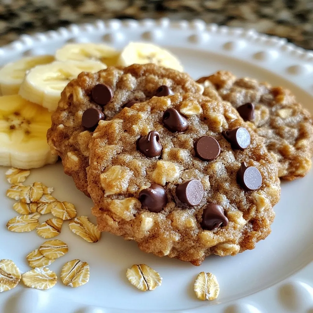 To make these tasty cookies, gather these ingredients: - 1 cup mashed ripe bananas (about 2-3 medium bananas) - 1/2 cup melted coconut oil (or unsalted butter) - 1/2 cup packed brown sugar - 1/4 cup granulated sugar - 1 large egg - 1 teaspoon pure vanilla extract - 1 cup rolled oats - 1 cup all-purpose flour (or whole wheat for a healthier choice) - 1 teaspoon baking soda - 1/2 teaspoon sea salt - 1 cup semi-sweet chocolate chips - 1/2 cup chopped walnuts (optional for crunch) You can swap some ingredients for different flavors or needs: - Use applesauce instead of banana for less sugar. - Swap coconut oil with butter for a richer taste. - For a gluten-free version, use gluten-free flour. - Replace chocolate chips with dried fruit for a fruity twist. - Omit walnuts if you want a nut-free cookie. These cookies are not only delicious but also offer some nutrition: - Each cookie has around 120 calories. - They provide healthy fats from coconut oil. - Bananas add potassium and fiber. - Oats give you whole grains and keep you full. - Chocolate chips add sweetness and a little joy! {{ingredient_image_2}} Start by preheating your oven to 350°F (175°C). This temperature helps the cookies bake evenly. Next, line a baking sheet with parchment paper. This step keeps the cookies from sticking. You can also use a silicone mat if you prefer. In a large mixing bowl, mash about two to three ripe bananas until smooth. Add in 1/2 cup of melted coconut oil. If you prefer, you can use unsalted butter instead. Next, mix in 1/2 cup of packed brown sugar and 1/4 cup of granulated sugar. Stir well until the mixture is creamy and smooth. This will ensure your cookies are sweet and moist. In another bowl, sift together 1 cup of rolled oats, 1 cup of all-purpose flour, 1 teaspoon of baking soda, and 1/2 teaspoon of sea salt. Mix these dry ingredients well to avoid lumps. Gradually add this dry mix to the banana mixture. Stir gently until just combined. Be careful not to overmix, as this keeps your cookies tender and chewy. Now it's time to add the fun! Fold in 1 cup of semi-sweet chocolate chips and, if you like, 1/2 cup of chopped walnuts. These add a nice crunch and extra flavor. Using a spoon or cookie scoop, drop rounded tablespoons of dough onto the prepared baking sheet, leaving about 2 inches between each cookie. Bake in the preheated oven for 10-12 minutes. The cookies are ready when the edges are lightly golden and the centers look set. Let them cool on the baking sheet for five minutes before moving them to a wire rack. Enjoy your delightful treat! To make soft cookies, use ripe bananas. Ripe bananas add moisture and sweetness. Next, do not overmix the dough. Overmixing makes cookies tough. Instead, stir until the dry and wet ingredients combine. Lastly, bake just until edges turn golden. This keeps the centers soft and chewy. One common mistake is using cold ingredients. Cold oil or eggs can affect texture. Always use room-temperature eggs and melted oil. Another mistake is not measuring flour correctly. Too much flour can lead to dry cookies. Use a spoon to fluff the flour, then scoop it into your cup. Finally, do not skip the resting step after baking. Letting cookies cool helps them set perfectly. You can enhance flavor by adding nuts or spices. Chopped walnuts add a nice crunch. You can also try adding cinnamon or nutmeg for warmth. For a fun twist, use dark chocolate chips instead of semi-sweet. You can even fold in dried fruit like cranberries or raisins. These add bursts of flavor and texture. Pro Tips Use Ripe Bananas: The riper the bananas, the sweeter and more flavorful your cookies will be. Look for bananas with brown spots for the best results. Don't Overmix: Mix the dough just until the ingredients are combined. Overmixing can lead to tough cookies instead of soft and chewy ones. Chill the Dough: If you have time, chill the cookie dough in the refrigerator for 30 minutes before baking. This helps the cookies maintain their shape and enhances the flavor. Storage Tips: Store the cookies in an airtight container at room temperature for up to a week, or freeze them for longer-lasting freshness. {{image_4}} To make gluten-free cookies, swap all-purpose flour for gluten-free flour. This flour mixes work well. You can also use almond flour for a nutty flavor. The rest of the recipe stays the same. Just be sure to check that your oats are gluten-free as well. For a vegan version, skip the egg and use a flax egg instead. Mix 1 tablespoon of ground flaxseed with 2.5 tablespoons of water. Let it sit for five minutes until it thickens. Replace coconut oil with a plant-based butter. The cookies will still taste great! You can add spices to change the taste. Cinnamon or nutmeg gives a warm flavor. Try mixing in different nuts like pecans or almonds for crunch. Dried fruits like raisins or cranberries can add a sweet twist. Get creative and find your favorite mix! To keep your cookies fresh, store them in an airtight container. Line the container with parchment paper to absorb any moisture. This method helps the cookies stay soft and tasty. If you want to keep them for a longer time, place a slice of bread in the container. The bread adds moisture and keeps cookies from drying out. When stored properly, these cookies last for about one week at room temperature. If you place them in the fridge, they can last up to two weeks. Just remember to seal them well to prevent them from absorbing odors from other foods. You can freeze these cookies for later enjoyment. Let them cool completely before you freeze them. Place cookies in a single layer in a freezer-safe bag. Remove as much air as possible before sealing. They can stay fresh for up to three months in the freezer. To enjoy, just thaw them at room temperature or warm them in the oven for a few minutes. This will bring back that fresh-baked taste. Yes, you can use frozen bananas. Just thaw them first. Frozen bananas are soft and sweet. They work well in this recipe. Make sure to drain any excess liquid after thawing. This keeps the dough from being too wet. You can use unsalted butter instead of coconut oil. Melt it in the microwave or on the stove. This change gives a rich flavor. You can also try vegetable oil. It works well, too. To make chewier cookies, add an extra egg yolk. This adds moisture and richness. You can also chill the dough before baking. This step helps the cookies stay thick and chewy. Another tip is to bake them for a shorter time. These cookies can fit many diets. For gluten-free, use a gluten-free flour mix. For vegan, swap the egg for a flax egg. Just mix one tablespoon of flaxseed meal with three tablespoons of water, then let it sit. These swaps keep the cookies tasty for everyone! In this blog post, we explored key ingredients, step-by-step baking, and useful tips. You learned about ingredient substitutes and how to store cookies for freshness. I shared ways to make soft cookies and offered gluten-free and vegan options. Remember, experimenting with flavors can make your cookies unique. With this knowledge, you can bake delicious cookies that match your taste and diet needs. Enjoy the process and share your treats with friends and family!