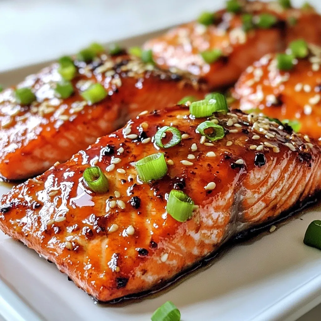 To make Ginger Soy Glazed Salmon, you need a few key ingredients. Here they are: - 4 salmon fillets (approximately 6 ounces each) - 1/4 cup soy sauce (preferably low sodium) - 2 tablespoons fresh ginger, finely grated - 2 tablespoons honey (or maple syrup for a vegan option) - 2 cloves garlic, minced - 1 tablespoon sesame oil - 1 tablespoon rice vinegar - 1/4 teaspoon freshly ground black pepper These ingredients create a rich and flavorful glaze. The ginger adds a warm spice, while the soy sauce gives it a nice umami kick. Garnishing your salmon makes it look and taste even better. You can use: - 1 tablespoon green onions, thinly sliced - A sprinkle of sesame seeds These garnishes add color and a little crunch. They make your dish more appealing and tasty. You can easily swap some ingredients if needed. Here are a few options: - For honey, use maple syrup for a vegan dish. - If you don’t have sesame oil, olive oil works well too. - You can replace fresh ginger with ground ginger, but use less. These substitutions help you adapt the recipe to what you have at home. I love finding ways to make recipes work with different ingredients. {{ingredient_image_2}} To start, grab a small mixing bowl. Add 1/4 cup of soy sauce. I like using low-sodium soy sauce for better flavor without too much salt. Next, add 2 tablespoons of finely grated fresh ginger. This gives the salmon a nice kick! Then, mix in 2 tablespoons of honey or maple syrup if you prefer a vegan option. Don't forget 2 minced garlic cloves for depth. Add 1 tablespoon of sesame oil and 1 tablespoon of rice vinegar for balance. Finally, sprinkle in 1/4 teaspoon of freshly ground black pepper. Whisk all these items until they blend well, making sure the honey dissolves completely. Now, you need to marinate the salmon. Take 4 salmon fillets, about 6 ounces each. Place them in a shallow dish or a resealable plastic bag. Pour your ginger soy marinade over the fillets. Make sure each piece gets coated well. Cover the dish or seal the bag tightly. Let it chill in the fridge for at least 30 minutes. This time allows the flavors to soak into the fish, making it taste amazing. You can cook the salmon in two ways: grilling or baking. If you choose grilling, preheat your grill to medium-high heat. Brush the grill grates lightly with cooking oil to stop sticking. For baking, preheat your oven to 400°F (200°C) and line a baking sheet with parchment paper for easy cleanup. Remove the salmon from the marinade. Keep the marinade for later. Place the salmon on the grill or the baking sheet. If grilling, cook for 4-6 minutes on each side. If baking, it will take about 12-15 minutes. Right before it's done, brush some of the reserved marinade on the salmon for extra flavor. You'll know it is ready when it flakes easily with a fork. After cooking, let the salmon rest for a couple of minutes. This helps keep it juicy. To serve, place the salmon fillets on plates. Drizzle any leftover glaze from the baking sheet or grill over the fish. Garnish each fillet with thinly sliced green onions and a sprinkle of sesame seeds. This makes the dish look pretty and adds a nice crunch. Enjoy your meal alongside steamed jasmine rice or a veggie stir-fry for a complete dish! To get that shiny glaze, use low sodium soy sauce. This helps balance flavors. Mix the soy sauce with fresh ginger, honey, and garlic. Whisk until smooth. Marinate the salmon for at least 30 minutes. This lets the flavors soak in. For a thicker glaze, reduce the marinade in a pan after cooking. This adds a rich finish. Cook salmon until it flakes easily. This means it is done. Use a fork to test it. For grilling, aim for 4-6 minutes per side. If baking, around 12-15 minutes works well. Keep an eye on it to avoid overcooking. If your salmon is thick, it may need more time. A meat thermometer can help; it should read 145°F (63°C). Adding a squeeze of lime can brighten the dish. You can also toss in some red pepper flakes for heat. Consider adding chopped herbs like cilantro or basil. These can give a fresh twist. If you love crunch, sprinkle some chopped nuts on top. These tips make your dish even more exciting! Pro Tips Marinate Longer for More Flavor: If you have the time, marinate the salmon for 1-2 hours for an even deeper flavor profile. Keep an Eye on Cooking Time: Salmon can cook quickly; check for doneness a minute or two earlier to avoid overcooking. Use Fresh Ingredients: Fresh ginger and garlic will enhance the flavor of the glaze significantly compared to dried versions. Experiment with Additions: Feel free to add a splash of citrus juice or a dash of chili flakes for a unique twist on the glaze. {{image_4}} You can switch the salmon for other fish like trout or tilapia. These fish absorb flavors well. Chicken is another great option. Use the same marinade and cook until done. For shrimp lovers, marinate shrimp in the mixture. They cook fast, so watch them closely. If you prefer a plant-based dish, tofu works great. Use firm tofu for the best texture. Press it to remove water, then cut it into cubes. Marinate the tofu just like the salmon. You can also try tempeh for a nutty flavor. Cook it until golden brown for a crispy bite. Change the soy sauce to tamari for a gluten-free version. You can also add lime juice for a citrus twist. Experiment with spices like chili flakes for heat. For a sweet touch, try adding orange juice instead of honey. Each change brings a new taste to your table. To store leftover ginger soy glazed salmon, place it in an airtight container. Ensure the lid is tight to keep out air. You can refrigerate it for up to three days. The flavors will continue to blend, making it even tastier. When reheating salmon, the goal is to keep it moist. Preheat your oven to 275°F (135°C). Place the salmon on a baking sheet. Cover it with foil to trap steam. Heat for about 15 minutes or until warm. You can also reheat it in a skillet over low heat for a few minutes. If you have extra salmon, freezing works well. Wrap each fillet tightly in plastic wrap. Then, place them in a freezer bag. This keeps them fresh for up to three months. When ready to eat, thaw it in the fridge overnight before reheating. Yes, you can use frozen salmon. Just make sure to fully thaw it first. Thawing helps the fish cook evenly. Place it in the fridge overnight or use the cold water method. Seal it in a bag and submerge it in cold water for about an hour. Once thawed, pat it dry before marinating. This way, the glaze sticks better to the fish. To keep salmon moist, marinate it for at least 30 minutes. The ginger soy mix adds flavor and moisture. When cooking, avoid overcooking the salmon. Cook it until it flakes easily with a fork. Let it rest for a few minutes after cooking. This step helps the juices redistribute, making it even more tender. Ginger soy glazed salmon goes well with many sides. Try serving it with steamed jasmine rice for a classic match. A vibrant vegetable stir-fry adds color and crunch. You can also pair it with a fresh salad, like a cucumber salad or a simple mixed greens salad. These options balance the rich flavors of the salmon. This blog post covered all you need to know about making Ginger Soy Glazed Salmon. We discussed key ingredients and optional garnishes. You learned how to prepare the marinade and cook the salmon. Tips for the perfect glaze and flavor additions were shared. Variations and storage tips showed how to keep it fresh. Try this recipe for a tasty meal. Enjoy your cooking, and don’t forget to share!