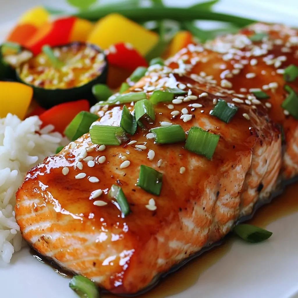 - 4 salmon fillets (approximately 6 oz each) - 1/4 cup honey - 1/4 cup low-sodium soy sauce - 3 cloves garlic, finely minced - 1 tablespoon fresh ginger, grated - 1 tablespoon rice vinegar - 1 tablespoon sesame oil - Salt and freshly ground black pepper, to taste - 2 green onions, thinly sliced (for garnish) - Sesame seeds, for garnish Gathering the right ingredients is key. For this honey garlic glazed salmon, start with fresh salmon fillets. I suggest using wild-caught salmon for the best flavor. Next, you’ll need honey to add sweetness. Low-sodium soy sauce gives it that savory kick. Let’s talk about aromatics. Fresh garlic and ginger provide depth. Their flavors will really shine in the glaze. Rice vinegar gives a slight tang, while sesame oil adds richness. For garnishing, use salt and black pepper to enhance the taste. Green onions add brightness and crunch. Lastly, sesame seeds provide a lovely finish. They add texture and look great on the plate. Now that you have your ingredients, get ready for a delicious meal! {{ingredient_image_2}} To start, grab a medium bowl. In this bowl, whisk together these key ingredients: - 1/4 cup honey - 1/4 cup low-sodium soy sauce - 3 cloves garlic, finely minced - 1 tablespoon fresh ginger, grated - 1 tablespoon rice vinegar - 1 tablespoon sesame oil Make sure everything mixes well. This marinade packs a sweet and savory punch. It will coat the salmon beautifully. Next, you need to prepare the salmon. Take four salmon fillets, each about 6 ounces. Place them in a shallow dish or a resealable bag. Pour the marinade over the salmon, ensuring each piece is covered. Now, seal the dish or bag. Pop it into the fridge for at least 30 minutes. If you want a stronger flavor, let it marinate for up to 2 hours. This step is key for juicy, flavorful salmon. Preheat your oven to 400°F (200°C). While it heats, prepare your baking sheet. Line it with parchment paper or lightly grease it. After the salmon has marinated, carefully remove it from the marinade. Let the excess liquid drip off. Place the salmon skin-side down on the baking sheet. Bake the salmon for about 12-15 minutes. You know it’s done when the fish flakes easily with a fork. The internal temperature should reach 145°F (63°C). Keep an eye on it to avoid overcooking. While it bakes, you can make the glaze. Take the leftover marinade and heat it in a small saucepan. Bring it to a gentle boil, then lower the heat. Let it simmer for about 5 minutes until it thickens. Once the salmon is cooked, remove it from the oven. Brush the thickened marinade over the salmon. This gives it a glossy finish and boosts the flavor. For the final touch, sprinkle sliced green onions and sesame seeds on top. Enjoy your Honey Garlic Glazed Salmon! For the best glaze, focus on your marinade. Keep it thick, but not too thick. The honey and soy sauce should mix well. The garlic and ginger add great flavor. Whisk until smooth, making sure to incorporate all the ingredients. A good marinade coats the salmon well. If it runs off too easily, add more honey. Let the fillets soak in the marinade. This gives the fish great taste. Cooking time depends on how thick your salmon fillets are. Thinner fillets cook faster, usually in 12 minutes. Thicker fillets may need up to 15 minutes. Always check for doneness. The salmon should flake easily with a fork. You can also use a meat thermometer. Look for 145°F (63°C) for safe cooking. If you have thicker fillets, you may want to lower the oven heat slightly and cook longer. This helps ensure even cooking. Garnishes make your dish look special and tasty. Use sliced green onions to add color and crunch. A sprinkle of sesame seeds adds a nice touch too. For a pop of color, serve on a white plate. This highlights the beautiful glaze. You can also add lemon wedges for freshness. Enjoy experimenting with different garnishes to make your dish shine! Pro Tips Marinate for Maximum Flavor: Allow the salmon to marinate for at least 1 hour for deeper flavor penetration. If time permits, marinate up to 2 hours for an even more intense taste. Choose the Right Salmon: Opt for wild-caught salmon if available, as it typically has a richer flavor and better texture compared to farmed salmon. Watch Cooking Time: Keep an eye on the salmon while it bakes. Thicker fillets may require a few extra minutes, while thinner ones will cook faster. Use a fork to check for flakiness. Garnish for Presentation: Elevate your dish by garnishing with fresh herbs or citrus slices. A sprinkle of chili flakes can add a nice touch of heat as well. {{image_4}} You can change the soy sauce in this recipe. Use tamari for a gluten-free option. If you want less sugar, try coconut aminos. For sweeteners, maple syrup works well. It adds a nice twist to the glaze. You can also use agave nectar if you prefer. Each swap gives the dish a unique flavor. You don't have to bake the salmon. Grilling is a tasty alternative. Preheat the grill and place the fillets skin-side down. Grill for about 6-8 minutes. You can also pan-sear the salmon. Heat a skillet on medium-high heat. Cook for 4-5 minutes on each side. Both methods give a nice char and keep the fish moist. Want to spice things up? Add some red pepper flakes for heat. They bring a nice kick to the glaze. Fresh herbs like cilantro or basil can also change the flavor. Try adding a squeeze of lime for a zesty touch. Experiment with these options to find your favorite version. To store your Honey Garlic Glazed Salmon, let it cool first. Place the salmon in an airtight container. You can keep it in the fridge for up to three days. If you need to store it longer, wrap it tightly in plastic wrap and foil, then freeze it. It can last up to three months in the freezer. When you freeze it, try to remove as much air as you can. This keeps the salmon fresh and tasty. When you are ready to eat the leftovers, you can reheat the salmon easily. The best way is in the oven. Preheat your oven to 350°F (175°C). Place the salmon on a baking sheet. Cover it with foil to keep it moist. Bake for about 10 minutes. You can also use the microwave for a quick option. Heat it for about 30 seconds at a time until warm. Be careful not to overcook it. This can dry out the salmon. Honey Garlic Glazed Salmon stays good for a while if stored right. In the fridge, it lasts for about three days. When frozen, it can stay fresh for three months. After that, the taste might change, but it will still be safe to eat. Always check for any off smells or changes in color before eating leftovers. Keeping an eye on these details helps you enjoy this dish safely. Yes, you can use frozen salmon. Just make sure to thaw it first. Place the salmon in the fridge overnight or submerge it in cold water for about an hour. This will help the fish cook evenly. Frozen salmon may take a bit longer to cook, so check it closely. You can tell if your salmon is done by looking for a few signs. First, the fish should flake easily with a fork. Second, check the color; it should be opaque and light pink. Lastly, use a food thermometer. The internal temperature should reach 145°F (63°C). There are many tasty sides to pair with this dish. Steamed jasmine rice is a classic choice. Roasted vegetables like broccoli or asparagus go well, too. You can also serve a fresh salad for a crisp contrast. Try adding a sprinkle of sesame seeds on top for extra flavor. This blog post walked you through making honey garlic glazed salmon. We covered the main ingredients, marinade steps, and cooking methods. You learned how to achieve that perfect glaze and explored fun variations. Final thoughts: With the tips shared, you can make salmon that’s tasty and easy. Feel free to experiment with flavors or ingredients to find your best dish. Enjoy your cooking!