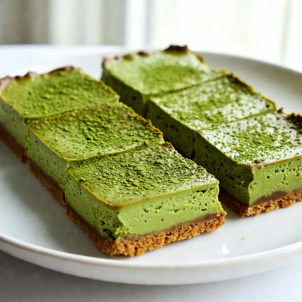 - 1 cup graham cracker crumbs - 1/4 cup unsalted butter, melted - 2 tablespoons granulated sugar - 16 oz cream cheese, softened - 3/4 cup granulated sugar (for the filling) - 2 large eggs - 1/4 cup sour cream - 2 teaspoons matcha powder (plus extra for dusting) - 1 teaspoon pure vanilla extract - A pinch of salt I love this simple list of ingredients. Each one adds a special touch to the matcha cheesecake bars. - Graham cracker crumbs create a crunchy base. - Unsalted butter binds the crumbs and adds richness. - Granulated sugar sweetens both the crust and filling. - Cream cheese gives the bars their creamy texture. - Eggs help set the filling and add moisture. - Sour cream adds tang and creaminess. - Matcha powder provides the lovely green color and earthy flavor. - Pure vanilla extract enhances the sweet notes. - Salt balances the sweetness and rounds out the flavors. - Mixing bowls - Whisk or electric mixer - 8x8 inch baking pan - Parchment paper You will need a few basic tools. Mixing bowls let you combine ingredients well. A whisk or electric mixer makes the filling smooth. An 8x8 inch baking pan holds the bars as they bake. Parchment paper helps with easy removal. With just these items, you can create a beautiful dessert! {{ingredient_image_2}} - Preheat the oven to 325°F (160°C). - Line an 8x8 inch baking pan with parchment paper. Start by turning on your oven. This warms it up for baking. Lining the pan helps with easy removal later. Leave some paper hanging over the sides. - Combine graham cracker crumbs, butter, and sugar. - Press mixture into the baking pan and bake. In a medium bowl, mix the graham cracker crumbs, melted butter, and sugar. Stir until it looks sandy. Press this mixture firmly into the bottom of the pan. Bake it for 10 minutes. Let it cool a bit while you make the filling. - Beat cream cheese and sugar until smooth. - Incorporate eggs and other filling ingredients. In a large bowl, beat the softened cream cheese with the sugar. Mix until it becomes smooth. Add the eggs one at a time, mixing well after each. Scrape the sides of the bowl to keep it even. Then fold in the sour cream, matcha powder, vanilla extract, and salt. Beat again until it is silky smooth. - Pour filling over the crust and bake. - Monitor and check for the desired texture. Carefully pour the filling over the cooled crust. Use a spatula to spread it evenly. Gently tap the pan on the counter to release bubbles. Bake for 25 to 30 minutes. The edges should be set, but the center should jiggle slightly. - Cool to room temperature. - Refrigerate before serving. After baking, let the bars cool for about an hour. Then cover the pan and put it in the fridge for at least four hours. Overnight is even better! When ready to serve, lift the bars out using the parchment. Cut into neat squares and dust with extra matcha on top for flair. To make your matcha cheesecake bars creamy, cooling times matter. After baking, let the bars cool for one hour at room temperature. Then, cover and chill them for at least four hours or overnight. This helps the cheesecake set and boosts its flavor. Ingredient temperatures also play a key role. Use room temperature cream cheese for a smooth filling. Cold ingredients can cause lumps, making your bars less enjoyable. One common mistake is overmixing the batter. When you add eggs, mix just until blended. Overmixing can introduce air, which leads to cracks. Baking time is another area to watch. The edges should be set, but the center should jiggle slightly. If you bake too long, your bars may become dry. Presentation is key for these lovely bars. Dust the tops with extra matcha powder for a pop of color. You can also pair them with fresh fruits like berries. A dollop of whipped cream adds a nice touch too. Serving your bars with these elements adds charm and flavor. Pro Tips Use Room Temperature Ingredients: Ensure your cream cheese and eggs are at room temperature for a smoother filling without lumps. Don't Overmix: When adding eggs, mix just until incorporated to avoid incorporating too much air, which can cause cracks in your cheesecake. Check for Doneness: The cheesecake should have a slight jiggle in the center when you take it out of the oven; it will firm up as it cools. Chill Overnight: For the best flavor and texture, let the cheesecake bars chill in the refrigerator overnight before serving. {{image_4}} You can change the flavor of your matcha cheesecake bars easily. Try adding different extracts, like almond or coconut. Just a teaspoon can make a big difference. You can also mix in spices like cinnamon or nutmeg for warmth. Want to get creative? Try adding layers of chocolate or fruit. A layer of melted chocolate on top can add richness. You can also fold in fruit, like crushed raspberries or strawberries, into the cheesecake filling for a fruity twist. This not only adds flavor but also color. If you need gluten-free options, swap your graham cracker crumbs for gluten-free ones. Many brands make great alternatives that taste just as good. This way, everyone can enjoy your bars! For a dairy-free version, use vegan cream cheese. There are many brands available that work well. You can also use coconut yogurt instead of sour cream. These changes keep the taste and texture close to the original. Enjoy your delicious matcha cheesecake bars with these fun variations! To keep your matcha cheesecake bars fresh, refrigeration is key. After they cool, cover the bars with plastic wrap or foil. This keeps them moist and prevents them from absorbing odors from your fridge. If you want to enjoy them later, freezing is a great option. Wrap each bar tightly in plastic wrap, then place them in a freezer-safe bag or container. This way, they stay fresh for a longer time. When stored in the refrigerator, these bars last about five days. You can tell they are still good if they smell fresh and look firm. If you notice any mold, or if they smell off, it’s best to throw them away. If you freeze them, they can last up to three months. Just remember to thaw them in the fridge overnight before serving. This keeps their texture nice and creamy. Matcha is a type of green tea. It comes as a fine powder made from shade-grown tea leaves. Unlike regular tea, you drink the whole leaf, which gives you more nutrients. Matcha is rich in antioxidants, which help fight free radicals. It may boost your metabolism and improve focus too. That's why I love using matcha in these bars. It adds a unique flavor and a beautiful green color. Yes, you can make these bars ahead of time. They store well in the fridge for up to a week. Just wrap them tightly in plastic wrap or keep them in an airtight container. This keeps them fresh and tasty. You can also freeze them. For freezing, cut them into squares first. Place them in a single layer in a container, then freeze. They can last for up to three months. Just thaw them in the fridge before serving. To make a larger batch, simply double the recipe. Use a bigger baking pan, like a 9x13 inch pan. This way, the bars will bake evenly. Keep an eye on the baking time. You may need to add a few extra minutes. Check for the same jiggle in the center. This helps ensure the cheesecake stays creamy. Adjust your ingredients and pan size, and enjoy more of these tasty treats! The Matcha Cheesecake Bars are a delicious treat made with key ingredients like graham cracker crumbs and cream cheese. You can easily prepare them with the right kitchen tools. Remember to follow each step closely, especially during baking and cooling for the best texture. Avoid common mistakes, and your bars will impress everyone. Try variations to suit your taste or dietary needs. With proper storage, these bars can last a while. Enjoy your baking journey, and savor every bite of your delicious creation!