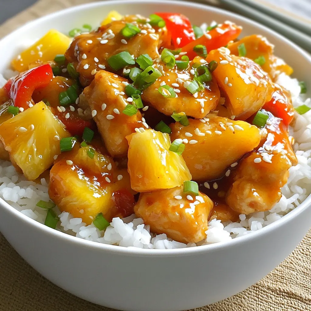 - 1 lb chicken breast, cut into bite-sized pieces - 1/4 cup sweet chili sauce - 2 tablespoons soy sauce - 1 tablespoon olive oil - 1 teaspoon freshly grated ginger - Salt and pepper, to taste To make the chicken tender and tasty, I use bite-sized pieces. The sweet chili sauce adds a lovely flavor. Soy sauce gives it a savory kick. Olive oil helps cook the chicken evenly. Fresh ginger adds a nice zing, while salt and pepper enhance all the flavors. - 1 cup fresh pineapple chunks - 1 bell pepper (red or yellow), sliced into thin strips - 1 small red onion, sliced into half-moons - 3 cloves garlic, minced - Chopped green onions, for garnish - Sesame seeds, for garnish The pineapple brings sweetness and acidity, balancing the dish perfectly. Bell peppers add crunch and color. Red onion gives a mild sweetness, while garlic adds depth. Green onions and sesame seeds are great for garnishing, making your dish look stunning. - 1/4 cup sweet chili sauce - 2 tablespoons soy sauce These two sauces are key to the overall flavor. Sweet chili sauce gives a nice sweet heat. Soy sauce adds umami and depth. Together, they create a rich sauce that coats the chicken and veggies beautifully. This dish is simple and quick to prepare. You will love how fresh and vibrant it tastes! {{ingredient_image_2}} To start, cut 1 pound of chicken breast into bite-sized pieces. In a medium bowl, mix the chicken with 1/4 cup of sweet chili sauce, 2 tablespoons of soy sauce, and 1 teaspoon of freshly grated ginger. Add a pinch of salt and ground pepper for flavor. Stir well to coat the chicken evenly. Cover the bowl with plastic wrap. Place it in the fridge for at least 30 minutes. If you have time, let it marinate for up to 2 hours. This will make the chicken taste even better. Next, gather your tools. You need a large skillet for this step. Heat 1 tablespoon of olive oil in the skillet over medium-high heat until it shimmers. Once hot, add the sliced red onion and 3 cloves of minced garlic to the skillet. Stir and sauté for about 2 minutes until they smell great and the onion turns slightly translucent. Now, it's time to cook the chicken. Increase the heat if needed and add the marinated chicken to the skillet. Cook it for about 5 to 7 minutes. Stir occasionally until the chicken turns golden brown and is fully cooked. Check that it reaches an internal temperature of 165°F. After the chicken is cooked, toss in the sliced bell pepper and 1 cup of fresh pineapple chunks. Stir everything together and cook for an extra 3 to 4 minutes. This step caramelizes the pineapple and softens the veggies while keeping them crisp. Finally, remove the skillet from heat. Transfer the mix to a serving platter. Enjoy this colorful and tasty dish with fresh green onions and sesame seeds on top! To get the best taste from your chicken, marinate it well. Use a bowl that fits all the chicken pieces. Mix in sweet chili sauce, soy sauce, and ginger. Add salt and pepper for extra flavor. Cover the bowl and place it in the fridge. Let it sit for at least 30 minutes. For even more taste, marinate it for up to 2 hours. This makes the chicken juicy and full of flavor. When cooking, keep an eye on the heat. Start with medium-high heat to get a nice sear. This helps the outside become golden brown. Use a large skillet to give the chicken space. Stir occasionally to avoid burning. Cook until the inside reaches 165°F. This ensures it’s safe to eat and still tender. Overcooking can make it dry, so watch the time closely. Make your dish pop with color and style. Serve the chicken over fluffy jasmine rice. This adds a soft base to balance the dish. Place fresh pineapple wedges around the chicken. This not only looks great but also brings out the flavors. Top with chopped green onions and a sprinkle of sesame seeds. This adds a nice crunch and a fresh touch. Pro Tips Marinate for Maximum Flavor: Allow the chicken to marinate for at least 2 hours if possible. This enhances the flavor and tenderness, making each bite more delicious. Use Fresh Ingredients: For the best taste, use fresh pineapple and vibrant bell peppers. Fresh ingredients will elevate the dish and provide a more authentic flavor. Control the Heat: Adjust the heat while cooking to avoid burning the garlic and onions. Start on medium-high but lower it if they begin to brown too quickly. Garnish Creatively: Don't skip the garnish! Chopped green onions and sesame seeds not only add visual appeal but also enhance the flavor and texture of the dish. {{image_4}} You can switch chicken for shrimp or tofu. Shrimp cooks fast and adds a nice touch. Just marinate them in the same sauce. Tofu gives a great plant-based option. Press it to remove extra water, then cut it into cubes. Marinate tofu just like the chicken. Both options keep the sweet and spicy flavors. Feel free to add other veggies. Broccoli, snap peas, or carrots work well. These veggies add crunch and color. You can also try mushrooms for a different texture. Just make sure to adjust cooking times for each vegetable. You want them cooked but still crisp. You can change the sweetness and heat to suit your taste. Add more sweet chili sauce for extra sweetness. For more heat, toss in some red pepper flakes or sliced fresh chili. You can also mix in lime juice for a tangy twist. Adjusting these flavors makes the dish your own. To keep your Sweet Chili Pineapple Chicken fresh, store it in an airtight container. Make sure to let it cool down first. Place the container in the fridge. The dish stays good for about 3 to 4 days. If you want to keep it longer, consider freezing. When you’re ready to eat, reheat the chicken. You can use the microwave or a skillet. For the microwave, heat on medium for 1 to 2 minutes. Stir halfway through to warm it evenly. If using a skillet, add a little oil and heat over medium. Cook until hot, about 5 minutes. If you want to freeze, portion the chicken into smaller containers. This helps with thawing later. Make sure to use freezer-safe containers or bags. Label them with the date. It can stay frozen for up to 3 months. When you're ready, thaw overnight in the fridge before reheating. To keep your chicken tender, marinate it well. Use sweet chili sauce, soy sauce, and fresh ginger. A good rule is to marinate for at least 30 minutes. If you can, let it sit longer, up to 2 hours. This helps infuse flavor and moisture. Also, cook the chicken over medium-high heat. This ensures it cooks evenly and doesn’t dry out. Always check the internal temperature; it should reach 165°F. Yes, you can use canned pineapple. However, fresh pineapple gives a better flavor and texture. Canned pineapple is softer and may not caramelize as well. If you use canned pineapple, drain it well before adding it to the skillet. This helps prevent excess moisture in your dish. Sweet Chili Pineapple Chicken pairs well with jasmine rice. The rice soaks up the sauce perfectly. You can also serve it with quinoa or noodles for a twist. Adding a side of steamed veggies or a fresh salad balances the meal. For extra flavor, top your dish with chopped green onions and sesame seeds. This adds a nice crunch and a pop of color. This blog shared how to make a tasty Sweet Chili Pineapple Chicken. We covered ingredients, marinating the chicken, and cooking tips. You learned about helpful variations, such as using shrimp or tofu. Storing and reheating tips will keep your meals fresh. Remember, a little planning can turn your meal into a feast. Enjoy your cooking, and don’t be afraid to get creative!