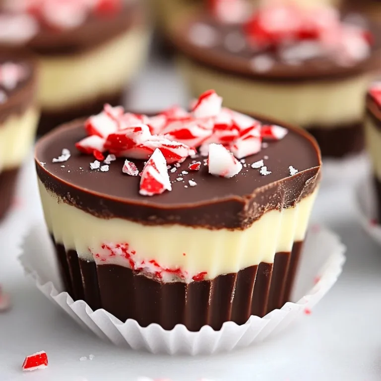 To make peppermint chocolate bark cups, you will need: - 1 cup semi-sweet chocolate chips - 1 cup white chocolate chips - 1 teaspoon peppermint extract - 1/2 cup crushed candy canes (plus extra for topping) - 1/2 cup finely crushed graham crackers (for base) - 1 tablespoon coconut oil (to aid melting) - Sea salt flakes (optional, for garnish) If you need to adjust the recipe, several swaps can work well: - Use dark chocolate chips instead of semi-sweet for a richer taste. - Swap white chocolate chips for yogurt-covered chips for a tangy twist. - Substitute peppermint extract with almond extract for a different flavor. - Try gluten-free graham crackers if you need a gluten-free option. - Use vegetable oil instead of coconut oil for melting chocolate. For extra flair, consider these garnishes: - Add a sprinkle of colorful holiday sprinkles on top. - Use crushed nuts for added crunch and flavor. - Drizzle melted chocolate over the top for a decorative touch. - Fresh mint leaves can make your presentation pop. These ingredients and options make your peppermint chocolate bark cups festive and fun! {{ingredient_image_2}} Start by lining a standard muffin tin. You can use paper liners or silicone cups. This makes it easy to pop out the cups later. Make sure to place them evenly in the tin for uniform cups. In a microwave-safe bowl, mix 1 cup of semi-sweet chocolate chips and half a tablespoon of coconut oil. Heat this mixture in the microwave. Use 30-second intervals. Stir well each time until it is smooth and melted. This step is key for a nice texture. Scoop a small amount of the melted chocolate into each cupcake liner. Use a spoon to spread it evenly across the bottom. Once done, place the muffin tin in the freezer. Let it chill for about 10 minutes. This will help the base set nicely before adding more layers. Next, melt 1 cup of white chocolate chips in a separate bowl. Repeat the same heating method as before, adding the last half tablespoon of coconut oil. Stir until smooth. Once melted, mix in 1 teaspoon of peppermint extract and half a cup of crushed candy canes. This adds a refreshing flavor. Retrieve the muffin tin from the freezer. Pour the white chocolate mixture over the semi-sweet layer. Fill each cup to about 3/4 full. Sprinkle the top of each filled cup with the remaining crushed candy canes. Press them down gently so they stick. If you like, add sea salt flakes for a touch of contrast. Now, place the muffin tin back into the freezer. Let the cups set for at least 30 minutes. Once firm, carefully pop them out of the tin. You can enjoy these delicious bark cups right away or store them in an airtight container in the fridge for later. They make a fun treat for holiday gatherings or a sweet gift for friends! To melt chocolate smoothly, use a microwave-safe bowl. Combine your chocolate chips with coconut oil. The oil helps the chocolate melt evenly. Heat in the microwave using 30-second bursts. Stir after each burst. This keeps the chocolate from burning. If you see any lumps, keep stirring until it is smooth. To get a perfect set, chill your cups in the freezer. After pouring in each layer, freeze for at least 10 minutes. This helps the chocolate harden well. After adding the final layer, freeze for 30 minutes. Check that it feels solid before removing from the tin. Cold temperatures are key for a great texture. Make your peppermint chocolate bark cups look fancy. After adding crushed candy canes, sprinkle some sea salt on top. This adds a nice touch and a flavor twist. For a festive look, try adding fresh mint leaves. You can also use colored sprinkles for a fun pop. Arrange them on a platter for a beautiful display. Pro Tips Use Quality Chocolate: For the best flavor and texture, choose high-quality chocolate chips. They melt better and create a smoother finish. Chill Between Layers: Allow each layer of chocolate to set in the freezer before adding the next. This helps the layers adhere better and prevents them from mixing. Customize Your Toppings: Feel free to experiment with different toppings like nuts, sprinkles, or dried fruits for a unique twist on your bark cups. Storage Tips: Store your peppermint chocolate bark cups in an airtight container in the refrigerator to keep them fresh and prevent melting. {{image_4}} You can change the flavor of your peppermint chocolate bark cups easily. Instead of peppermint extract, try using: - Almond extract - Orange extract - Vanilla extract Each extract gives a new twist to your treats. Just remember to keep the amount the same: one teaspoon works well. Experimenting with flavors can make your bark cups special for every holiday. Mix-ins can add fun textures and flavors. Consider these options: - Mini marshmallows - Chopped nuts like almonds or walnuts - Dried fruit such as cranberries You can also top your cups with different items. Here are some ideas: - Drizzle of dark chocolate - Sprinkles for color - Sea salt flakes for contrast These additions can delight your taste buds and make your bark cups even more festive. You can adjust this recipe to fit different diets. For a vegan version, use: - Dairy-free chocolate chips - Coconut cream instead of white chocolate If you're looking for a gluten-free option, make sure to use gluten-free graham crackers as the base. These simple swaps allow everyone to enjoy peppermint chocolate bark cups, no matter their dietary needs. To keep your peppermint chocolate bark cups fresh, store them in an airtight container. Place parchment paper between layers to avoid sticking. Keep them in the fridge to maintain their firmness and flavor. If you plan to eat them within a week, this method works best. For longer storage, consider freezing them. These bark cups stay fresh for about one week in the fridge. If stored properly, they can last up to three months in the freezer. Keep an eye on the texture and flavor. If they start to look dull or taste off, it's best to toss them. To freeze your bark cups, place them on a baking sheet first. Make sure they don’t touch each other. Freeze them for about two hours until solid. Then, transfer them to an airtight container. Label the container with the date. When you're ready to enjoy, thaw them in the fridge. This keeps the flavor intact! Yes, you can use different chocolates. Dark chocolate or milk chocolate works well. Each type adds its own flavor. Dark chocolate gives a rich taste, while milk chocolate is sweeter. You may also mix chocolates. Just keep the same amounts as the recipe states. You can easily make these cups ahead of time. Prepare them a few days in advance. After they set, store them in an airtight container. Keep them in the fridge for freshness. You can also freeze them if you want to save them longer. Just let them thaw before serving. Yes, this recipe is nut-free as written. The main ingredients do not include nuts. For toppings, ensure your candy canes are also nut-free. If you want to add more flavor, try using crushed cookies or seeds. Always check labels to be safe. This post covered how to make delicious bark cups. We discussed the ingredient list, substitutions, and garnishes. Then, I provided step-by-step instructions for preparing the cupcakes. I shared helpful tips for melting chocolate and decorating your treats. You can also try different flavors and storage tips. Finally, I answered common questions to help you succeed. Enjoy creating these treats with the knowledge and skills you now have!