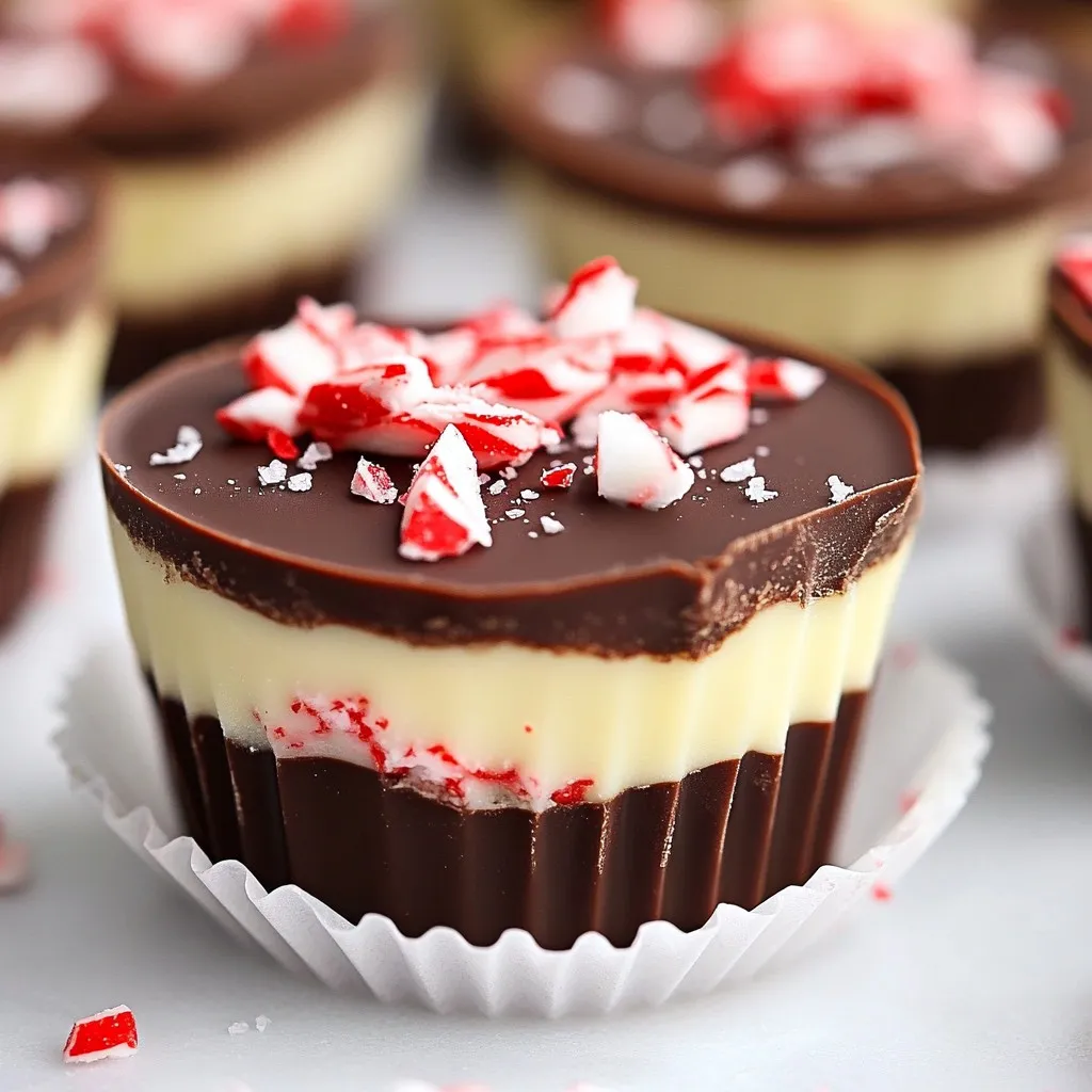 To make peppermint chocolate bark cups, you will need: - 1 cup semi-sweet chocolate chips - 1 cup white chocolate chips - 1 teaspoon peppermint extract - 1/2 cup crushed candy canes (plus extra for topping) - 1/2 cup finely crushed graham crackers (for base) - 1 tablespoon coconut oil (to aid melting) - Sea salt flakes (optional, for garnish) If you need to adjust the recipe, several swaps can work well: - Use dark chocolate chips instead of semi-sweet for a richer taste. - Swap white chocolate chips for yogurt-covered chips for a tangy twist. - Substitute peppermint extract with almond extract for a different flavor. - Try gluten-free graham crackers if you need a gluten-free option. - Use vegetable oil instead of coconut oil for melting chocolate. For extra flair, consider these garnishes: - Add a sprinkle of colorful holiday sprinkles on top. - Use crushed nuts for added crunch and flavor. - Drizzle melted chocolate over the top for a decorative touch. - Fresh mint leaves can make your presentation pop. These ingredients and options make your peppermint chocolate bark cups festive and fun! {{ingredient_image_2}} Start by lining a standard muffin tin. You can use paper liners or silicone cups. This makes it easy to pop out the cups later. Make sure to place them evenly in the tin for uniform cups. In a microwave-safe bowl, mix 1 cup of semi-sweet chocolate chips and half a tablespoon of coconut oil. Heat this mixture in the microwave. Use 30-second intervals. Stir well each time until it is smooth and melted. This step is key for a nice texture. Scoop a small amount of the melted chocolate into each cupcake liner. Use a spoon to spread it evenly across the bottom. Once done, place the muffin tin in the freezer. Let it chill for about 10 minutes. This will help the base set nicely before adding more layers. Next, melt 1 cup of white chocolate chips in a separate bowl. Repeat the same heating method as before, adding the last half tablespoon of coconut oil. Stir until smooth. Once melted, mix in 1 teaspoon of peppermint extract and half a cup of crushed candy canes. This adds a refreshing flavor. Retrieve the muffin tin from the freezer. Pour the white chocolate mixture over the semi-sweet layer. Fill each cup to about 3/4 full. Sprinkle the top of each filled cup with the remaining crushed candy canes. Press them down gently so they stick. If you like, add sea salt flakes for a touch of contrast. Now, place the muffin tin back into the freezer. Let the cups set for at least 30 minutes. Once firm, carefully pop them out of the tin. You can enjoy these delicious bark cups right away or store them in an airtight container in the fridge for later. They make a fun treat for holiday gatherings or a sweet gift for friends! To melt chocolate smoothly, use a microwave-safe bowl. Combine your chocolate chips with coconut oil. The oil helps the chocolate melt evenly. Heat in the microwave using 30-second bursts. Stir after each burst. This keeps the chocolate from burning. If you see any lumps, keep stirring until it is smooth. To get a perfect set, chill your cups in the freezer. After pouring in each layer, freeze for at least 10 minutes. This helps the chocolate harden well. After adding the final layer, freeze for 30 minutes. Check that it feels solid before removing from the tin. Cold temperatures are key for a great texture. Make your peppermint chocolate bark cups look fancy. After adding crushed candy canes, sprinkle some sea salt on top. This adds a nice touch and a flavor twist. For a festive look, try adding fresh mint leaves. You can also use colored sprinkles for a fun pop. Arrange them on a platter for a beautiful display. Pro Tips Use Quality Chocolate: For the best flavor and texture, choose high-quality chocolate chips. They melt better and create a smoother finish. Chill Between Layers: Allow each layer of chocolate to set in the freezer before adding the next. This helps the layers adhere better and prevents them from mixing. Customize Your Toppings: Feel free to experiment with different toppings like nuts, sprinkles, or dried fruits for a unique twist on your bark cups. Storage Tips: Store your peppermint chocolate bark cups in an airtight container in the refrigerator to keep them fresh and prevent melting. {{image_4}} You can change the flavor of your peppermint chocolate bark cups easily. Instead of peppermint extract, try using: - Almond extract - Orange extract - Vanilla extract Each extract gives a new twist to your treats. Just remember to keep the amount the same: one teaspoon works well. Experimenting with flavors can make your bark cups special for every holiday. Mix-ins can add fun textures and flavors. Consider these options: - Mini marshmallows - Chopped nuts like almonds or walnuts - Dried fruit such as cranberries You can also top your cups with different items. Here are some ideas: - Drizzle of dark chocolate - Sprinkles for color - Sea salt flakes for contrast These additions can delight your taste buds and make your bark cups even more festive. You can adjust this recipe to fit different diets. For a vegan version, use: - Dairy-free chocolate chips - Coconut cream instead of white chocolate If you're looking for a gluten-free option, make sure to use gluten-free graham crackers as the base. These simple swaps allow everyone to enjoy peppermint chocolate bark cups, no matter their dietary needs. To keep your peppermint chocolate bark cups fresh, store them in an airtight container. Place parchment paper between layers to avoid sticking. Keep them in the fridge to maintain their firmness and flavor. If you plan to eat them within a week, this method works best. For longer storage, consider freezing them. These bark cups stay fresh for about one week in the fridge. If stored properly, they can last up to three months in the freezer. Keep an eye on the texture and flavor. If they start to look dull or taste off, it's best to toss them. To freeze your bark cups, place them on a baking sheet first. Make sure they don’t touch each other. Freeze them for about two hours until solid. Then, transfer them to an airtight container. Label the container with the date. When you're ready to enjoy, thaw them in the fridge. This keeps the flavor intact! Yes, you can use different chocolates. Dark chocolate or milk chocolate works well. Each type adds its own flavor. Dark chocolate gives a rich taste, while milk chocolate is sweeter. You may also mix chocolates. Just keep the same amounts as the recipe states. You can easily make these cups ahead of time. Prepare them a few days in advance. After they set, store them in an airtight container. Keep them in the fridge for freshness. You can also freeze them if you want to save them longer. Just let them thaw before serving. Yes, this recipe is nut-free as written. The main ingredients do not include nuts. For toppings, ensure your candy canes are also nut-free. If you want to add more flavor, try using crushed cookies or seeds. Always check labels to be safe. This post covered how to make delicious bark cups. We discussed the ingredient list, substitutions, and garnishes. Then, I provided step-by-step instructions for preparing the cupcakes. I shared helpful tips for melting chocolate and decorating your treats. You can also try different flavors and storage tips. Finally, I answered common questions to help you succeed. Enjoy creating these treats with the knowledge and skills you now have!