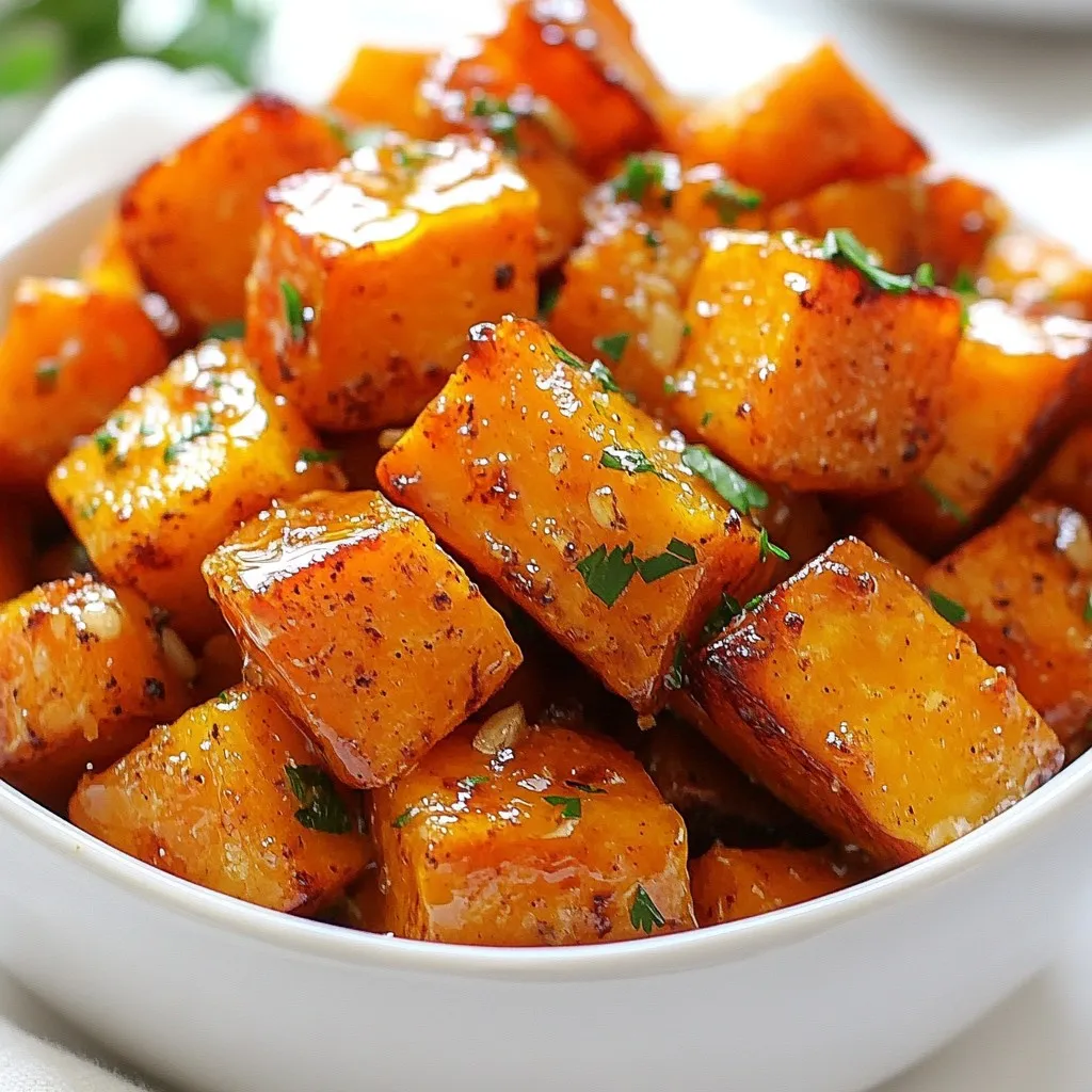 - 4 medium sweet potatoes, peeled and diced into 1-inch cubes - 3 tablespoons extra virgin olive oil - 4 tablespoons raw honey - 4 cloves garlic, finely minced - 1 teaspoon ground cinnamon - 1/2 teaspoon sweet paprika - Sea salt and freshly cracked black pepper, to taste - Fresh parsley, finely chopped (for garnish) If you need to swap any ingredients, here are some ideas: - Sweet Potatoes: You can use butternut squash or carrots for a similar taste. - Olive Oil: Avocado oil works well too. It has a high smoke point. - Raw Honey: Maple syrup is a great vegan option. - Garlic: Garlic powder can be used, but fresh gives the best flavor. - Cinnamon: Try nutmeg for a different spice profile. - Paprika: Chili powder adds a nice kick if you prefer heat. Sweet potatoes are not just tasty; they are also very good for you. Here are some great benefits: - High in Fiber: This helps with digestion and keeps you full longer. - Rich in Vitamins: They are packed with Vitamin A, which is great for your eyes. - Antioxidants: Sweet potatoes contain antioxidants that fight free radicals in your body. - Low Glycemic Index: This means they won’t spike your blood sugar too much. Adding sweet potatoes to your meals is a smart choice! {{ingredient_image_2}} Start by peeling the sweet potatoes. Use a sturdy peeler for this job. Once peeled, cut the sweet potatoes into 1-inch cubes. The size matters for even cooking. Line a large baking sheet with parchment paper. This helps with easy cleanup later. In a big mixing bowl, add the sweet potato cubes. Next, pour in 3 tablespoons of extra virgin olive oil. Then add 4 tablespoons of raw honey. Mince 4 cloves of garlic and add them to the bowl. Sprinkle in 1 teaspoon of ground cinnamon and 1/2 teaspoon of sweet paprika. Add sea salt and black pepper to taste. Now, use a spatula or your hands to mix everything well. Each sweet potato cube should be coated with the honey-garlic mixture. Carefully spread the sweet potato cubes in a single layer on the baking sheet. Make sure there is space between each piece. This helps them roast evenly. Preheat your oven to 400°F (200°C) and place the baking sheet inside. Roast for 25 to 30 minutes. Halfway through, stir the sweet potatoes. This helps them caramelize and become tender. They are done when they turn golden-brown and are easy to pierce with a fork. Once cooked, remove the baking sheet from the oven. Let the sweet potatoes cool for a few minutes. Then, transfer them to a serving dish. For a finishing touch, sprinkle with finely chopped fresh parsley. This adds a bright flavor and looks great! To get sweet potatoes just right, start with the right size. Cut them into 1-inch cubes. This size allows them to cook evenly. Spread them out on the baking sheet. Make sure they are not crowded. Crowding can lead to steaming instead of roasting. Halfway through cooking, stir the sweet potatoes. This helps them brown nicely on all sides. You can boost the flavors easily. Try adding a pinch of cayenne pepper for heat. A little fresh ginger can add a nice kick. For a citrus twist, add some orange zest. If you want a sweet contrast, sprinkle some brown sugar on top. Each of these adds a unique taste to the dish. Presentation matters! Serve the sweet potatoes in a rustic bowl. Top with fresh parsley for color. They pair well with grilled chicken or fish. You can also use them as a base for a hearty salad. For a fun twist, try them in tacos or wraps. Enjoy these sweet and savory bites with your favorite meals! Pro Tips Perfectly Peel: To easily peel sweet potatoes, microwave them for 30 seconds before peeling. The skin will come off effortlessly. Honey Substitutes: If you're looking for a vegan option, replace honey with maple syrup or agave nectar for a similar sweetness. Flavor Boost: Add a pinch of cayenne pepper for a subtle kick that complements the sweetness of the potatoes. Storage Tips: Leftovers can be stored in an airtight container in the fridge for up to 3 days. Reheat in the oven to retain crispiness. {{image_4}} You can change the spice mix for a new taste. Try adding cayenne for heat. A pinch of nutmeg gives warmth. If you prefer a smoky flavor, add smoked paprika. You can even try curry powder for a unique twist. Each spice adds its own magic to the sweet potatoes. To make this dish a full meal, add protein. Cooked chicken, turkey, or chickpeas pair well. The sweet potatoes balance the savory taste of the protein. Toss in cooked quinoa for a healthy boost. This makes the dish hearty and satisfying. Serve honey garlic sweet potatoes with sauces for extra flavor. A drizzle of balsamic glaze adds a tangy twist. You can pair them with a yogurt dip for creaminess. Try a spicy aioli if you like bold flavors. These sauces make your dish fun and exciting! To keep your Honey Garlic Roasted Sweet Potatoes fresh, let them cool first. Place them in an airtight container. Store them in the fridge for up to three days. This helps keep their flavor and texture. If you want to enjoy them later, don’t add any garnish until you reheat. When you're ready to eat the leftovers, preheat your oven to 350°F (175°C). Spread the sweet potatoes on a baking sheet. Heat them for about 10-15 minutes. This method keeps them crispy. You can also use a microwave. Just warm them for 1-2 minutes, but they may become soft. If you want to freeze Honey Garlic Roasted Sweet Potatoes, use a freezer-safe bag. Lay them flat in the bag. Remove as much air as possible. They can stay frozen for up to three months. To use, thaw them overnight in the fridge. Reheat them in the oven for the best taste. Yes, you can use other potatoes. However, sweet potatoes give a unique taste. Yukon gold or red potatoes work well too. They will change the flavor and texture. Adjust the cooking time if the cubes are bigger. To make this dish vegan, replace honey with maple syrup or agave. Both options will add sweetness. This change keeps the taste rich and delicious. These sweet potatoes pair great with many dishes. Try them with grilled chicken or fish. They also go well with roasted vegetables or a hearty salad. The sweet and savory mix complements other flavors nicely. Sweet potatoes are done when they are golden-brown. Use a fork to test them. If the fork easily pierces the cubes, they are ready. Roasting them until soft gives the best texture. This blog post covered honey garlic roasted sweet potatoes from ingredients to serving tips. You learned about key ingredients and their health benefits, along with helpful cooking steps. Proper roasting and flavor boosts can make this dish shine. Remember, you can easily adapt it with spices or proteins. Storing leftovers is simple, too. Enjoy making your sweet potatoes your own! This recipe is a great way to add flavor and nutrients to your meals.