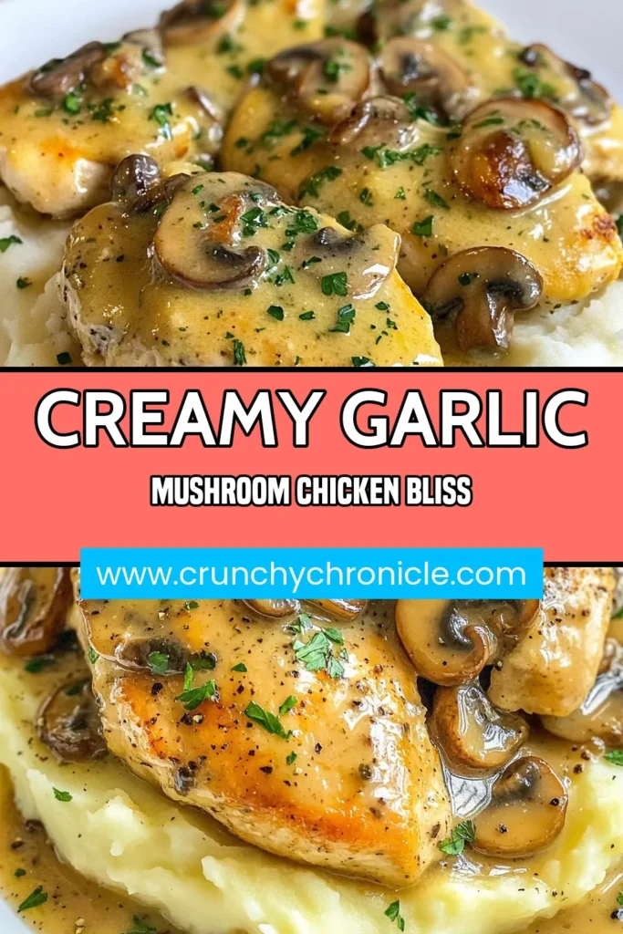 Indulge in this delicious creamy garlic mushroom chicken recipe that's perfect for any occasion! This one skillet chicken dinner features tender chicken breasts smothered in a rich mushroom sauce for chicken, making it an easy creamy chicken recipe you’ll want to try again and again. Elevate your chicken breast recipes with this flavorful dish and impress your family tonight. Save this recipe for your next meal! #CreamyGarlicMushroomChicken #OneSkilletDinner #ChickenBreastRecipes #EasyDinnerIdeas