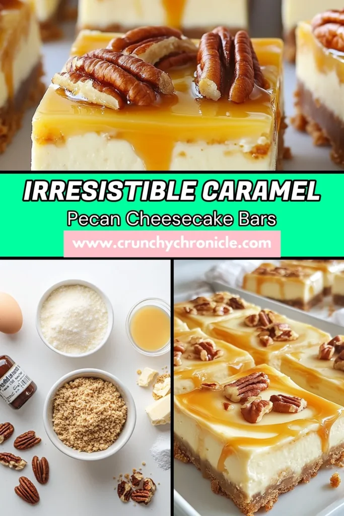 Indulge in these decadent Caramel Pecan Cheesecake Bars, an easy cheesecake bars recipe perfect for any occasion! With a creamy filling of cream cheese and caramel, complemented by crunchy pecans, these no-bake cheesecake bars are a must-try. Ideal for those who love pecan dessert bars, these cream cheese caramel bars are irresistible. Save this recipe for a sweet treat that will impress your friends and family! #CheesecakeBars #PecanDessert #DessertRecipes #NoBakeTreats