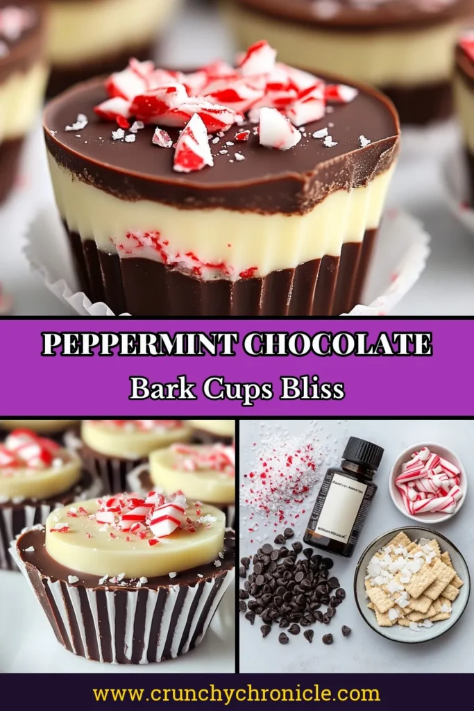 Indulge in the festive spirit with these delicious peppermint chocolate bark cups, the perfect easy peppermint treats for your holiday dessert recipes. This no-bake chocolate recipe features layers of semi-sweet and white chocolate, enriched with peppermint and topped with crunchy candy canes. Create these chocolate bark cups in just 15 minutes! Save this recipe now for a delightful festive treat. #PeppermintChocolateBark #HolidayDesserts #EasyPeppermintTreats #NoBakeChocolateRecipes