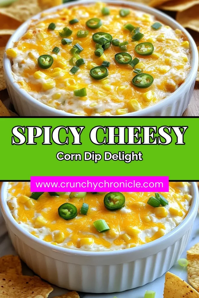 Dive into the deliciousness of this cheesy jalapeño corn dip! Perfect as a party dip recipe, this creamy corn dip with cheese is a crowd-pleaser. Made with spicy jalapeños and baked to perfection, it's the ultimate baked jalapeño cheese dip. Serve this spicy corn dip recipe with tortilla chips or veggies for an unforgettable snack. Get ready to impress your guests! Save this recipe for your next gathering! #JalapenoCornDip #PartyDip #CheesyDip #BakedDip