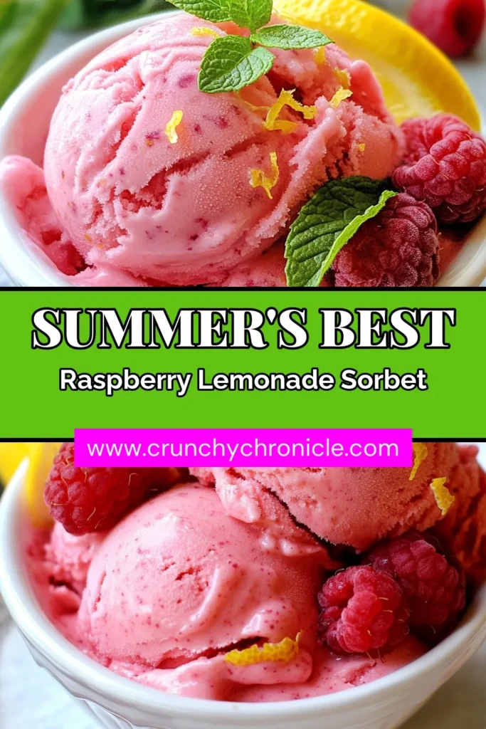Beat the heat with this delicious Raspberry Lemonade Sorbet! This easy homemade sorbet recipe is the perfect refreshing summer dessert for hot days. You don't need an ice cream maker for this simple treat that combines fresh raspberries, zesty lemon, and a hint of sweetness. Dive into this delightful raspberry dessert recipe and enjoy a scoop or two. Save this recipe for your next summer gathering! #RaspberryLemonadeSorbet #SummerDessert #HomemadeSorbet #RaspberryDesserts