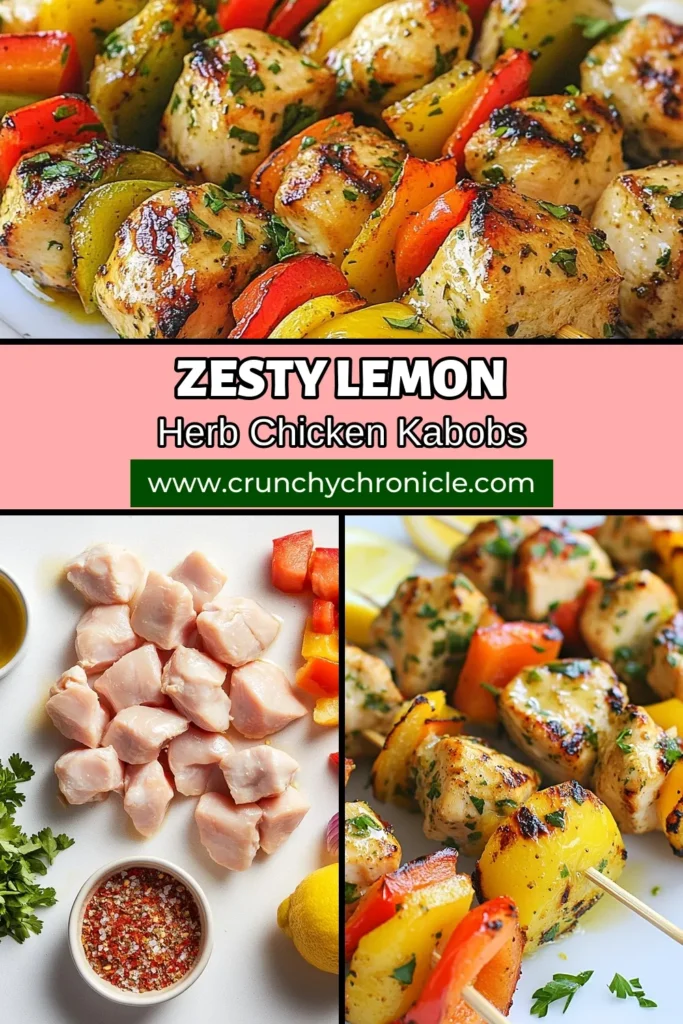 Looking for a delicious and healthy grilled chicken recipe? Try these Lemon Herb Chicken Kabobs! This easy grilled chicken skewers recipe features marinated chicken kabobs soaked in zesty lemon and fresh herbs, perfect for any cookout. Juicy, colorful, and bursting with flavor, these zesty chicken kabobs are sure to impress your family and friends. Save the recipe and elevate your grilling game today! #LemonHerbChickenKabobs #HealthyGrilledChicken #KabobRecipes #GrillingIdeas