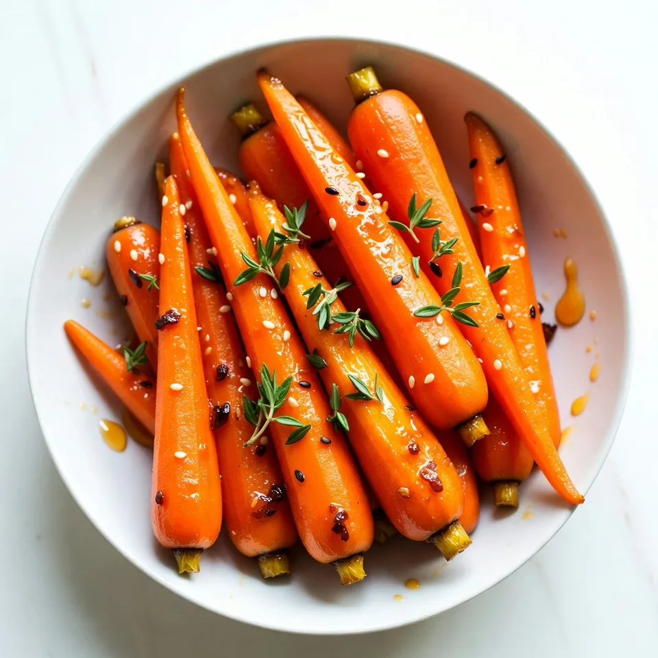 - 1 pound baby carrots, thoroughly peeled - 3 tablespoons honey, preferably raw or local - 2 tablespoons unsalted butter, ideally at room temperature - 3 cloves garlic, finely minced - 1 teaspoon fresh thyme leaves (or substitute with ½ teaspoon dried thyme) - Salt and freshly ground black pepper to taste - Optional: 1 tablespoon sesame seeds, lightly toasted for garnish To create honey garlic glazed carrots, start with quality ingredients. Fresh baby carrots shine best in this dish. Their sweetness pairs perfectly with honey. Choosing raw or local honey adds depth to the flavor. Unsalted butter gives a rich taste without overpowering the other ingredients. Mincing garlic finely helps it release its flavor quickly. Fresh thyme enhances the dish with a lovely herbal note. Seasoning with salt and black pepper balances the sweetness. For extra texture, consider adding toasted sesame seeds as a garnish. This blend of ingredients makes a simple yet delicious side dish. {{ingredient_image_2}} - Melt the unsalted butter in a skillet. - Mince the garlic finely. Melt the butter over medium heat. Keep an eye on it so it doesn’t brown. You want it just melted and bubbly. As it melts, take your garlic and mince it finely. This means cutting it into very small pieces. The smaller the pieces, the better the flavor will mix in with the butter. - Sauté the garlic in the melted butter. - Stir in honey and thyme. - Add and coat the baby carrots. Once the butter is melted, add your minced garlic. Sauté it for about one minute. You want the garlic to smell good but not change color. Then, stir in the honey and thyme. Mix them until they form a smooth sauce. Now, gently add the baby carrots to the skillet. Make sure every carrot is coated with the honey garlic mix. - Season with salt and pepper. - Cover and cook until tender. - Uncover for caramelization. Next, sprinkle some salt and pepper over the carrots. This will bring out all the flavors. Cover your skillet with a lid and cook for 10-12 minutes. Stir occasionally. The carrots should become tender and shiny with the glaze. To finish, uncover the skillet and cook for an extra 2-3 minutes. This will make the glaze thicker and give your carrots a nice sheen. Enjoy the sweet and savory taste! Using fresh ingredients makes a big difference. Fresh baby carrots taste sweet and crisp. They bring the best flavor to your dish. Aim for bright orange carrots with no blemishes. Now, let’s talk honey. I prefer raw or local honey. It has a rich flavor and health benefits. The right honey adds depth to your glaze. Sautéing garlic is simple but key. Start by melting the butter in a heavy skillet. Ensure the butter bubbles but does not brown. Add the minced garlic and stir for about one minute. You want the garlic fragrant but not brown. If it browns, the taste will become bitter. After that, stir in the honey and thyme. This creates a smooth glaze. To get the perfect glaze, coat the carrots well. Add them to the skillet and mix gently. Season with salt and pepper for balance. Cover the skillet and let the carrots steam. This makes them tender quickly. For a nice sheen, uncover for the last few minutes. The glaze will thicken and stick to the carrots. Creative serving ideas can make your dish pop. Try using a colorful serving bowl. It adds an eye-catching element to the table. Drizzle extra honey on top for a sweet touch. Garnish with fresh thyme and sesame seeds. This adds crunch and looks beautiful. Your guests will be impressed! Pro Tips Choose the Right Carrots: Use fresh, vibrant baby carrots for the best flavor and texture. Organic options are often sweeter and more tender. Control the Heat: Keep the heat at medium to avoid burning the garlic. Garlic can turn bitter if cooked too quickly or at too high a temperature. Variations on Flavor: Experiment with different herbs such as rosemary or parsley for a unique twist. Adding a splash of balsamic vinegar can also enhance the glaze. Save Leftovers: Store any leftover glazed carrots in an airtight container in the fridge. They can be reheated and enjoyed as a quick side dish the next day. {{image_4}} You can easily change the taste of your honey garlic glazed carrots. Adding spices can give them a new twist. Try mixing in a pinch of cinnamon for warmth or ginger for a little kick. These spices blend well with honey. You can also use fresh herbs to change the flavor. Rosemary adds a lovely aroma, while parsley brings a fresh taste. Experiment with what you like best! If you're looking for vegan options, you can swap the butter for plant-based butter. Use agave syrup instead of honey for sweetness. This keeps the dish vegan while still being tasty. For those who need gluten-free meals, this recipe is already safe. Just ensure your plant-based butter is gluten-free. Enjoy this dish without worry! Honey garlic glazed carrots pair well with many dishes. They make a great side for meats like chicken or pork. You can also serve them with vegetarian meals, like a hearty grain salad. For a colorful plate, combine the carrots with other veggies, like green beans or broccoli. This makes your meal not only tasty but also visually appealing. To store leftovers properly, wait until the carrots cool down. Place them in an airtight container. This helps keep them fresh longer. I recommend using glass or BPA-free plastic containers. They seal well and prevent odors from mixing. To reheat, use a skillet for the best texture. Heat on medium-low for about 5 minutes. Stir occasionally to ensure even warming. You can also use the microwave. Heat for 30 seconds to 1 minute, stirring halfway through. Yes, you can freeze honey garlic glazed carrots. First, let them cool completely. Then, place them in a freezer-safe bag or container. Remove as much air as possible to prevent freezer burn. To thaw, place them in the fridge overnight or use the microwave on low. Honey garlic glazed carrots are a sweet and savory side dish. I use baby carrots, honey, garlic, and thyme. The carrots cook in a buttery glaze until tender. This dish is perfect for adding flavor and color to any meal. Honey garlic glazed carrots last about three to four days in the fridge. Store them in an airtight container to keep them fresh. Before serving leftovers, check for any signs of spoilage. You can use frozen carrots, but they may change the texture. Frozen carrots often become softer when cooked. They will still taste good, but fresh carrots give a better bite and glaze. Honey garlic glazed carrots pair well with many dishes. Try serving them with roasted chicken, grilled steak, or baked fish. They also go great with rice or quinoa for a healthy meal. In this article, we explored how to make honey garlic glazed carrots. We covered key ingredients like baby carrots, honey, and garlic. We walked through step-by-step cooking methods and tips for the best results. Don't forget the fun variations and storage tips we shared. These carrots can be a tasty addition to any meal. With fresh ingredients and simple techniques, you can impress anyone at your table. Enjoy your cooking journey and get creative!