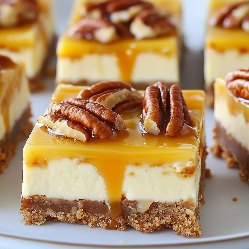 To make these caramel pecan cheesecake bars, you'll need some simple ingredients. Here’s the full list: - 1 and 1/2 cups graham cracker crumbs - 1/3 cup granulated sugar - 1/2 cup unsalted butter, melted - 2 cups cream cheese, softened to room temperature - 1 cup powdered sugar - 2 large eggs, at room temperature - 1 teaspoon pure vanilla extract - 1/2 teaspoon salt - 1 cup pecans, chopped into small pieces - 1/2 cup caramel sauce (store-bought or homemade) - Extra pecan halves for garnish (optional) Each item plays a key role. The graham cracker crumbs create a crunchy base. The cream cheese gives a rich and creamy filling. The pecans add texture and flavor. Finally, the caramel sauce brings a sweet touch. You can find all these ingredients at your local grocery store. Make sure they are fresh for the best taste. {{ingredient_image_2}} First, preheat your oven to 325°F (160°C). In a medium bowl, mix the graham cracker crumbs with 1/3 cup of granulated sugar. Pour in the melted butter and stir until the crumbs are well coated. Next, press this mixture firmly into the bottom of a greased 9x9-inch baking pan. This creates a sturdy crust for your bars. In a large bowl, beat the softened cream cheese and powdered sugar together. Use an electric mixer for about 2-3 minutes until smooth and creamy. Now, add the two room-temperature eggs, vanilla extract, and salt. Mix until the filling is fully combined and smooth again. Take chopped pecans and gently fold them into the cream cheese mixture. Use a spatula and be careful not to overmix. This helps keep the texture light and airy while adding a great crunch. Carefully pour the cheesecake filling over your prepared crust. Smooth the top with a spatula. Drizzle the caramel sauce on top. Use a knife to swirl it gently, creating a marbled effect. Place the pan in the preheated oven and bake for 30-35 minutes. The edges should be set, but the center can still jiggle slightly. After baking, let the pan cool at room temperature for at least 30 minutes. Once cooled, transfer the bars to the fridge. Chill for a minimum of 4 hours, but overnight is best. This allows the bars to set firmly. When ready to serve, cut the chilled cheesecake into squares. For a lovely touch, drizzle more caramel sauce over each bar. You can also add pecan halves for garnish if you like. Arrange the bars on a platter with a drizzle of extra caramel around the edges for a stylish presentation. To avoid cracks in your cheesecake filling, make sure not to overmix. Overmixing adds air, which can cause cracks as the cheesecake bakes and cools. Mix until smooth, but stop once the ingredients blend well. Measuring ingredients accurately is key. Use dry measuring cups for solids like graham cracker crumbs and sugar. For liquids, use a liquid measuring cup. Always level off dry ingredients with a knife for precision. Making caramel sauce at home is easy. You need just sugar and water. Here’s a quick recipe: - 1 cup granulated sugar - 1/4 cup water 1. Combine sugar and water in a saucepan over medium heat. 2. Stir until the sugar dissolves. 3. Let it cook without stirring until it turns golden brown. 4. Remove from heat and let it cool. Keep an eye on it; sugar can burn fast! For serving, arrange the cheesecake bars on a fancy platter. Drizzle extra caramel sauce around the edges for flair. Sprinkle finely chopped pecans on top for a nice crunch. You can also add pecan halves on each slice for a beautiful look. A touch of whipped cream on the side enhances the dessert's appeal. Pro Tips Use Room Temperature Ingredients: Make sure your cream cheese and eggs are at room temperature before mixing. This ensures a smoother batter and prevents lumps. Don’t Overmix: When incorporating the eggs and pecans, mix just until combined. Overmixing can lead to a denser cheesecake texture. Chill Overnight: For the best flavor and texture, allow the cheesecake bars to chill in the refrigerator overnight. This helps them set properly and enhances the taste. Use Quality Caramel Sauce: Whether store-bought or homemade, choose a high-quality caramel sauce for drizzling. It makes a significant difference in flavor! {{image_4}} You can easily change the flavor of these bars. Adding chocolate chips gives a rich twist. Use about 1 cup of semi-sweet or dark chocolate chips. Just sprinkle them into the cream cheese mix before pouring it over the crust. This makes the bars even more decadent. You can also substitute nuts. If you don’t have pecans, try walnuts or almonds. Just chop them up like you would the pecans. This keeps the texture and adds new flavors. If you need gluten-free options, use gluten-free graham crackers. They work just like regular ones. You can also check for gluten-free caramel sauce. This way, everyone can enjoy the treat. For a vegan version, swap cream cheese with a vegan alternative. You can use cashew cream or tofu blended smooth. Replace eggs with flax eggs or applesauce. For the crust, use vegan butter or coconut oil instead of regular butter. When serving, drinks can enhance the experience. I recommend pairing these bars with coffee or chai tea. The warm flavors blend well with the sweet caramel. These bars are perfect for special occasions. Serve them at birthdays, holidays, or family gatherings. They also work well at potlucks or bake sales. Everyone will love these sweet treats! To keep your caramel pecan cheesecake bars fresh, use airtight containers. Glass or plastic containers work well. Make sure they are sealed tightly to keep out air. Store the bars in the refrigerator at a temperature of 40°F (4°C) or lower. This helps maintain their creamy texture and flavor. In the fridge, these bars last about five days. If you want to save them for later, freezing is a great option. Wrap each bar in plastic wrap and place them in a freezer bag. They can stay in the freezer for up to three months. To warm up the bars, simply take them out of the fridge. Let them sit at room temperature for about 15 minutes. If you prefer them warm, you can microwave them for 10-15 seconds. Check to make sure they don’t get too hot. Enjoy them as a delightful treat! Yes, you can use low-fat cream cheese. It will still work. The texture might be a bit different. Low-fat cream cheese can make the bars less rich. You can use crushed cookies or vanilla wafers instead. Almond flour also works for a gluten-free option. Just make sure to adjust the sugar if needed. The edges should look set. The center will have a slight jiggle. This shows they are done but not overbaked. Yes, you can make them a day or two ahead. Just store them in the fridge. They taste great after sitting for a while. Chilling overnight gives the bars the best texture. It helps them firm up nicely. If you're in a hurry, chill for at least four hours. You now have a clear plan for making delicious cheesecake bars. From the ingredients to baking and serving, each step counts. Remember to follow the tips for a perfect texture and stunning presentation. You can get creative with flavors and dietary changes too. These bars are great for any event or a cozy night at home. Enjoy making them, sharing them, and savoring every bite!