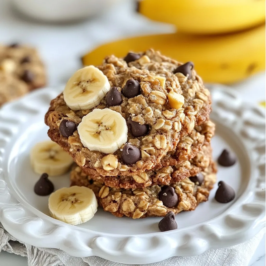 - 1 cup rolled oats - 1 ripe banana, well mashed - 1/2 cup almond butter (or your preferred nut butter) - 1/3 cup packed brown sugar - 1/2 teaspoon pure vanilla extract - 1/2 teaspoon baking soda - 1/4 teaspoon fine sea salt - 1/2 cup dark chocolate chips - 1/4 cup chopped walnuts (optional, for added crunch) You can swap almond butter for other nut butters like peanut or cashew. If you're allergic to nuts, use sunflower seed butter instead. You can also replace brown sugar with coconut sugar for a lighter taste. For a gluten-free option, ensure your oats are certified gluten-free. - Bananas: Select ripe bananas with brown spots. They are sweeter and easier to mash. - Oats: Use old-fashioned rolled oats for the best texture. Quick oats may become too mushy. - Nut Butter: Choose a natural nut butter with minimal added ingredients. This ensures better flavor. - Chocolate Chips: Go for dark chocolate chips for a rich taste. They add depth to the cookies. - Walnuts: If using, pick fresh walnuts. This adds a lovely crunch and nutty flavor. {{ingredient_image_2}} First, set your oven to 350°F (175°C). This heat makes the cookies rise well. Next, line your baking sheet with parchment paper. This step keeps the cookies from sticking. It also makes cleanup easy. In a big bowl, mash one ripe banana until it’s smooth. You want no lumps. Add 1/2 cup of almond butter to the bowl. Stir the banana and almond butter together well. The mixture should be creamy and mixed evenly. Take another bowl and add 1 cup of rolled oats. Mix in 1/2 teaspoon of baking soda and 1/4 teaspoon of fine sea salt. Stir these dry ingredients together. This mix helps the cookies rise and taste great. Now, combine the wet and dry mixes. Stir until they blend well, but don’t overmix. Next, gently fold in 1/2 cup of dark chocolate chips. If you like crunch, add 1/4 cup of chopped walnuts. Make sure they spread evenly through the dough. Use a spoon or cookie scoop to drop rounded tablespoons of dough onto the baking sheet. Leave about 2 inches between each scoop. This space lets the cookies spread as they bake. Pop the tray in the oven and bake for 10-12 minutes. Look for golden edges and set centers. After baking, let the cookies cool for 5 minutes on the tray before moving them to a wire rack. To get the right texture in your cookies, use ripe bananas. The riper the banana, the sweeter and moister your cookies will be. Use rolled oats instead of quick oats for a chewier bite. Mix the wet and dry ingredients just until combined. Overmixing will make your cookies tough. Bake them until the edges turn golden but the center feels soft. This should take about 10 to 12 minutes. If you have leftover dough, store it in the fridge. Place it in an airtight container for up to three days. You can also freeze the dough. Just scoop out the dough onto a baking sheet, freeze it until firm, then transfer to a bag. This way, you can bake fresh cookies anytime. Just add a minute or two to the baking time when using frozen dough. One common mistake is using unripe bananas. They won’t give the same flavor or moisture. Also, avoid packing the brown sugar too tightly. This can make the cookies too sweet. Finally, make sure your baking soda is fresh. Old baking soda won’t help cookies rise. Keep an eye on your cookies while they bake to prevent burning. Pro Tips Perfectly Ripe Bananas: Use bananas that are well-mashed and spotty for optimal sweetness and moisture, enhancing the overall flavor of your cookies. Nut Butter Variations: Feel free to experiment with different nut butters like peanut or cashew for unique flavor profiles that can complement the chocolate and banana. Cookie Texture Tips: For chewier cookies, slightly underbake them; for crunchier cookies, leave them in the oven a minute or two longer until they are golden brown. Storing Your Cookies: Store baked cookies in an airtight container at room temperature to maintain freshness, or freeze them for longer storage while preserving their delightful taste. {{image_4}} You can make these cookies even more fun by adding mix-ins. Here are some ideas: - Dried fruits like raisins or cranberries add natural sweetness. - Seeds, such as chia or flaxseeds, boost nutrition. - Coconut flakes give a tropical twist. - Peanut butter chips can replace chocolate for a nutty flavor. Feel free to mix and match to find your favorite combo! If you have dietary needs, you can easily adapt this recipe. For a vegan version, use plant-based butter instead of almond butter. You can also replace brown sugar with coconut sugar for a lower glycemic index. For a gluten-free option, ensure your oats are certified gluten-free. This way, everyone can enjoy these delightful cookies! To elevate the flavor, try adding spices or extracts. A pinch of cinnamon can warm up every bite. You might also add a splash of almond or coconut extract for extra depth. If you love nutmeg, it's a fantastic addition too. Just a little can change the cookie from good to great! To keep your chocolate chip banana oatmeal cookies fresh, store them in an airtight container. This will help prevent them from drying out. You can place parchment paper between layers to avoid sticking. Keep the cookies at room temperature for up to five days. If you want them to last longer, consider freezing them. Freezing cookies is easy. First, let them cool completely. Then, place the cookies in a single layer on a baking sheet. Freeze them for about two hours until firm. After that, transfer the cookies to a freezer-safe bag or container. Label the bag with the date. They can stay frozen for up to three months. When you're ready to eat, just thaw them at room temperature. To enjoy your cookies warm, preheat your oven to 350°F. Place the cookies on a baking sheet for about five minutes. This will refresh them nicely. You can also use a microwave. Heat them for ten to fifteen seconds. Be careful not to overheat, as this can make them tough. Enjoy your delightful treat! Yes, you can use ripe bananas with brown spots. In fact, they are perfect for this recipe. Brown spots mean the banana is sweet and soft. This sweetness will enhance the flavor of your cookies. The riper the banana, the better the taste! To make these cookies vegan, swap almond butter for a nut or seed butter. Use maple syrup instead of brown sugar for sweetness. Ensure that your chocolate chips are dairy-free. This simple change keeps the flavor and texture intact while making it vegan-friendly. You can use any nut or seed butter in place of almond butter. Peanut butter works well and adds a rich taste. Sunflower seed butter is a good choice for nut-free options. Each will give your cookies a slightly different flavor, but they will still be delicious. Look for golden brown edges and a set center. Gently touch the cookie; it should spring back slightly. If the edges are brown and the center feels soft, it’s time to take them out. Remember, they will continue to cook a bit while cooling. Yes, you can add protein powder! Start with one to two tablespoons. This will boost the protein without changing the cookie too much. Just be careful not to add too much, as it might alter the texture. You learned how to make delicious chocolate chip banana oatmeal cookies. Using simple ingredients can create tasty treats. I shared tips on ingredient choices and baking techniques. Remember to avoid common mistakes for great texture. Explore variations to fit your taste and diet. Proper storage keeps your cookies fresh longer. Enjoy making these easy cookies, and share them with friends and family. Baking can be fun and rewarding for everyone!