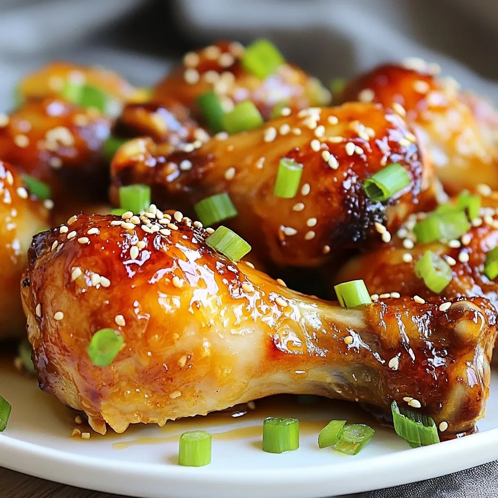 - 8 chicken drumsticks - 1/2 cup honey - 1/4 cup low-sodium soy sauce - 4 cloves garlic, minced - 1 tablespoon fresh ginger, grated - 1 teaspoon sesame oil - 1/2 teaspoon black pepper - 1 tablespoon cornstarch - 2 tablespoons water - Chopped green onions for garnish - Sesame seeds for garnish To make honey garlic glazed chicken drumsticks, start with fresh chicken drumsticks. These juicy pieces of meat soak up the sweet and savory flavors very well. Honey adds a natural sweetness that balances the saltiness of low-sodium soy sauce. Next, you’ll need garlic and ginger. These two ingredients give the dish a bold taste. Fresh garlic, minced finely, brings a strong aroma. Grated ginger adds warmth and a hint of spice. Sesame oil gives a nice, nutty flavor that enhances the overall taste. Black pepper adds a little heat to round out the dish. To create that lovely glaze, you mix cornstarch with water. This thickens the sauce and makes it stick to the chicken. Don't forget the garnishes! Chopped green onions and sesame seeds make your dish look pretty and fresh. These add color and a crunch to every bite. Now you have all the key ingredients to make a tasty and satisfying meal! {{ingredient_image_2}} Marinating the drumsticks First, mix the honey, low-sodium soy sauce, minced garlic, grated ginger, sesame oil, and black pepper in a medium bowl. Whisk these until smooth. Place the chicken drumsticks in a large resealable bag or a shallow dish. Pour the honey garlic marinade over the drumsticks. Make sure all the pieces are coated well. Seal the bag or cover the dish tightly. Let it marinate in the fridge for at least one hour. For the best flavor, marinate for up to twelve hours. Prepping the oven and baking sheet While the chicken marinates, preheat your oven to 400°F (200°C). Line a baking sheet with aluminum foil. This makes cleanup easy. Set a wire rack on top of the baking sheet. This allows air to circulate around the chicken, helping it crisp up nicely. Baking process and basting After marinating, remove the chicken from the marinade. Let any excess marinade drip off. Arrange the drumsticks on the wire rack. Bake them for 25 to 30 minutes. Halfway through, baste the chicken with some of the thickened marinade. This adds extra flavor and helps create a nice glaze. Making the thickened sauce To make the sauce, bring the leftover marinade to a boil in a small saucepan over medium-high heat. In a separate bowl, mix cornstarch and water until smooth. Stir this into the boiling marinade. Keep stirring for about two minutes, or until the sauce thickens. Once thickened, remove it from the heat. Use a basting brush to coat the chicken with this glaze before serving. This adds a beautiful shine and flavor. - The best marination time is 1 to 12 hours. Longer marination gives more flavor. - Use a resealable bag for easy handling. Seal it well to keep the marinade inside. If using a dish, cover it tightly with plastic wrap. - To get crispy skin, bake the drumsticks on a wire rack. This allows air to flow around them. - Make sure all drumsticks are similar in size. This helps them cook evenly. If they are different sizes, cut the larger ones down a bit. Pro Tips Marination Time: For the best flavor, marinate the chicken drumsticks for at least 4 hours or overnight. This allows the flavors to penetrate deeply for a richer taste. Thickening the Sauce: Ensure the leftover marinade reaches a rolling boil before adding the cornstarch mixture. This helps achieve the right consistency for a glossy glaze. Perfect Crispiness: Elevating the chicken on a wire rack allows hot air to circulate, leading to perfectly crispy skin. Don’t skip this step! Garnishing: For added flavor and presentation, use fresh herbs like cilantro or parsley along with green onions and sesame seeds as a garnish. {{image_4}} You can easily change the sauce. Adding a spicy kick is a great idea. Just mix in some chili flakes or a dash of sriracha. This will give your dish a whole new flavor. If you prefer a different sweetness, try using maple syrup or agave instead of honey. Each option will give a unique twist to the glaze. Do you want to switch up the meat? Chicken breasts or thighs work well too. They will still soak up the delicious honey garlic flavor. If you're looking for soy sauce alternatives, try tamari or coconut aminos. These choices fit various dietary needs and keep the dish tasty. After enjoying your honey garlic glazed chicken drumsticks, store the leftovers properly. Place the drumsticks in an airtight container. Ensure they cool down first. For best results, refrigerate them within two hours of cooking. This keeps them safe and fresh. - Refrigeration guidelines: Store in the fridge for up to 3 days. - Best practices for storing cooked drumsticks: Layer parchment paper between drumsticks to prevent sticking. When it's time to enjoy your leftovers, reheating is key. You can use the oven or microwave. The oven gives the best results for crispy skin. - Methods for reheating: Preheat the oven to 350°F (175°C). Place the drumsticks on a baking sheet. Heat for about 15-20 minutes, flipping halfway through. - Ensuring chicken stays crispy during reheating: Cover with foil for the first 10 minutes, then uncover to crisp up the skin. If using a microwave, place on a microwave-safe plate and cover with a damp paper towel. Heat in short bursts to avoid drying out. Can I use frozen chicken drumsticks? Yes, you can use frozen chicken drumsticks. However, thaw them first. I recommend defrosting them in the fridge overnight. This ensures even cooking and better flavor absorption from the marinade. How do I know when the chicken is fully cooked? To check if the chicken is done, use a meat thermometer. The internal temperature should reach 165°F (75°C). If you don’t have a thermometer, cut into the thickest part. The juices should run clear, not pink. What sides pair well with honey garlic glazed chicken? This chicken tastes great with steamed jasmine rice or a fresh garden salad. You can also serve it with roasted vegetables or mashed potatoes for a hearty meal. Try to balance the sweetness with some tangy or savory sides! How to adjust the recipe for larger servings? To serve more people, simply double the recipe. Use more drumsticks and adjust the marinade. Just ensure you have enough space in your oven. Bake in batches if needed to maintain crispiness. This blog post gave you a clear guide to making honey garlic glazed chicken drumsticks. You learned about the main and extra ingredients, plus tips for marinating and cooking. We shared fun sauce variations and ingredient swaps. Storing leftovers and reheating tips ensured your meal stays tasty. Now, you have everything you need to enjoy a flavorful dish. Don’t forget to get creative and make it your own!