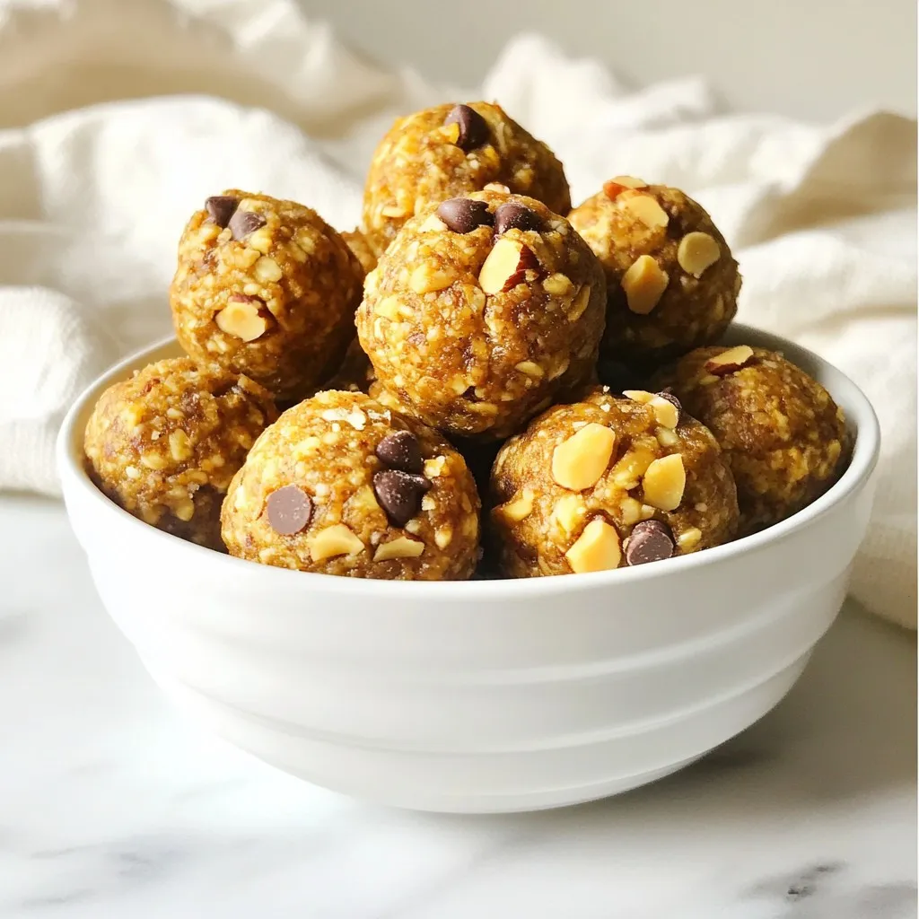 - 1 cup rolled oats - 1/2 cup pumpkin puree - 1/3 cup almond butter (or your preferred nut butter) - 1/4 cup honey or maple syrup - 1 teaspoon vanilla extract - 1 teaspoon pumpkin pie spice - 1/2 teaspoon ground cinnamon - 1/4 teaspoon ground nutmeg - 1/4 teaspoon sea salt - 1/3 cup chopped nuts (walnuts or pecans) - 1/3 cup mini chocolate chips Each ingredient plays a vital role in the taste and texture of these energy balls. The rolled oats provide a chewy base. Pumpkin puree adds moisture and a nice fall flavor. Almond butter gives a creamy richness. Honey or maple syrup sweetens the mix. Spices like vanilla, pumpkin pie spice, cinnamon, and nutmeg create that warm, cozy taste. The sea salt balances the sweetness. You can also customize with optional add-ins. Nuts give crunch, and chocolate chips add a fun touch. Feel free to adjust the ingredients based on what you have. This recipe is flexible and fun to make! {{ingredient_image_2}} Start by gathering a large mixing bowl. Add 1 cup of rolled oats, 1/2 cup of pumpkin puree, and 1/3 cup of almond butter. If you prefer a different nut butter, that works too. Next, pour in 1/4 cup of honey or maple syrup for sweetness. Don't forget to add 1 teaspoon of vanilla extract. Use a spatula or wooden spoon to mix everything together. Blend until all ingredients are well combined and smooth. Now, it's time to add some flavor! Sprinkle in 1 teaspoon of pumpkin pie spice, 1/2 teaspoon of ground cinnamon, and 1/4 teaspoon of ground nutmeg. Add 1/4 teaspoon of sea salt to bring out the taste. Mix again until the spices are evenly spread throughout the mixture. The aroma will make you excited! If you want, fold in 1/3 cup of chopped nuts, like walnuts or pecans. You can also add 1/3 cup of mini chocolate chips for a sweet twist. Gently mix these add-ins to ensure they blend well with the pumpkin mixture. Now, use your hands to scoop out small portions of the mixture. Roll each portion into a ball, about 1 inch in size. Place the balls on a baking sheet lined with parchment paper. Leave some space between each ball. Once you have rolled all the mixture, refrigerate the baking sheet for at least 30 minutes. This helps the energy balls firm up and hold their shape. After chilling, it's time to store your energy balls. Transfer them to an airtight container. They will stay fresh in the fridge for up to one week. Enjoy them as a quick snack anytime! When mixing the ingredients, you can use a spatula or your hands. A spatula helps combine everything smoothly. If you use your hands, it gives you a better feel for the texture. Make sure to mix well so the spices blend evenly. This way, each bite bursts with flavor. To keep your energy balls fresh, store them in an airtight container. You can use glass or plastic containers, but glass works best for flavor. Place them in the fridge to stay firm and tasty. They will last about a week, making them perfect for quick snacks. You can present the energy balls in a fun bowl. Try sprinkling a little pumpkin pie spice on top for flair. These bites also make great grab-and-go snacks. They are ideal for busy days or meal prep. Enjoy them as a tasty treat anytime! Pro Tips Use Fresh Pumpkin Puree: For the best flavor, try using fresh pumpkin puree instead of canned. Roast a small pumpkin, blend it until smooth, and incorporate it into your energy balls. Customize Your Nuts: Feel free to swap out the nuts for your favorites! Almonds, pecans, or even sunflower seeds add a nice crunch and different flavor. Experiment with Sweeteners: If you prefer a lower glycemic option, consider using agave syrup or date syrup instead of honey or maple syrup for a healthier alternative. Chill for Better Texture: Allowing the energy balls to chill in the refrigerator not only makes them firmer but also enhances the flavors as they meld together. {{image_4}} You can change the nut butter in this recipe. I often use peanut butter. It adds a rich taste. Almond butter is great too, but peanut butter gives a nice twist. You can also swap honey with agave syrup or maple syrup. Each sweetener brings a different flavor. Try them to find what you like best! If you want a gluten-free option, use gluten-free oats. They work just as well. For vegan energy balls, choose maple syrup and a nut butter that is dairy-free. Both changes keep the snack tasty and healthy. You can enjoy these balls no matter your diet! Change up the spices to match the seasons. In winter, add some ginger or nutmeg for warmth. For spring, try a bit of lemon zest for a fresh taste. You can even make holiday-themed energy balls. Just add cocoa powder for a chocolate version or dried cranberries for a festive touch. Each season brings new flavors to explore! Each serving of pumpkin spice energy balls has about 150 calories. This makes them a great snack choice. They pack around 4 grams of protein, which helps keep you full and satisfied. These energy balls get their sweetness from natural sources. The honey or maple syrup adds flavor without added junk. You also get natural sugars from the pumpkin. Each ball has about 2 grams of sugar. The rolled oats and pumpkin add fiber, which is important for digestion. You’ll find about 3 grams of fiber in each serving. Pumpkin is not just tasty; it’s also healthy. It’s rich in vitamins A and C. These vitamins help support your immune system. Oats provide energy and help lower cholesterol. Together, pumpkin and oats give you a boost. They keep your energy steady, making these energy balls a smart choice for busy days. How long do pumpkin spice energy balls last? Pumpkin spice energy balls last up to one week in the fridge. Store them in an airtight container. This keeps them fresh and ready to eat. Can I freeze pumpkin spice energy balls? Yes, you can freeze them! Just place them in a freezer-safe container. They can last for about three months in the freezer. When you want one, thaw it in the fridge overnight. What can I use instead of almond butter? You can use any nut butter you like. Peanut butter or sunflower seed butter works great too. Just pick one that you enjoy. Can I omit the sweetener? Yes, you can skip the sweetener. The pumpkin puree adds natural sweetness. If you want more flavor, try adding a ripe banana instead. Can I make smaller or larger balls? Of course! You can make them any size. Just remember, smaller balls will firm up faster. Larger balls may need more chilling time. How can I increase the protein content? Add protein powder to the mix. One or two scoops works well. You can also add more nuts or seeds for extra protein and crunch. This blog post showed you how to make tasty pumpkin spice energy balls. We covered the main ingredients, from oats to almond butter. You learned easy steps to mix, shape, and chill the energy balls. I shared tips for mixing, storing, and serving them. You can also customize the flavors and tweak the recipe as needed. Enjoy making these fun snacks for any time! They are healthy, quick, and sure to please.