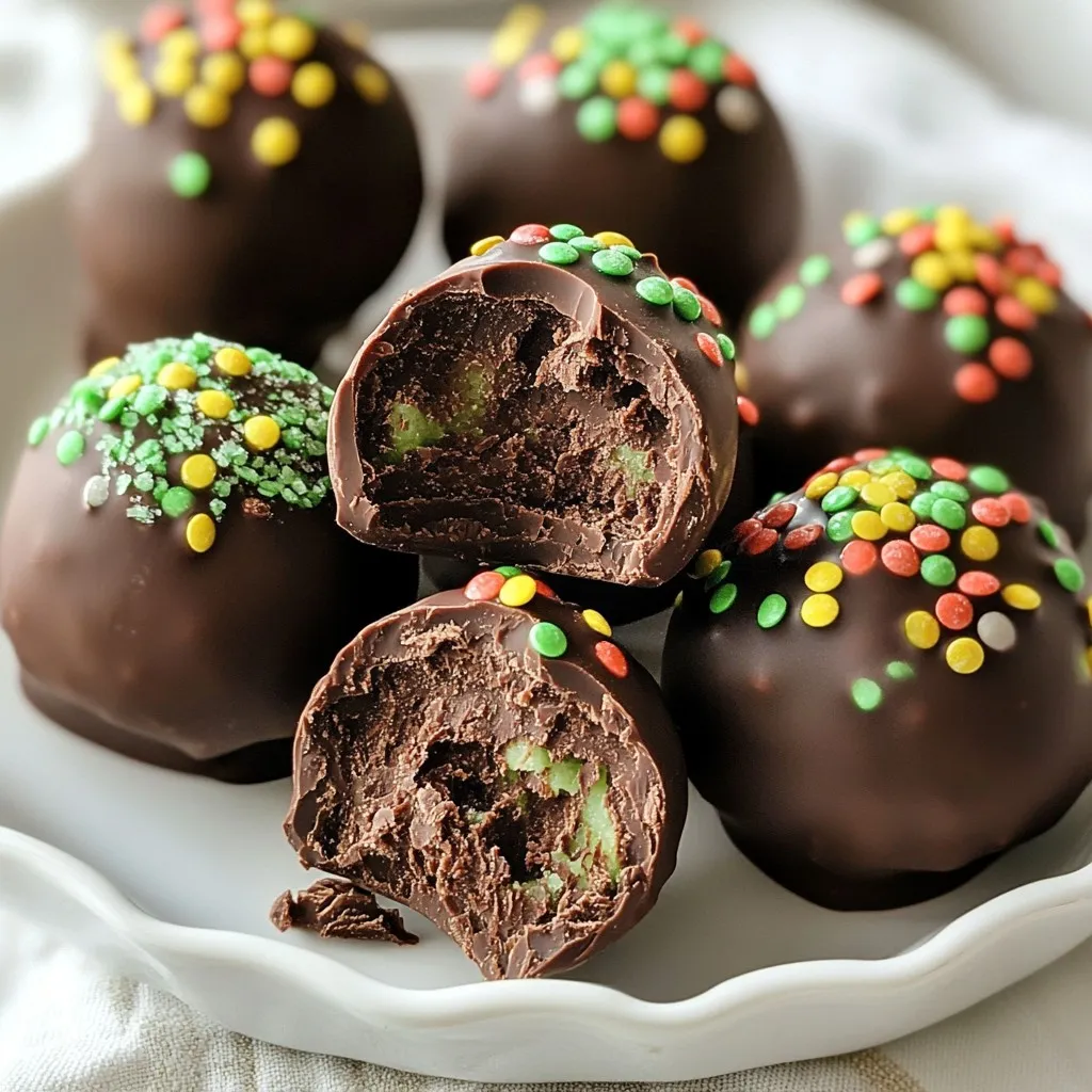 - 1 package (14.3 oz) Oreo cookies - 8 oz cream cheese, softened to room temperature - 1 teaspoon peppermint extract - 1 cup semi-sweet chocolate chips - 1 tablespoon coconut oil - Crushed mint-flavored candies - Arrange truffles on a decorative platter - Use mint leaves for garnish The key ingredients for Chocolate Mint Oreo Truffles create a rich, creamy, and minty treat. The Oreo cookies give a sweet crunch. Cream cheese adds a smooth texture. Peppermint extract gives that fresh minty kick. For the coating, semi-sweet chocolate chips bring sweetness and richness. Coconut oil helps the chocolate melt smoothly, making it easy to dip. The crushed mint-flavored candies add a fun and festive touch on top. When serving the truffles, arrange them on a decorative platter. Adding a few mint leaves enhances the look and tells everyone about the minty flavor inside. These small details make your truffles even more delightful. {{ingredient_image_2}} - Crushing the Oreos: Start by placing the Oreo cookies in a food processor. Pulse them until they are fine crumbs. This step is key for a smooth texture. After that, transfer the crumbs to a large mixing bowl. - Mixing with cream cheese and peppermint: Add the softened cream cheese and peppermint extract to the bowl. Use your hands or a spatula to mix everything well. You want a dough-like consistency. Ensure the cream cheese blends evenly with the Oreo crumbs. - Forming the truffles: Take about one tablespoon of the Oreo mixture. Roll it into a small ball, about one inch wide. Place each truffle on a baking sheet lined with parchment paper. Continue until all the mixture is rolled into truffles. - Importance of chilling: Now, it’s time to chill! Put the baking sheet with the truffles in the fridge for about 30 minutes. Chilling helps firm them up. This step makes coating them easier later. - Melting the chocolate: While the truffles chill, prepare the chocolate. In a microwave-safe bowl, combine the semi-sweet chocolate chips and coconut oil. Microwave in 30-second intervals, stirring well each time. Keep going until the chocolate is smooth and melted. - Dipping and garnishing process: Once the truffles are firm, take them out of the fridge. Use a fork to dip each truffle in the melted chocolate. Coat them evenly. Let any excess chocolate drip back into the bowl. Place the truffles back on the baking sheet. While the chocolate is still wet, sprinkle crushed mint candies on top for extra crunch and flair. To make great chocolate mint Oreo truffles, you need the right texture. The mixture should feel like dough but not too dry. Use a spatula to mix the cream cheese with the crushed Oreos and peppermint extract. If it feels too crumbly, mix in a bit more cream cheese. Chilling your truffles is a must. After rolling them into balls, place them on a baking sheet. Refrigerate them for about 30 minutes. This helps them firm up and makes coating easier. You can melt chocolate in two main ways. The first is using a double boiler. Place a bowl over hot water. Stir the chocolate until it melts. The second method is the microwave. Put chocolate chips and coconut oil in a bowl. Heat in 30-second bursts, stirring in between. This helps avoid burning the chocolate. Be careful! Chocolate can seize if it touches water. Always use dry bowls and tools. If it seizes, you can add a little vegetable oil to save it. Make your truffles unique by trying different flavors. You can swap peppermint extract for other extracts like almond or orange. This changes the taste while keeping the base the same. For toppings, think beyond crushed mint candies. Try using sprinkles, crushed nuts, or even drizzles of white chocolate. These add texture and fun color to your truffles. Pro Tips Use Room Temperature Cream Cheese: Soften the cream cheese to room temperature for easier mixing, ensuring a smoother texture in your truffles. Chill the Mixture: If the truffle mixture feels too sticky to handle, chill it in the refrigerator for a few minutes before rolling into balls. Experiment with Chocolate: Try using dark chocolate or white chocolate for coating to create different flavor profiles and visual appeal. Store Properly: Keep the finished truffles in an airtight container in the refrigerator to maintain freshness, allowing you to enjoy them for longer. {{image_4}} You can change the flavor of your truffles easily. Instead of regular Oreos, try mint Oreos for a stronger mint taste. You can also use other cookie types. Think about chocolate, peanut butter, or even vanilla cookies. Each cookie brings a new flavor twist. You can add different extracts too. Try almond or coconut extracts for a fun twist. Just keep the peppermint extract in the mix to hold the minty flavor. A few drops will go a long way. This lets you create a flavor that matches your mood or special event. If you need gluten-free options, you can use gluten-free cookies instead of regular Oreos. Many brands offer tasty gluten-free cookies that work well in this recipe. This way, everyone can enjoy your truffles. For a vegan alternative, swap cream cheese for a vegan cream cheese. Use dark chocolate chips that are dairy-free for the coating. You can still enjoy the sweet and minty taste without any animal products. These changes make your truffles more inclusive. Seasonal themes can turn your truffles into festive treats. During holidays, you can add colored chocolate melts in red or green for Christmas. You can also shape the truffles into fun forms, like hearts for Valentine's Day or pumpkins for Halloween. Garnish your truffles to match the season too. Use sprinkles or edible glitter for a festive touch. This small detail can make your truffles stand out at any gathering. It adds joy and excitement to your sweet treats. To keep your Chocolate Mint Oreo Truffles fresh, store them in an airtight container. This helps keep moisture out and preserves their texture. The ideal storage temperature is in your fridge. The cool environment will help maintain their firmness and flavor. Your truffles will last in the fridge for about one week. If you want to save some for later, you can freeze them. To freeze, place the truffles in a single layer on a baking sheet. Once frozen, transfer them to a freezer-safe bag. They can last for up to three months in the freezer. When it’s time to enjoy your frozen truffles, thaw them in the fridge for a few hours. Avoid microwaving them, as that can ruin their texture. If the chocolate coating looks uneven after thawing, you can re-coat them. Melt some chocolate and dip the truffles again for a fresh look. You can tell the truffles are set when they feel firm to the touch. If they are still soft, they need more time. After chilling, the chocolate coating should also feel hard. This means it is ready to enjoy. Yes, you can use white chocolate. However, it will change the flavor. White chocolate is sweeter and less rich. This can make your truffles taste different. Keep that in mind if you choose white chocolate. You can use non-dairy cream cheese as a substitute. Cashew cream or silken tofu are also good options. These choices work well for vegan truffles. They help keep the creamy texture while changing the flavor a bit. You learned how to make tasty Oreo truffles with simple steps. You discovered the main ingredients, coating options, and serving ideas. Tips on texture and chocolate melting help improve your skills. Don't forget the fun variations you can try for different flavors and diets. Follow proper storage methods to keep your truffles fresh. I encourage you to experiment and create your own special treats. Enjoy making these delightful bites that everyone will love!